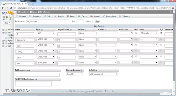 سلام به همه دوستداران  ITPro  ، تو این قسمت میخوایم یه جدول توی دیتابیس ایجاد کنیم واسه ذخیره اطلاعاتی که کاربران زمان ثبت نام وارد میکنن و یه استایل کوچیک هم مینویسیم . تمام فایلهایی که تا الان واسه وب سایت درست کردیم میتونید از این |لینک::http://www.mediafire.com/download/274xa4r479vq987/ITPro.ir_Part2.rar| دانلود کنید . خوب در ابتدا یه تغییر کوچیک توی سایت میدیم و سایت آماده میکنیم واسه کارایی که امروز میخوایم روش انجام بدیم .یه فولدر بنام Pic توی سایت میسازیم و دو تا عکس (از اینجا |دانلود::http://www.mediafire.com/download/b3vnn69nn8e4r1c/pic.rar| کنید) توش کپی میکنیم .خوب حالا هدر سایت تغییر میدیم :
<htm>
                 .
                 .
                 .
<body>
	
    <div id=WhoLogin>
    	<div>
        	<ul>
                <li class=Right id=Login>
                    <a href=#>ورود</a>
                </li>
                <li class=Right id=Username>
                    <a href=#>نام کاربری</a>
                </li>
                <li class=Right id=Letter>
                    <img src=Pic/Letter.png />
                </li>
                <li class=Right id=Message>
                    <img src=Pic/warning.png />
                </li>
                <li class=Right id=Post>
                    <a href=#>ارسال مطالب</a>
                </li>      
                <li class=Left>
                    <input type=text id=txt_search name=txt_search value=جستجو ... />
                </li>
        	</ul>
        </div>
    </div>
    <div id=Header>
    	
    	<div id=SingUp>
                 .
                 .
                 .
<htm>
در بالا میبینید که من یه تگ div بنام  WhoLogin ایجاد کردم و توی این تگ، چند تا تگ دیگه ایجاد کردم .
خروجی :
||https://tosinso.com//files/get/ef6d99a4-8d05-42fb-993d-3b8198fbccd5||
خوب حالا میایم و یه استایل بهش میدیم پس کدهای زیر رو به ادامه کدهای header.css اضافه میکنیم .
<css>
#WhoLogin
{
	background-color: #6260b6;
	margin: 0 auto;
}

#WhoLogin div
{
	margin: 0 auto;
	width: 1200px;
	height: 40px;
	background-color: #6260b6;
	direction: rtl;
}

#WhoLogin ul
{
	list-style-type: none;
}

#WhoLogin li.Right
{
	float: right;
}

#WhoLogin li.Left
{
	float: left;
}
<css>
خروجی :
||https://tosinso.com//files/get/0f0b0620-8b93-42c7-ac39-226c94443074||
از سمت چپ یه فاصله به textbox (جستجو) میدیم و یه فاصله هم به شی های سمت راست صفحه میدیم .
<css>
margin-left: 20px;
<css>
کد بالا رو به قسمت WhoLogin li.Right# اضافه میکنیم .
کد پایید به قسمت WhoLogin li.Left# اضافه میکنیم .
<css>
margin-left: 70px;
<css>
از بالا یه فاصله به تماممی تگهای <li> میدیم ، کد زیر اضافه میکنیم .
<css>
#WhoLogin li
{
	line-height: 40px;
}
<css>
بوسیله کد زیر رنگ و فونت و رنگ لینکهای ورود و ارسال مطالب عوض میکنیم و بصورت دکمه درشون میاریم . کد زیر هم اضافه میکنیم :
<css>
#WhoLogin li#Login a, #WhoLogin li#Post a
{
	text-decoration: none;
	color: #CCC;
	font: Arial, Helvetica, sans-serif;
	font-size: 14px;
	font-weight: bold;
	
	padding: 7px 20px;
	border: 1px solid #999;
	background-color: #3f44a0;
}
<css>
یکمی هم دو عکس کوچیک میکنیم و یه فاصله از بالا بهش میدیم ، کدهای زیر اضافه میکنیم .
<css>
#WhoLogin #Message img
{
	width: 25px;
	margin: 8px 0 0 0;
}

#WhoLogin #Letter img
{
	width: 30px;
	margin: 7px 0 0 0;
}
<css>
خروجی :
||https://tosinso.com//files/get/b169c2dc-764a-47d8-bfd3-0e846e70d3b4||
خوب الان یه استایل به textbox (جستجو) و  لینک نام کاربری میدیم ، کدهای زیر اضافه میکنیم .
<css>
#WhoLogin #Username a
{
	text-decoration: none;
	color: #CCC;
	font: Arial, Helvetica, sans-serif;
	font-size: 15px;
	font-weight: bold;
}

#WhoLogin #txt_search
{
	color: darkgrey;
	height: 22px;
	width: 230px;
}
<css>
||https://tosinso.com//files/get/076a30a9-99f3-4c5d-a02e-aff001a65d90||
واسه اینکه اون فضای خالی بالا از بین بره، کد زیر اضافه میکنیم به قسمت SingUp ul# :
<css>
margin: 0;
<css>
خروجی :
||https://tosinso.com//files/get/f779506d-b225-4696-9b70-668e083d573c||
خوب الان میایم زوم میکنیم ببینیم همه چی درسته ؟!
||https://tosinso.com//files/get/8645571a-b0d1-403a-a96a-18cf647de673||
خوب مثل اینکه درست کار میکنه و با زوم کردن قالب سایتمون بهم نمی ریزه .
حالا میایم border-bottom اضافه میکنیم به قسمت WhoLogin#  .
<css>
border-bottom: 1px solid #5d26a0;
<css>
یه خروجی میگیریم .
||https://tosinso.com//files/get/f8c6daf3-5808-4587-bb59-e07fb8f87cfa||
دوباره میایم زوم میکنیم ببینیم این بارم جواب میگیریم یا نه!!
||https://tosinso.com//files/get/f957292f-b6e8-4cf0-87c7-ef5dc635becb||
:-(  مثل اینکه یه جای کارمون درست انجام ندادیم .
این بخاطر اینه که عرض تگ <div> بنام WhoLogin بزرگ نمیشه پس میایم و کد زیر رو اضافه میکنیم به قسمت WhoLogin# .
<css>
min-width: 1200px;
<css>
||https://tosinso.com//files/get/a53f4d5a-250b-476a-8f97-431bd6e7996d||
:-)  درست شد .
خوب الان یه استایل مینویسیم تا زمانی که نامه و پیغامی گیرمون میاد زبر دو تا عکس تعداد نامه و پیغام بهمون نشون بده ،فرض کنیم که یه پیغام داریم و 2 تا هم نامه .در ابتدا یه تغییر کوچیک توی header.php میدیم .
<htm>
                      .
                      .
                      .
</li>
                <li class=Right id=Letter>
                    <div id=Num_Letter><label class=Number>2</label></div>
                    <img src=Pic/Letter.png />
                </li>
                <li class=Right id=Message>
                	<div id=Num_Message><label class=Number>1</label></div>
                	<img src=Pic/warning.png />
                </li>
                <li class=Right id=Post>
                      .
                      .
                      .
<htm>
دو تگ <div> بنامهای  Num__Letter  و  Num__Message  میسازیم که توشون یه label میزاریم .
خروجی :
||https://tosinso.com//files/get/7d3924d4-947b-42a5-8246-30269f65d0b7||
خوب واسه اینکه این بهم ریختگی درست بشه کد زیر اضافه میکنیم .
<css>
#WhoLogin #Num_Letter, #WhoLogin #Num_Message
{
	position: absolute;
}
<css>
یه بار دیگه خروجی میگیریم :
||https://tosinso.com//files/get/e3779315-5d34-4e33-a8c7-ff2d1dd1ca6f||
دو تا عکس و textbox (جستجو) پشت این دوتا عدد قرار دارن، واسه اینکه بهتر بفهمید میایم border میزاریم واسه این عدد ها .کد زیر رو به قسمت WhoLogin #Num__Letter, #WhoLogin #Num__Message# اضافه میکنیم .
<css>
border: 2px solid green;
<css>
کد زیر رو اضافه میکنیم .
<css>
#Num_Letter .Number, #Num_Message .Number
{
	border: 2px solid red;
}
<css>
||https://tosinso.com//files/get/6400ee62-426b-4a42-864c-ea42ffb09252||
حالا که متوجه شدید این دو تا border حذف کنید .خوب الان میایم عرض و ارتفاع تگ <div> بنامهای Num__Letter  و  Num__Message کوچیک میکنیم، background-color بهش میدیم و وسط چینش میکنیم تا مشکلات بالا رفع بشه .کدهای زیر رو به ادامه قسمت WhoLogin #Num__Letter, #WhoLogin #Num__Message# اضافه میکنیم .
<css>
width: 16px;
height: 16px;
border: 2px solid #67000a;
background-color: #a4000f;
text-align: center;
<css>
خروجی :
||https://tosinso.com//files/get/42292834-e4e5-4ff0-b537-7ee7121c7da0||
کمی بهتر شد ، حالا میایم کمی بهترش میکنیم ، کد زیر به ادامه قسمت Num__Letter .Number, #Num__Message .Number# اضافه میکنیم .
<css>
padding-right: 2px;
font-family: Arial, Helvetica, sans-serif;
font-size: 13px;
color: #FFF;
line-height: 17px;
<css>
خروجی :
||https://tosinso.com//files/get/6676bf60-d3d2-42c6-8dbf-1d1f0d474d27||
خوب الان میایم گردش میکنیم و یه خورده میاریمش پایین سمت چپ ،
 کد زیر رو به ادامه قسمت  WhoLogin #Num__Letter, #WhoLogin #Num__Message#  اضافه میکنیم .
<css>
border-radius: 50px;
margin: 20px 12px 0 0;
<css>
خروجی :
||https://tosinso.com//files/get/6a5b8cb9-823d-4919-9760-0e4b08ed912e||
الان خیلی بهتر شد ، فعلاً نامه یا پیغامی نداریم باید جدول نامه و پیغام و... درست کنیم و با کد نویسی تعدادشو محاسبه کنیم اینو فعلاً مخفی میکنیم و به موقش دوباره روش کار میکنیم .کد زیر رو به ادامه کدهای قسمت WhoLogin #Num__Letter, #WhoLogin #Num__Message#  اضافه میکنیم .
<css>
display: none;
<css>
خروجی :
||https://tosinso.com//files/get/4a4a7a26-c53c-4f26-a1ce-fc01d7b58f71||
عنوان سایت خیلی خوب نیست، یه تغییر توی عنوان سایت میدیم ، تگ <div> بنام SingUp (توی فایل header.php) بصورت زیر تغییر میدیم .
<htm>
<div id=SingUp>
    <ul>
        <li id=title>
            ITPro.ir
        </li>
        <li>
            <input type=button id=Btn_SingUp value=ثبت نام name=Btn_SingUp />
        </li>
        <li id=title2>
            <a href=https://tosinso.com/>انجمن تخصصی فن آوری اطلاعات ایران</a>
        </li>
    </ul>
</div>
<htm>
کدهای زیر رو ادامه کدهای header.css اضافه میکنیم .
<css>
#SingUp #title2
{
	margin-left: 20px;
}

#SingUp #title2 a
{
	color: #fff;
	text-decoration: none;
	font-family: Arial, Helvetica, sans-serif;
	font-size: 20px;
	text-shadow: 0px 0px 10px #FFF;
}
<css>
تغییر قسمت SingUp #title# بصورت زیر :
<css>
margin-right: 650px; 
margin-left: 60px;
<css>
تغییر در header.php بصورت زیر :
<htm>
                     .
                     .
                     .
<div id=WhoLogin>
    	<div>
        	<ul>
                <li class=Right id=Login>
                    <a href=Login>ورود</a>
                </li>
                <li class=Right id=Username>
                    .
                    .
                    .
<htm>
href دکمه ورود برابر Login قرار دادیم .
<htm>
                     .
                     .
                     .
<div id=MainMenu>
            <ul>
                <li>
                    <a href=Index>خانه</a>
                </li>
                <li>
                    <a href=#>انجمن</a>
                </li>
                     .
                     .
                     .
<htm>
دکمه ورود رو به دکمه انجمن تغییر دادیم و فعلا href  برابر # قرار دادیم .
||https://tosinso.com//files/get/d0e0ea97-7ba1-414b-b088-b8c5bf8b964c||

تمام فایلهایی که تا الان واسه وب سایت درست کردیم (به همراه کارای این قسمت) میتونید از این |لینک::http://www.mediafire.com/download/iov86jzsm631k7a/ITPro.ir_Part3.rar| دانلود کنید . 
خوب یه جدول بنام tbl__InfoUser واسه ثبت اطلاعات کابران ایجاد میکنیم بصورت زیر :
||https://tosinso.com//files/get/9ca65a18-20db-415c-bf3e-e8adbebab3ee||
||https://tosinso.com//files/get/4aa3434b-6d9c-4ecc-88b1-2f5cbb32807e||
من واسه راحتی کار دستور sql نوشتم ، اولین دستور واسه ایجاد کردن دیتابیس (البته اگه تا الان ایجادش نکردید) و دومین دستور واسه ایجاد کردن جدول مورد نظرمون هست .
<sql>
CREATE DATABASE ITPro COLLATE=utf8_persian_ci
<sql>

<sql>
CREATE TABLE tbl_InfoUser(ID INT NOT NULL AUTO_INCREMENT,PRIMARY KEY(ID),Username VARCHAR(10) NOT NULL,Name VARCHAR(30) NOT NULL,Family VARCHAR(10) NOT NULL,Email VARCHAR(70) NOT NULL,Sex boolean NOT NULL) ENGINE=InnoDB COLLATE=utf8_persian_ci
<sql>

میخواستم توی این قسمت با جدول که در بالا ساختیم کار کنیم که آموزش خیلی طولانی شد، میزاریمش واسه قسمت یعدی ، امیدوارم از این آموزش هم استفاده لازم برده باشید .

نویسنده : مهدی رزمجویی
منبع : |جزیره طراحی و توسعه وب وب سایت توسینسو::https://tosinso.com/web|
هرگونه نشر و کپی برداری بدون ذکر منبع و نام نویسنده دارای اشکال اخلاقی می باشد