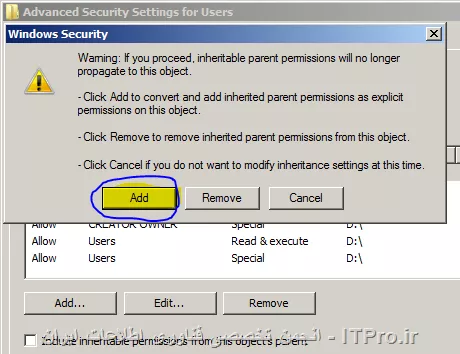 راست کلیک روی فولدر مورد نظر و Properties سپس تب Security دگمه Advanced رو کلیک کنید
||http://network.tosinso.com/files/get/5bab6e55-5639-47e6-997a-600c8de30e1c||
Change Permissions رو انتخاب کنید 
||http://network.tosinso.com/files/get/11538281-c4f8-4096-997c-cef481498c40||
سپس همینجا تیک Include inheritable permissions رو بردارید تا ارث بری ازش گرفته شه
||http://network.tosinso.com/files/get/4b50f913-28ad-4f84-bbb5-632cd375323c||
 تا بتونید به راحتی با تب  Permissions گروه ها یا یوزر های مورد نظرتون رو توسط Set special permissions و دگمه Add انتخاب کنید نکته مهم دیگه ای که در اینجا هست انتخاب گزینه (At Apply To) هست که میتونید این مجوز ها رو برای یک فیال یا فولدر یا ... انتخاب کنید مثلاً اگر This folder only انتخاب کنید این مجوز ها فقط به این فولدر داده میشه و به فایل های داخلی اش داده نمیشه سپس یوزر یا گروه رو از قسمت View or change special permissions انتخاب کنید و با زدن دگمه Edit میتونید دسترسی مورد نظرتون رو به اون فایل یا فولدر برای هر یوزر انتخاب کنید
||http://network.tosinso.com/files/get/90e017bc-8737-4749-a081-132c4bae1117||