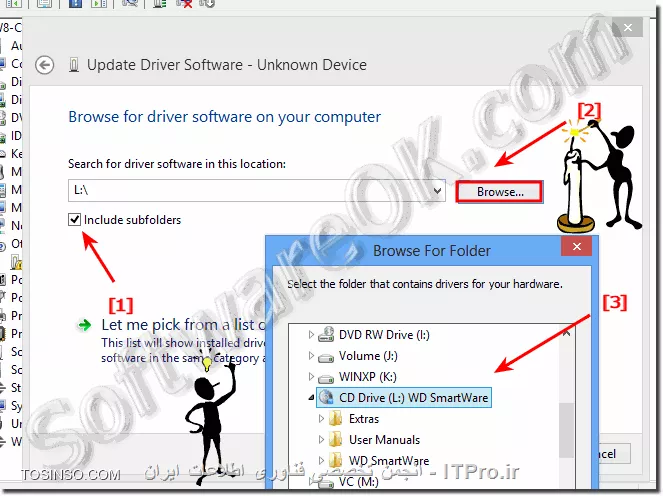 شما تشریف ببرید به Device manager اونجا مطابق تصویر زیر روی آیکونی که زرد رنگ شده راست کلیک کنید و اولین گزینه یعنی Update driver رو بزنید.
||http://programming.tosinso.com/files/get/0212a6ac-38e8-4133-b996-a37b112f140b||
سپس آدرس اینجایی که فرمودید رو بهش بدید تا خودش درایور رو اتوماتیک نصب کنه
||http://programming.tosinso.com/files/get/4b831def-91c5-4731-99b6-f1466e773d8e||