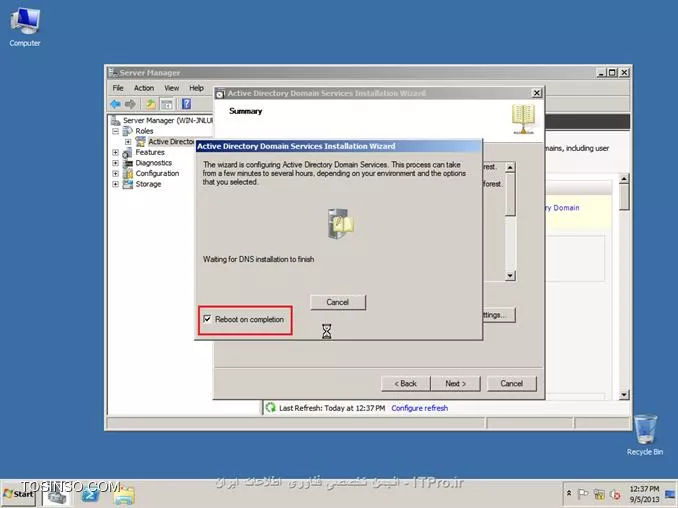 ||http://network.tosinso.com/files/get/465f83f1-ad1d-44fd-97d7-47db2dbdd599||
! راه اندازی یک شبکه قدرتمند محلی تحت دامین-Domain Networking

خب همان طور که از نامش معلوم هست شبکه ما تحت دامین میباشد و با شبکه های Workgroup خیلی تفاوت دارد. در شبکه دامین ما با سیستم عامل سرور یک شبکه راه اندازی میکنیم و بقیه کامپیوتر ها باید به سرور متصل شوند
تا بتوانند از سیستم های خود استفاده کنند همچنین ما در شبکه دامین میتوانیم سطح دسترسی کاربران را به قسمت های مختلف ویندوز محدود کنیم برای مثال از سرور دستور میدهم که کاربر X نتواند از USB استفاده کند و...
در شبکه Domain شما باید روی سرور برای هر کاربر Username و Password تعریف کنید تا کاربران با User و Pass های تایین شده توسط شما بتوانند کامپیوتر های خود را Login کنند.
در این قسمت از سیستم عامل Windows Server 2008 R2 استفاده میکنیم.

*خصوصیات شبکه Domain:*
قابلیت مدیرت هزاران کامپیوتر تنها از یک کامپیوتر ( سرور )
تعیین کردن سطح دسترسی کاربران به قسمت های مختلف سیستم عامل ویندوز
نصب برنامه ها تحت شبکه ( شما تایین میکنید که کاربران بتوانند چه برنامه هایی نصب کنند )
امنیت فوق العاده بالا
انعطاف پذیری بالا در مدیریت کاربران
نصب ویندوز بر روی کامپیوترهای Client عضو شبکه Domain
و......

پیکربندی ویندوز Server 2008 R2 Enterprise:
1- سیستم عامل ویندوز را روی کامپیوتر سرور نصب کنید. سیستم عامل را حتما فعال و Active کنید و ساعت آن را تنظیم کنید.
2- در این قسمت باید سرویس Active Directory را روی ویندوز سرور نصب کنید تا شبکه شما به Domain تبدیل شود. ( ADDC: Active Directory Domain Controller )
2-1: نصب سرویس Active Directory:

روی Start کلیک کنید سپس از Administrative Tools گزینه Server manager را انتخاب کنید:
||http://network.tosinso.com/files/get/d1bb9151-613e-43a6-9396-6d85acb85013||
2-2- در صفحه باز شده روی Roles کلیک کنید سپس Add Roles را بزنید:
||http://network.tosinso.com/files/get/9a64b30c-3142-4369-bca1-a874b86e16c5||
2-3- در این قسمت روی Next کلیک کنید:
||http://network.tosinso.com/files/get/587b1e57-15e6-462f-8a79-c55b970d6213||
2-4- در این قسمت تیک گزینه Active Directory Domain Services را بزنید:
||http://network.tosinso.com/files/get/ff749a6f-06e0-45a4-901e-53d8baa048a6||
2-5- صفحه ای باز میشود و باید روی Add Required Features کلیک کنید:
||http://network.tosinso.com/files/get/3fbe52f7-01e0-45d6-adb0-5fb2c2f42793||
2-6- تیک Active Directory Domain Services زده شد حالا روی Next کلیک کنید:
||http://network.tosinso.com/files/get/524e7fd5-206f-47f3-854a-efe49c96326d||
2-7- روی Next کلیک کنید:
||http://network.tosinso.com/files/get/2e1a28d8-acb0-4701-a7ae-9f42e86e1968||
2-8- روی Install کلیک کنید تا سرویس Active Directory نصب شود:
||http://network.tosinso.com/files/get/162dd0de-588b-4136-aaa4-2104315ab108||
2-9- در حال نصب:
||http://network.tosinso.com/files/get/6489b5cd-83f0-4b66-a890-eaa10b5c4660||
2-10- روی Close کلیک کنید تا نصب به اتمام برسد:
||http://network.tosinso.com/files/get/1b8b18aa-6986-418a-b01e-6b59c2ca8d5d||
2-11- روی Start کلیک کنید سپس از Administrative Tools گزینه Server manager را انتخاب کنید.
روی Roles کلیک کنید سپس روی Active Directory Domain Services کلیک کنید:
||http://network.tosinso.com/files/get/dee593d9-243f-44b2-93bc-6b300fe7d76c||
2-12- روی Run the Active Directory Domain Services Installation Wizard dcpromo.exe کلیک کنید:
||http://network.tosinso.com/files/get/3a44e3d2-068c-4c3d-9b58-80f609dbc2ad||
2-13- روی Next کلیک کنید:
||http://network.tosinso.com/files/get/3e5f84e4-a44a-4fad-8f5d-9f4ceb6e859f||
2-14- روی Next کلیک کنید:
||http://network.tosinso.com/files/get/2305697b-c67d-47d3-8601-cc7be14bc60a||
2-15- تیک گزینه Creat a new domain in a new forest را بزنید و روی Next کلیک کنید:
||http://network.tosinso.com/files/get/8dba017d-96aa-4fe6-bf36-681a52f70056||
2-16- در این قسمت باید برای دامنه شبکه دامین یک نام انتخاب کنید. دقت کنید که باید از 2 یا 3 کلمه تشکیل شود و بین آن ها نقطه ( . ) گذاشته شود. سپس روی Next کلیک کنید:
||http://network.tosinso.com/files/get/82dff6dd-706c-4bba-90b1-96701c4711e3||
2-17- در این قسمت از بالا ( Forest fuctional level ) گزینه Windows server 2008 R2 را انتخاب کنید و روی Next کلیک کنید:
||http://network.tosinso.com/files/get/781a032f-d08e-4aa9-bbfe-f0a3ed1ca1eb||
2-18- در این قسمت مطمئن باشید که تیک گزینه DNS خورده باشد سپس روی Next کلیک کنید:
||http://network.tosinso.com/files/get/f9000eaf-8a56-439c-b3f8-d985a60c39c0||
2-19- در این قسمت باید نوع سیستم IP دهی به شبکه را انتخاب کنید که DHCP و Manual میباشد من در اینجا ار IP دهی Manual استفاده میکنم و IP کارت های شبکه را دستی تنظیم میکنم
پس ابتدا IP سرور را دستی تنظیم کنید سپس گزینه زیر را انتخاب کنید:
||http://network.tosinso.com/files/get/82ea3931-05e4-4aea-99f3-969ef43e0458||
IP که من تنظیم کردم:
||http://network.tosinso.com/files/get/8154f867-bb10-4d7b-8e89-260cebf69a2b||
IP Address: 192.9.200.77 این IP باید در رنج IP ها و روترهای داخل شبکه باشد.
Subnet Mask: 255.255.255.0 باید همین مقدار باشد: 255.255.255.0
Default Geteway: 192.9.200.50 باید IP مودم یا روتر اینترنت باشد تا به اینترنت دسترسی داشته باشد.
2-20- سپس روی Next کلیک کنید و Yes را بزنید:
||http://network.tosinso.com/files/get/ea8c50c0-9f6d-4b9f-a188-7ea6f9e099d5||
2-21- روی Next کلیک کنید:
||http://network.tosinso.com/files/get/8065e660-4640-4674-a0ce-a263e88611f7||
2-22- در این قسمت برای بازیابی Active Directory یک رمز وارد کنید ( رمز شما باید ترکیبی از حروف کوچک حروف بزرگ و اعداد و کاراکتر یاشد ) سپس روی Next کلیک کنید:
||http://network.tosinso.com/files/get/f7579a6a-96f7-49b2-88d8-e51c2efbae91||
2-23- روی Next کلیک کنید تا تنظیمات اعمال شود:
||http://network.tosinso.com/files/get/01968a4a-546e-4e3b-9b0a-0577c06aaa91||
2-24- در این قسمت تیک گزینه Reboot on completion را بزنید تا بعد از اتمام نصب و تنظیمات سرور ریست شود:
||http://network.tosinso.com/files/get/4bf0cd9d-497e-4e7c-a2b6-07c6bdc59e00||
خب تا اینجا توانستیم شبکه Domain را روی سرور راه اندازی کنیم. حالا باید کامپیوترهای کاربران و کلاینت ها را عضو این شبکه کنیم.
||http://network.tosinso.com/files/get/2953c08f-ffda-4765-a24f-b57b27b1acb9||
! join کردن کامپیوتر ها به سرور
عضو کردن کامپیوترهای کاربران و کلاینت ها به شبکه Domain:
تعریف Username و Password برای یک یا چتد کاربر روی ویندوز سرور:
خب شما ابتدا باید روی سرور برای هر کاربر و کلاینت یک نام کاربری و رمز عبور تعریف کنید تا کاربران بتوانند وارد حساب کاربری خود شوند.
1- روی Start کلیک کنید سپس از Administrative Tools گزینه Server manager را انتخاب کنید.
به مسیر زیر بروید:
<c#>
Roles > Active Directory Domain Services > Active Directory users and Computers > Domain name > Users
<c#>
Domain name همان اسمی هست که برای شبکه Domain انتخاب کردید.
||http://network.tosinso.com/files/get/3643b8f5-fd04-49bd-afe5-70167391d2e2||
2- روی Users کلیک راست کنید و New user را بزنید:
||http://network.tosinso.com/files/get/5ad37cf3-02f0-47f7-9f82-91d39d93a7c9||
3- First name: نام کاربر را وارد کنید.

Last name: اسم فامیل کاربر را وارد کنید.

User logon name: نام کاربری کاربر برای وارد شدن به سیستم را وارد کنید.
سپس روی Next کلیک کنید:
||http://network.tosinso.com/files/get/60bb779e-6856-40b1-93ff-80b3c7021f24||
4- در این قسمت برای User که ساختید پشورد بزارید و همه تیک ها را بردارید و روی NExt کلیک کنید ( پسورد ترکیبی از اعداد حروف کوچک و بزرگ و کاراکتر باشد )
||http://network.tosinso.com/files/get/2591bc9d-892f-4d2c-9123-0c27023ee07c||
5- روی Finish کلیک کنید:
||http://network.tosinso.com/files/get/5a60ff1d-80d2-4d32-87e6-959e80df3dfc||
6- User ما بر روی سرور ساخته شد.

به کامپیوتر کاربر یا کلاینت بروید سپس IP آدرس برای آن کلاینت تعریف کنید ( IP باید در رنج IP سرور و شبکه باشد )
IP Address: آدرس IP در رنج شبکه و سرور ( تکراری نباشد )
Subnet Mask: باید 255.255.255.0 باشد
Default geteway: باید IP روتر یا مودم اینترنت باشد
Prefered DNS Server: که خیلی مهم میباشد باید IP سرور را وارد کنید اگر وارد نکنید امکان عضویت و بر قراری ارتباط با سرور را ندارید.
||http://network.tosinso.com/files/get/7120de2c-28be-4b06-b6bb-5dea7c2b1fa0||
6- روی Computer کلیک راست کنید و Properties را بزنید سپس روی Change settings کلیک کنید:
||http://network.tosinso.com/files/get/6448080b-1d7a-4f29-b68a-e22e062d076a||
7- روی Change کلیک کنید:
||http://network.tosinso.com/files/get/4268e27b-a4e8-40cf-ad0a-d49da540731d||
8- تیک گزینه Domain را بزنید و نام Domain که در سرور موقع نصب Active Directory انتخاب کردید را وارد کنید و OK را بزنید:
||http://network.tosinso.com/files/get/5c2cd75d-4a84-4a5a-9075-2672ada1bd65||
9- از شما USER Name و Password میخواهد:
||http://network.tosinso.com/files/get/4a3f8a04-0fc3-402d-bba6-4957033a51ff||
Username باید Administrator را وارد کنید و Password را رمز عبور ویندوز سرور 2008 سپس Ok را بزنید:
10- پیام خوش آمد گویی به شما نمایش داده میشود. این یعنی این که کاربر شما عضو شبکه Domain شد. روی OK کلیک کنید:
||http://network.tosinso.com/files/get/ba3a7f60-7726-457f-af71-9cec5e2c5a65||
11- از شما میخواهد کامپیوتر را ریست کنید رو OK کلیک کنید:
||http://network.tosinso.com/files/get/78b86ffc-d746-48f7-afbe-5e5df898929f||
سپس Close را بزنید و Restart now را بزنید.
12- سیستم کاربر که روشن شد به شما میگه مه CTRL + ALT + Delete را بزنید تا Login شوید:
||http://network.tosinso.com/files/get/18282e58-64b6-46c1-adb1-c3291cb96d40||
13- روی Switch User کلیک کنید:
||http://network.tosinso.com/files/get/52f35079-78d5-4633-bd7f-a71623317de8||
14- Other User را بزنید:
||http://network.tosinso.com/files/get/6b9d9841-f62d-48f3-a6ff-215ce30e2824||
15- User name و Password که در سرور برای کاربر تعریف کردید را وارد کنید تا Login شود:
||http://network.tosinso.com/files/get/5d6df99e-ab52-4b11-80f9-630070acbe20||
||http://network.tosinso.com/files/get/e51322cc-c0f7-4ffc-ade0-f0dc086b4188||
16- کاربر شما با موفقیت عضو شبکه Domain شد
||http://network.tosinso.com/files/get/4b8fb913-5ae3-40bb-b733-f01b85f970a1||
موفق باشید.