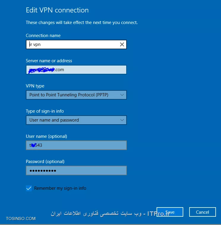 میگه یا user name  یا password  اشتباهه که با همین یوز نیم و پسورد با ویندوز 7 به vpn  کانتکتیم 
و در ادامه پیام میگه شاید دارین از پروتکل اشتباهی استفاده میکنید که من از پروتکل pptp  استفاده میکنم 
||http://network.tosinso.com/files/get/21ea3dd3-7c9c-4459-bd72-acf25926704c||||http://network.tosinso.com/files/get/4bf4db1b-96f9-43c2-9c50-99a08e7482c0||