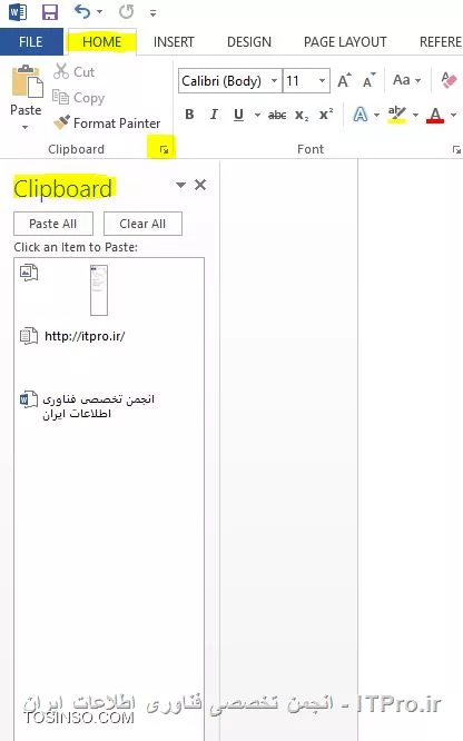 تنظیمات Clipboard در نرم افزار Word جهت انجام Copy و Cutهای پی در پی و Paste نمودن آنها