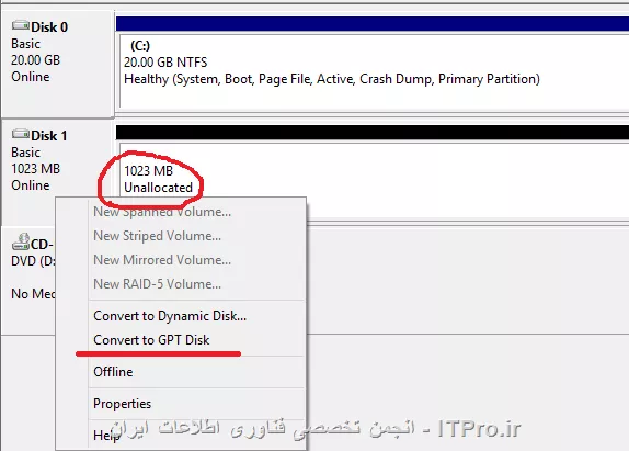 زمانی که هارد جدید رو به سیستم وصل میکنید و در disk managment میرید پیغامی مبنی بر این میاد که شما MBR میخوایید یا GPT اگر این پیام رو جواب ندادید روی هارد در همون Disk Managment  راست کلیک کنید و initialize disk رو بزنید میتونید MBR یا GPT کنید مطابق تصویر زیر
||http://network.tosinso.com/files/get/d92ce6e3-a6b6-4763-a0c7-0eb5bad45821||
||http://network.tosinso.com/files/get/eb841b6c-71ff-447a-adc0-3e6fcf9940fd||
اگر شما MBR زده باشید و بخوایید تبدیلش کنید به GPT باید روی همون دیسک راست کلیک کنید و Convert to Gpt بزنید یا اگر GPT بزنید میتونید convert to mbr بزنید  اما کلاً حالت convert روی دیسک های unaloucated کار میکنه
||http://network.tosinso.com/files/get/4c941e45-fc10-449b-82fe-4629b7308a5d||
و اگر شما پارتیشنی رو برای هاردتون در نظر گرفته باشید نمیتونید convert رو بزنید
||http://network.tosinso.com/files/get/15b9f548-524c-4b37-b6c1-7e0d3510c958||
این موارد در ویندوز هست ولی شما میتونید توسط انواع نرم افزار های جانبی دیگه این کار رو انجام بدید