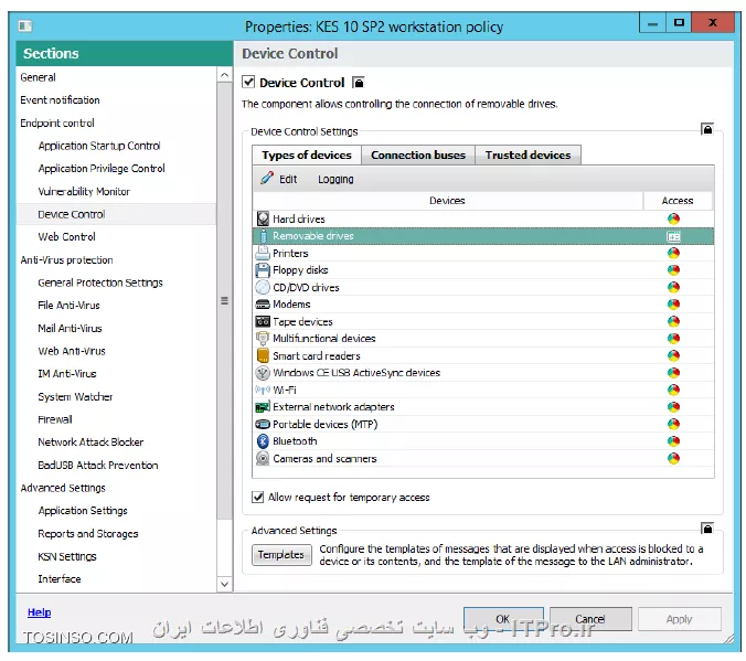 !! اجازه نوشتن روی USB flash برای کاربران دومین 
در این آزمایش تنظیمات  Device Control را برای Kaspersky Endpoint Security policy طوری تنظیم می کنیم که کاربران دومین بتوانند تحت Domain users group قابلیت نوشتن روی فلش مموری ها را داشته باشند 

- Security-Center

1- وارد پراپرتیس KES 10 SP2 workstation policy شوید 

2- وارد منو Device Control شوید 

3- حالا روی Removable drives و روی Logging کلیک کنید 

||https://tosinso.com/files/get/4d2aa176-83a9-4e12-a939-35f3c7b1a038||

4- روی Select کلیک و در گروه Everyone روی OK کلیک کنید 

||https://tosinso.com/files/get/34d8a032-0fcb-4c91-8b12-421841a7f028||

5- روی تب Trusted devices سوییچ کنید 

6- روی Add کلیک کنید 

7- روی لیست گزینه Devices by ID انتخاب شود 

8- در Computer name و بنویسید PC1 و روی Refresh کلیک کنید 

9- روی خودتان USB drive  کلیک کنید 

||https://tosinso.com/files/get/b6874ae2-cfc0-4a12-955e-d384702b2abb||

10- کلیک Select و بر روی Domain Users مدنظرتان کلیک کنید و OK را بزنید 

||https://tosinso.com/files/get/16e2fc06-c986-4e5b-b22b-b1dc5de6ab67||

11- بر روی Advanced Settings\Reports and Storages کلیک کنید 

||https://tosinso.com/files/get/9290ea0d-d3a7-4380-a6c1-b70837f14c16||

12- در Notifications روی Settings کلیک کنید 

||https://tosinso.com/files/get/6733bbf7-0a10-4893-bd78-040833060941||

13- بر روی Device Control کلیک کنید 

||https://tosinso.com/files/get/73fd6ae7-d95d-461b-a16c-2dcb1d385122||

14- انتخاب کنید Save in local log و بخش رخدادی File operation performed رفته و روی OK کلیک کنید 

||https://tosinso.com/files/get/0855fe96-a856-4f70-afb4-6b95ee272b08||

15- پالیسی را OK کنید و صبر کنید تا پالیسی اعمال شود 

16 حالا فایلی را داخل فلش مموری در کپی کنید ( PC1 ) اینجا فایلی را به نام invoice.txt را قرار دادیم 

17- مطمئن شوید که Kaspersky Endpoint Security اجاره نوشتن را داده است 

18- انتخاب کنید Administration Server و داخل تب Reports شوید 

19- انتخاب کنید Report on file operations on removable drives

20- داخل گزارشات روی Show report کلیک کنید 

||https://tosinso.com/files/get/5e2e7578-7d37-40b1-9278-63d5df9ed0df||

21- شکل نهایی گزارش به صورت زیر باید باشد 

||https://tosinso.com/files/get/2cbc4314-18c5-49e3-94f7-6b73a106998e||

نویسنده : سید احمد توسلی
منبع : |جزیره امنیت اطلاعات و ارتباطات وب سایت توسینسو::https://tosinso.com/security|
هرگونه نشر و کپی برداری بدون ذکر منبع و نام نویسنده دارای اشکال اخلاقی است