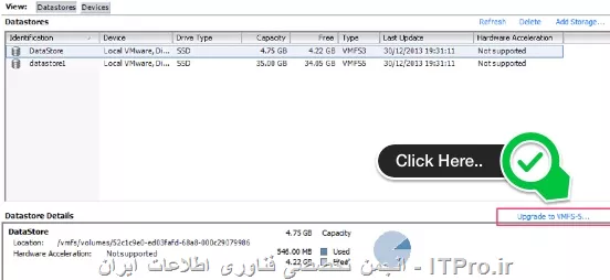 سلام
روش اول: استفاده از vSphere Client
به وسیله vSphere Client به vCenter متصل شوید، به هاست و دیتا استور مورد نظر بروید.
||http://virtualization.tosinso.com/files/get/4d31661c-c6aa-4a12-8178-4a7760441380||
اکنون بر روی Upgrade to VMFS 5 کلیک کنید.


روش دوم: استفاده از esxcli
||http://virtualization.tosinso.com/files/get/b67e7b77-3d36-42dc-ae19-bfde5ad64de0||
با استفاده از دستور زیر:
~ # esxcli storage vmfs upgrade -l Datastore