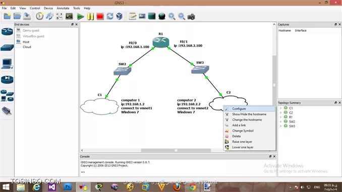 با سلام خدمت دوستان ITpro ای
برای اتصال gns3  به VMware با یه مثال ساده توضیح میدم.مطابق شکل زیر یه شبکه طراحی کنید .
||http://network.tosinso.com/files/get/4d770a27-c723-421e-b19b-5fe3da00a989||
سپس بر روی cloud راست کلیک کنید و configure رو انتخاب کنید و در پنجره ظاهر شده بر روی نام cloud کلیک کرده و از سربرگ NIO ethernet در قسمت مشخص شده در شکل کارت شبکه مورد نظر رو انتخاب کنید و بر روی دکمه Add کلیک کنید(برای اینکه لیست کارتهای شبکه که توسط VMware ایجاد شدن رو مشاهده بکنین حتما باید GNS3 رو با سطح دسترسی Administrator اجرا کرده باشین )
||http://network.tosinso.com/files/get/69819a56-94ec-4fdd-b9c7-b4d233fe329d||
