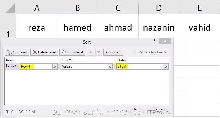با سلام خدمت همه ITPRO های عزیز و دوستداشتنی ،یکی از مباحث بسیار کاربردی در مجموعه نرم افزار آفیس قابلیت مرتب سازی یا همان Sort می باشد. این قابلیت در نرم افزار اکسل بسیار پرکاربرد تر و برجسته تر می باشد چون معمولا بحث محاسبات در این نرم افزار صورت می گیرد این ویژگی کمک زیادی به کاربران آن در انجام راحت تر این محاسبات و  مرتب سازی آنها می کند. مثلا همین الان کاربران برتر در این وب سایت را در نظر بگیرید که به ترتیب از امتیاز بالا به پایین مرتب شده اند این یک نمونه مرتب سازی  نزولی می باشد.
ما در این مقاله به بررسی انواع مرتب سازی یا SORT می پردازیم.

*1- مرتب سازی ستونی (Columns)*
*2- مرتب سازی سطری (Rows)*
*3 - مرتب سازی صعودی (از A به Z) بر اساس محتویات سلول ها *
*4 -مرتب سازی نزولی (از Z به A) بر اساس محتویات سلول ها *
*5- مرتب سازی بر اساس یک یا چند ستون یا سطر *
*6 - مرتب سازی بر اساس لیست*
*7 - مرتب سازی بر اساس رنگ سلول ها *
*8 - مرتب سازی بر اساس رنگ فونت محتویات سلول ها*
*9 - مرتب سازی بر اساس آیکون های سلول ها* 

در ادامه به توضیح مصور تک تک انواع مرتب سازی ها می پردازیم .

*1- مرتب سازی ستونی (Columns)*
*2- مرتب سازی سطری (Rows)*
در تعریف مرتب سازی در اکسل اکثر کاربران فکر می کنند که اکسل فقط قادر به *مرتب سازی بصورت ستونی* می باشد و با انتخاب محدوده ستون های مورد نظر می توانند یکی از انواع مرتب سازی را پیاده سازی کنندکه این تصوری اشتباه است . اما در اینجا باید گفت که اکسل قابلیت *مرتب سازی بصورت سطری* را نیز دارد و شما قادر هستید محتویات سلول هایتان را به دو روش ستونی و سطری انجام دهید.
برای تغییر نوع مرتب سازی از ستونی به سطری و یا بالعکس با انتخاب چند سطر یا ستون ، از منوی Home بخش Editing و انتخاب کشوی باز شو گزینه Sort & Filter گزینه Custom sort را انتخاب می نماییم.

||http://tosinso.com/files/get/aef4c430-1c23-45c9-ab4d-ceeb7d11d996||

و از پنجره ظاهر شده گزینه Options را انتخاب می نماییم . پنجره کوچکی باز می شود که شامل دو گزینه مرتب سازی می باشد که بصورت پیشفرض روی حالت ستونی به نام  Sort Top To Bottom تنظیم شده است . چنانچه شما نیاز به مرتب سازی بصورت سطری دارید گزینه Sort Right To Left را انتخاب نمایید.

||http://tosinso.com/files/get/3b88b710-e31d-42ad-9e81-d707b8a4d7dc||

*3 - مرتب سازی صعودی (از A به Z) بر اساس محتویات سلول ها *
یکی از ساده ترین روش های مرتب سازی می باشد که با انتخاب یک ستون یا سطر  محتویات آن را از *کوچک به بزرگ* مرتب می کند که اصطلاحا به آن Ascending  و یا Lowest To Highest می گویند.

*نمونه مرتب سازی ستونی *
انتخاب ستون مورد نظر
||http://tosinso.com/files/get/adc2afb5-3ae6-4002-902b-3f6ab83425d3||
اعمال مرتب سازی صعودی بر روی ستون مورد نظر
||http://tosinso.com/files/get/90dfc43b-ee01-4676-af2b-b2ff99df24ec||

*نمونه مرتب سازی سطری *
انتخاب سطر مورد نظر
||http://tosinso.com/files/get/eeb92dc6-a95c-4086-88cd-eede05796ee2||

انجام تنظیمات مرتب سازی جهت سطرها
||http://tosinso.com/files/get/02bf1c7a-3b42-4d5d-b033-cf0a13849c1c||
||http://tosinso.com/files/get/cc1c1da7-e494-45db-a1e3-358a39cf1804||

اعمال مرتب سازی صعودی بر روی سطر مورد نظر
||http://tosinso.com/files/get/ae428173-83c2-499b-802d-5cd8421aa9d3||

*4 -مرتب سازی نزولی (از Z به A) بر اساس محتویات سلول ها *
یکی از ساده ترین روش های مرتب سازی می باشد که با انتخاب یک ستون یا سطر  محتویات آن را از *بزرگ به کوچک* مرتب می کند که اصطلاحا به آن descending  و یا Highest To Lowest می گویند.

*نمونه مرتب سازی ستونی *
انتخاب ستون مورد نظر
||http://tosinso.com/files/get/7995c07a-4460-408b-a644-94af880a6474||

انتخاب گزینه مرتب سازی نزولی
||http://tosinso.com/files/get/ccb34725-6111-4a64-a741-1780fe63a952||

اعمال مرتب سازی نزولی بر روی ستون مورد نظر
||http://tosinso.com/files/get/11e7af17-eccf-4c59-bf04-4731031c79f1||


*نمونه مرتب سازی سطری *
انتخاب سطر مورد نظر
||http://tosinso.com/files/get/8b63156a-0b2f-4ba4-9acc-952b33c0d332||

انجام تنظیمات مرتب سازی جهت سطرها
||http://tosinso.com/files/get/4db812c0-4dc5-447b-aaf2-340afece0d0f||

اعمال مرتب سازی نزولی  بر روی سطر مورد نظر
||http://tosinso.com/files/get/a5f86ac4-bb43-454f-8651-2b322d5f8c66||

خوب تا اینجا روش مرتب سازی صعودی و نزولی روی یک ستون و سطر را آموزش دادیم در بخش دوم این مقاله مرتب سازی های پیشرفته و متنوع تری را آموزش خواهیم داد پس با ما در بخش دوم این مقاله همراه باشید .


نویسنده : احمد نظری
منبع : |جزیره مبانی کامپیوتر و مهارت های هفتگانه وب سایت توسینسو::https://tosinso.com/icdl|
هرگونه نشر و کپی برداری بدون ذکر منبع و نام نویسنده دارای اشکال اخلاقی می باشد.  