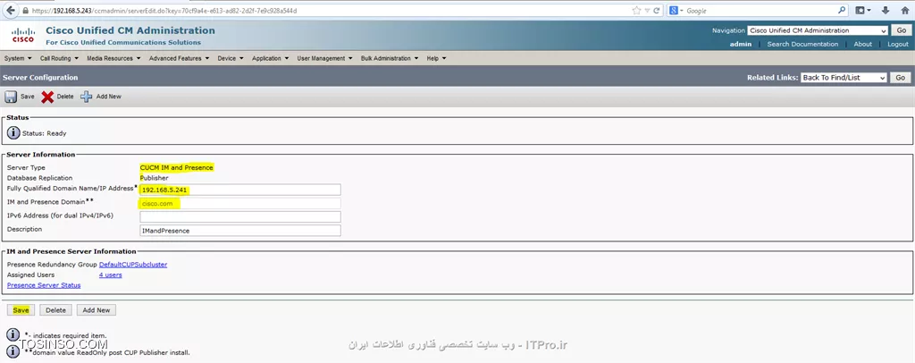 **!! نحوه راه اندازی *Cisco Jabber* بروی انواع *Device  *ها :**

مقدمه:
 *Cisco jabber*  نرم افزاریست ارائه شده از طرف شرکت سیسکو برای ارتباط های  Text Messaging  (به صورت گروهی و یا فردی ) و به اشتراک گذاری فایل ها ، Voice & Video Calling و به اشتراک گذاری Desktop  که ذکر این مطلب الزامیست ،برای استفاده از سیستم کنفرانس چه صوت و چه تصویر نیاز به راه اندازی سرویس  WebEx میباشد.
||Jaber::http://tosinso.com/files/get/c430cf1c-e2d1-415a-bd9a-ec183652fe7f||
از جمله امکانات این مجموعه سرویس میتوان به این نکته اشاره داشت ، (مانند نرم افزار Lync  در مایکروسافت ) شما میتوانید آن را بروی گوشی تلفن همراهتان ، کامپیوتر شخصی خود (PC) ، تبلت و لب تاپتان داشته باشید و در صورت نیاز ادامه مکالمه خود را به device  دیگری انتقال دهید . مثلا فرض کنید بروی میز کار خود یک تلفن 7940  دارید و با مدیرتان مشغول صحبت هستید و در همین حین برای شما کاری پیش می آید و مجبور هستید از پشت میز خود بلند شوید در این حالت میتوانید مکالمه خود را به تلفن همراهتان منتقل کنید و هم به کارتان برسید و هم دیگر نیازی به قطع کردن مکاله خود ندارید که این جابجایی در صورت داشتن سرویس  WebEx  میتواند حتی به صورت خارج از شبکه داخلی شرکت و بروی اینترنت هم ادامه پیدا کند. شما میتوانید این سناریو را در مکالمه تصویری  نیز در نظر بگیرید.
||http://tosinso.com/files/get/4bd12c07-602e-4522-acbb-df729e9b5955||
برای راه اندازی این سرویس باید زیر ساخت مورد نیاز آن را فراهم کنیم، که شامل راه اندازی Cisco Unified Call Manager  یا همان CUCM  و  Cisco Unified IM & Presence میشود.
!! در ادامه نحوه راه اندازی IM & Presence  و Integrate  کردن آن با CUCM را  توضیح داده و سپس نرم افزار Jabber  را توضیح خواهم داد.
ذکر چند نکته خالی از لطف نیست:
!! 1- همخوانی سرور های  CUCM  و IM & Presence  (در اینجا از نسخه 11 استفاده شده است)
2- اطمینان از داشتن منابع کافی بروی سروری که بروی آن این سرویس ها را نصب کرده ایم.
!! 3- اطمینان از برقراری درست سرور IM,CUCM و نرم افزار لایسنس (Cisco Prime)
4- برای برقراری تماس ها (voice & Video) نیاز به Assign  کردن شماره داخلی خاص به هر Jabber Account  داریم.
!! 5- اطمینان از راه اندازی همه ی سرویس های مورد نیاز بروی هر دو سرور IM&P  و CUCM


ابتدا میبایست CUCM  را به IM&P متصل کنیم برای این کار میبایست مانند زیر عمل کنیم:
-	ابتدا سرور IM&P  را معرفی میکنیم ، برای این کار در CUCM  به منوی System  و سپس Server  بروید:

دقت شود که قسمت های هایلایت شده حتما مانند شکل پر شوند و قسمت هایی که تیک خورده شده مانند آن تیک خورده شود و  آیتم های انتخابی مانند شکل انتخاب شوند.”
||http://tosinso.com/files/get/b7119000-5873-47fb-bd2a-47b40a4eef2f||
||http://tosinso.com/files/get/4e8c88d9-08f5-48a1-bff2-ef5f5f4c25de||
||http://tosinso.com/files/get/64fe8457-7b19-4115-bf21-39b786caaf98||
-	در CUCM  و در منوی SIP Trunk Security  یک پروفایل جدید بسازیم.
||http://tosinso.com/files/get/6856afdd-7183-46e7-b2cf-dbf289761fac||
برای رسیدن به این منو میتوانید از مسیر زیر استفاده کنید:
||http://tosinso.com/files/get/58e3f3a1-96e9-4add-bad9-f4c27c21dd07||
-	حال نوبت ساخت Trunk  است:
برای برقراری ارتباط میان IM&P  و CUCM  یک Sip Trunk  میان این دو سرور میسازیم

||http://tosinso.com/files/get/84225b83-ffb4-403b-b8f1-610639d09146||
||http://tosinso.com/files/get/7ec37180-e4ec-447e-a017-6ec8a39673e2||
||http://tosinso.com/files/get/6cc39e87-238e-4bf5-824c-1d07aa574474||
-	در Sip information  و در قسمت Destination Address  آدرس سرور IM&P  را وارد میکنیم که با پورت شماره 5060 این Trunk  برقرار خواهد شد.
-	SIP Profile  حتما بروی Standard SIP Profile  قرار خواهد داشت.

حال به سرور IM&P  مراجعه میکنیم: 
CUCM ip address:192.168.5.243
IM&Presence ip address:192.168.5.241
حال برای برقرای Trunk  باید یک پروفایل در IM&P بسازیم ولی نکته ی مهم آن است که مانند شکل زیر میباست در قسمت   CUCM IM and Presence Publish Trunk  همان Trunkی که در CUCM  ساختیم را انتخاب کنیم:

||http://tosinso.com/files/get/27ad5a90-76a2-4e32-81d3-440a4d9609e0||

نکته مهم دیگر این است که IM&P  مانند یونیت های دیگر Unified communication  در سیسکو نیست و بصورت یکپارچه با خود CUCM  کار میکند مثلا لایسنس خود را از آن میگیرد و در Submenu های CUCM به گزینه های CUCM اضافه میشود. 

||http://tosinso.com/files/get/f8c37cac-b346-438c-ba67-7f5b24bbfe81||
حال میبایست CTI port  را برای IM&P  در سرور CUCM تعریف کنیم:

CTI Port :
CTI port  یا همان Computer Telephony Integration  در حقیقت یک device  مجازی است (Virtual Device) که به شما این اجازه را میدهد تا یک خط مجازی بسازید. باید بازای هر خط فعال (Active Voice Line) که میخواهیم از آن به عنوان خط   Soft phone  استفاده کنیم یک CTI port  داشته باشیم.
||http://tosinso.com/files/get/e23b5318-be90-44b5-9639-aa1686e51987||
||http://tosinso.com/files/get/eac7fd42-9b25-4d9b-8808-926fd41760a9||


ادامه مطلب در حال بروز رسانی میباشد
با تشکر
