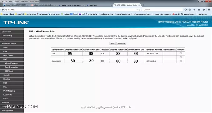 سلام دوست عزیز 
1- DMZ رو غیر فعال کنید و در تنظیمات Port Forwarding به صورت زیر عمل کنید:
||http://network.tosinso.com/files/get/4eed8e88-6775-4397-97ee-1abf799ce32e||
2- فرض کنید Valid IP شما برابر 89.222.174.222 باشد:
<c#>
89.222.174.222 >>>> HTTP Automation 
89.222.174.222:88 >>>> HTTP DVR
<c#>