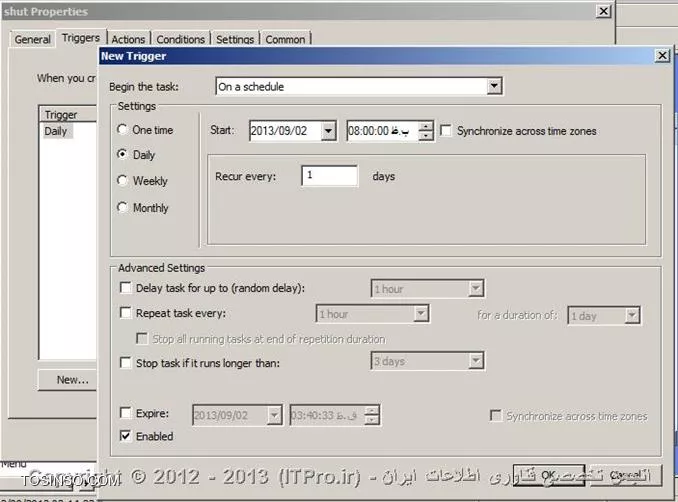 با سلام
دوست عزیز برای انجام این کار شما میتونید با ایجاد یک GPO برای کلاینتهایی که تصمیم دارید این عمل براشون انجام بشه و تنظیماتی که در زیر میگم میتونید این کار رو انجام بدید
وارد تنظیمات GPO ای که برای کلاینتهای مد نظرتون ساختید بشید و به مسیر زیر برید
<text>
User Configuration => Preferences => Control panel settings => Scheduled Tasks
<text>
 و بر اون راست کلیک کرده و از منوی New گزینه Scheduled Tasks windows vista and later را انتخاب نمایید
در قسمت Name برای آن نامی انتخاب کنید
و بعد در تب Triggers یک new باز کرده و با انتخاب Daily زمان مورد نظر خود را هم انتخاب کنید مانند شکل زیر :

||http://www.tosinso.com/files/get/4f602f30-b4ac-4bac-a89b-c869072996a1||
انتخاب Daily باعث میشه که هر روز راس این ساعت کامپیوتر هاتون خاموش بشن .

بعد ok کرده و برگشته و به تب Actions برید و New را بزنید ، در اینجا در قسمت Program\script آدرس زیر که همون مسیر Cammand هست رو قرار بدید
<text>
%windir%\System32\cmd.exe
<text>
و بعد در قسمت Add arguments optional هم دستور زیر رو قرار بدید
<text>
/c shutdown /s
<text>
||http://www.tosinso.com/files/get/118ac48b-e453-47a3-b3c5-fbefec6061d9||
کار تمام است و میتونید OK کرده و پنجره ها رو ببندید ، این پالیسی به محض اعمال باعث میشه که کلاینتهایی که این GPO بهشون اعمال شده راس ساعتی که مشخص کردید خاموش میشن .
اگر با نحوه کار با Group policy آشنایی ندارید میتونید به مقاله زیر مراجعه کنید
* |معرفی کنسول Group Policy Management در ویندوز سرور 2008::https://tosinso.com/articles/329/%da%af%d8%b1%d9%88%d9%be-%d9%be%d8%a7%d9%84%db%8c%d8%b3%db%8c-%da%86%db%8c%d8%b3%d8%aa%d8%9f-%d8%a2%d9%85%d9%88%d8%b2%d8%b4-%da%a9%d9%86%d8%b3%d9%88%d9%84-%d9%85%d8%af%db%8c%d8%b1%db%8c%d8%aa-Group-Policy-%db%8c%d8%a7-GPMC|
اگر هم سوالی بود حتما بپرسید
موفق باشید