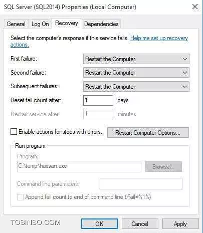 با سلام و خسته نباشید خدمت همه دوستان
من در services.msc  بر روی سرویس sql server کلیک سمت راست موس را فشار می دهم و بر روی properties کلیک می کنم و در تب recovery می روم مثل عکس زیر در عکس زیر اگر دقت کرده باشید در قسمت اول  restart the services را انتخاب کرده ام که اگر سرویس sql server استارت نشد آنرا استارت کند در قسمت دوم هم به همین صورت هست اما در قسمت سوم run a program هست که من در زیر آن فایل hassan.exe را برایش انتخاب کرده ام این فایل سرویس sql agent را استارت می کند اما اصلا این کار را انجام نمی دهد یعنی سرویس stop هست اما بعد از ریستارت شدن ویندوز اصلا استارت نمی شود یا حتی به جای فایل Hassan.exe یک فایل دیگر گذاشتم که می آمد یک فولدر در درایو c ایجاد می کرد که باز بعد از استارت شدن ویندوز باز فولدر ایجاد نمی شد حتی خیلی از دستورات Powershell استفاده کردم برای مثال می آمد از طریق powershell یک ایمیل ارسال می کرد که باز این کار انجام نمی شد اصلا انگاری run a program کار نمی کند و حتی من به جای restart the service گذاشتم restart the computer باز هم ویندوز ریستارت نشد اصلا انگار هیچکدام کار نمی کنند من حتی از ویندوز 8.1 و 10  هم استفاده کرده باز فایده ای نداشت از دوستان ممنون می شوم منرا راهنمایی کنند؟
||https://tosinso.com/files/get/2730879c-84e4-4bb0-a1ff-7a32ae2146c7||

و حتی در عکس زیر هم کامپیوتر ریستارت نمی شود

||https://tosinso.com/files/get/500abfb9-4f8e-4b1f-af98-de824393422f||

من حتی فایل EXE را به صورت RUN AS ADMINISTRATOR هم تنظیم کردم اما باز فایده ای نداشت

حتی این کار را هم انجام دادم برای تست پسورد tab در حقیقت Log on را تغییر دادم و user آن هم مثلا administrator گذاشتم و پسورد آنرا چیز دیگری گذاشتم یعنی پسورد Log on با پسورد administrator فرق دارد که مثلا این کارها را انجام دادم که سرویس start نشود اما بازهم دیدم ایمیل من از طریق powershell ارسال نشد.

حتی اسکریپت powershell ای که من استفاده کردم در زیر هست :
<powershell>
$emailTo = 'aaaaaaaa@yahoo.com'
$emailFrom = 'hassan@gmail.com'
$subject = 'ddddddddddddddddd'
$body = ffffffffffffff
$smtpServer = smtp.gmail.com   
$smtpUsername = zarabi.hassan@gmail.com  
$smtpPassword = Password  
$smtpClient = New-Object Net.Mail.smtpClient($smtpServer, 587)   
$smtpClient.EnableSsl = $true   
$smtpClient.Credentials = New-Object System.Net.NetworkCredential($smtpUsername, $smtpPassword);   
$smtpClient.Send($emailFrom, $emailTo, $subject, $body)  
<powershell>

و حتی در tab در حقیقت recovery در قسمت program مسیر زیر را گذاشتم :
<text>
C:\Windows\System32\WindowsPowerShell\v1.0\powershell.exe
<text>
و در قسمت command line parameters کد زیر را گذاشتم :
<text>
-ExecutionPolicy Bypass -Command & 'c:\temp\a.ps1'
<text>
و با این وجود ایمیل ارسال نشد 

اما همان کد را در cmd وارد می کنم و اجرا می کنم بدون هیچ مشکلی ایمیل ارسال می شود یعنی مشکل کد وجود ندارد مثل کد زیر :
<text>
C:\Windows\System32\WindowsPowerShell\v1.0\powershell.exe -ExecutionPolicy Bypass -Command & 'c:\temp\a.ps1'
<text>
با تشکر از شما