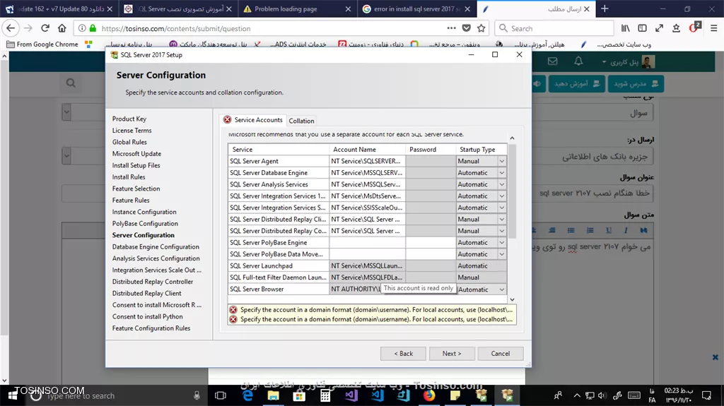 [Error Message] Specify the account in a domain format (domain\username). For local accounts, use (localhost\username).  [Details] Microsoft.SqlServer.Configuration.Polybase.InvalidServiceAccountCredentialException: Specify the account in a domain format (domain\username). For local accounts, use (localhost\username).