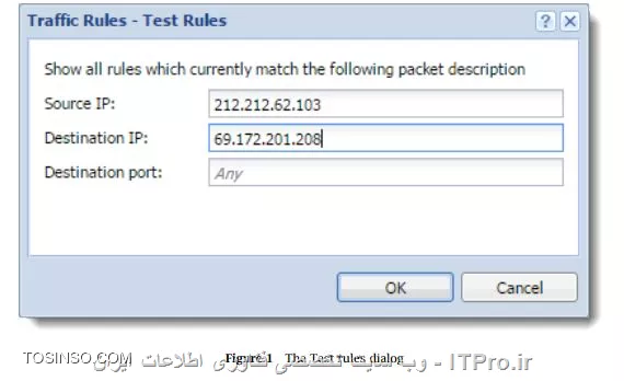 !! عیب یابی traffic rules
در این بخش به عیب یابی رول های ترافیکی در کریو کنترل می پردازیم ، ممکن است مشکلاتی مثلا در ارتباط کاربران با سرویس های خاص اتفاق بیفتد 

*شناسایی IP addresses*

ابتدا باید ip ادرسی که دراپ شده را پیدا کرد ، مثلا با ping کردن :

1-در administration interface بروید به Status → IP Tools
2-روی تب Ping ، اسم سروری که دسترسی ندارد را تایپ کنید مثلا example.com
3-Start را بزنید
4-بعد چند ثانیه Stop کنید 
5-اگر اسم سرور دارای یک رکورد DNS باشد شما می توانید IP address که برای سرور در بخش Command output ببینید 
در اینجا شما به 2 طریق می توانید ترافیک رولی که بلاک شده را پیدا کنید :

-لاگ های Debug را برای پکیت های دراپ شده را مشاهده کنید

-انتخاب Traffic Rules برای ازمایش رول 

*مشاهده dropped packets *

اگر IP address را می دانید روی لاگ Debug بروید :

1-در administration interface بروید به Logs → Debug
2-راست کلیک کنید روی Debug
3-در context menu کلیک کنید روی Messages
4-در Filtering روی Packets dropped for some reason کلیک کنید 
5-در لاگ Debug ، حالا IP address سروری که دراپ شده را پیدا کنید 

*برای مثال :*

[22/Dec/2015 15:32:40] {pktdrop} packet dropped:
Traffic rule: Example traffic rule (to WAN, proto:ICMP, len:84,
212.212.62.103 -> 69.172.201.208, type:8 code:0 id:12380 seq:1 ttl:64)

به صورت زیر :

||آموزش کریو کنترل احمد توسلی ::http://tosinso.com/files/get/7f07e6ef-c6fc-46f0-aae6-a1fd2c4f4c8c||

!! بررسی traffic rules
یکی از امکانات در اینجا Test Rules است که تمامی رول های استفاده شده را که توسط پکیتی خاص تعریف شده :

||کریو کنترل ::http://tosinso.com/files/get/c649c18d-57d1-43d7-97c1-efc229b7b13f||

1-	در administration interface بروید به Traffic Rules
2-	کلیک روی Test Rules 
3-	تایپ کنید source IP address که برای فایروال شما است ( در این مثال 212.212.62.103 )
4-	در بخش destination IP ادرس سروری که دسترسی ندارید را تایپ کنید ( در این مثال 69.172.201.208 است )

||http://tosinso.com/files/get/50d0d2c5-1efc-409b-a36c-ac264cdba51f||

5-     OK را بزنید
6-	در لیست traffic rules می توان تنها رولی که دراپ شده را مشاهده کنید :

||اموزش کریو کنترل توسط احمد توسلی ::http://tosinso.com/files/get/98d4ae3b-4604-495e-a99d-56a26e3d88c3||

7-	بعد از اینکه رول را درست کردید Restore View را کلیک کنید :

||اموزش کامل کریو کنترل ::http://tosinso.com/files/get/9321fd07-5416-4444-88fd-ac5e3c5f5747||
