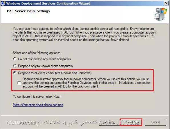 تصور کنید در یک سازمان با تعداد کلاینت بالا وظیفه ی ارتقا و یا تغییر ویندوز های سازمان و نیز نصب سیستم عامل بر روی سیستم های خام بر عهده شماست ، مسلما رفتن پای هر سیستم به صورت فیزیکی و نصب ویندوز بر روی هر کامپیوتر به صورت مجزا مشکلاتی را به دنبال داشته و نیازمند صرف وقت بسیاری است از این رو مایکروسافت برای نصب ویندوز ها در شبکه به صورت متمرکز سرویسی ارائه داده که در این مقاله به معرفی آن می پردازیم . WDS یا Windows Deployment Services  نقشی است  که به واسطه آن می توان به صورت متمرکز به نصب ویندوز روی کامپیوتر های موجود در شبکه پرداخت و دیگر نیازی به نصب مستقیم ویندوز از طریق DVD روی هر سیستم نیست .WDS در واقع نسخه ی بروز شده ی سرویس RIS می باشد.RIS یا Remote Installation Services  تکنولوژیی برای نصب ویندوز   به صورت اتوماتیک می باشد که می توانیم از آن برای ساخت و ایجاد ایمیج نصب یک سیستم عامل و یا تکمیل تنظیمات کامپیوتر از جمله تنظیمات دسکتاپ و Application ها استفاده کنیم . که در نهایت این ایمیج ها  از طریق شبکه برای نصب در اختیار کاربران کامپیوتر ها قرار می گیرند . از تکنولوژی RIS  عموما برای deploy کردن ایمیج ها در سازمان هایی با مقیاس بزرگ استفاده می شود و برای نصب سیستم عامل روی کامپیوتر های شخصی و یا سازمانهای کوچک روند نصب را بسیار کند می کند . درWDS ویندوز 2008 R2 نسبت به نسخه موجود در ویندوز سرور 2003  تغییراتی صورت گرفته و تکامل یافته است تغییرات ایجاد شده به شرح زیر است :

* *Driver provisioning:* : قابلیت اضافه کردن و پیکربندی Driver package  ها  روی سرور و سپس Deploy کردن آنها در طی فرایند نصب روی سیستم کلاینت ها بر اساس سخت افزار آنها است . این قابلیت تنها زمانی پشتیبانی می شود که قصد deploy کردن ایمیج ویندوزهای vista SP1 و ویندوز سرور 2008 و 2008 R2 را برای نصب داشته باشیم.
* اضافه کردن درایور ها برای boot image ها که تنها برای boot Image  موجود در DVD نصب ویندوز 7 و ویندوز سرور 2008R2  در دسترس است.
* *Multicasting:*شرایط انتقال و ارسال Install Image های ایجاد شده در WDS را به کمک multicasting فراهم می آورد. همچنین قابلیت قطع ارتباط با کلاینت های کند و نیز ارسال ایمیج با استفاده از جریان هایی چندگانه با سرعت های متفاوت را دارا می باشد. برای فعال کردن این قابلیت می توانیم در کنسول WDS روی نام سرور راست کلیک کرده و با انتخاب Properties در تب Multicast تنظیمات را انجام دهیم .
* *VHD support: *در ویندوز سرور 2008R2 شرایط برای Deploy ایمیج های ذخیره شده روی یک هارد دیسک مجازی (با پسوند .vhd) بر روی یک کامپیوتر فیزیکی (غیر مجازی ) که که از WDS استفاده می کند مهیا است. تنها با استفاده از Command می توانیم  ایمیج روی هارد دیسک مجازی را Deploy  کنیم . Deploy  کردن ایمیج های با پسوند .vhd دقیقا همانند deploy ایمیج های موجود با پسوند .wim می باشد.برای این منظور از دستور WDSUTIL برای افزودن و پیکربندی اینگونه ایمیج ها استفاده می کنیم .
* *Extensibility: *این قابلیت موجب می شود که بتوانیم به کمک Multicasting شرایط انتقال داده ها و ایمیج ها را بر روی یک سرورStand-alone  که به آن Transport Server نیز می گویند، فراهم کنیم . این ورژن یک PXE provider  دارد که اجازه بوت کردن کلاینت ها را به ما می دهد . ) Transport Server  در واقع یک Stand-alone سرور است که نیازی به اکتیو دایرکتوری دومین کنترلر و سرویسهای DNS و DHCP ندارد )
* *IPv6:* این ورژن برای انجام انتقالات بصورت Multicast از Ipv6 استفاده می کند.
* *پشتیبانی از Extensible Firmware Interfaceیا (EFI): *پشتیبانی  بوت شدن کامپیوترهای 64 بیتی را از طریق EFI فراهم می کند از جمله اینکه قابلیت Auto-add policy و نیز Deploy کردن Boot image ها را با استفاده  Multicasting پشتیبانی می کند.  EFI یک BIOS استاندارد و توسعه یافته است که توسط شرکت اینتل با انتشار IA-64 ) معماری جدید CPU های 64 بیتی ) که تا حد زیادی ویژگی های موجود در BIOS را بهبود می بخشد ،عرضه شد.

--
!!!! نصب سرویس Windows Deployment Services 
--
در این آموزش قصد داریم از طریق WDS در ویندوز سرور 2008 R2 به Deploy کردن ویندوز 7 روی کامپیوتر های موجود در یک شبکه بپردازیم .برای استفاده از سرویس WDS باید یک سری از نیازمندی های آن را در شبکه فراهم کنیم .اینprerequirement  ها عبارتند از :
* ایجاد دومین کنترلر (نصب نقش ADDS)  سروری که رول WDS روی ان نصب است باید عضو دومین باشد.
* DNS سرور 
* DHCP سرور (استفاده از محیط PXE یا Preboot execution Environment برای نصب ویندوز نیازمند DHCP برای دریافت IP در محدوده IP سرور می باشد. )
* NTFS volume برای ذخیره ایمیج باید فرمت درایو انتخابی NTFS باشد.
* Credential یا اعتبار نامه : برای نصب رول WDS کاربر ما باید عضو گروه Local Administrators روی سرور  و برای initialize سرور باید عضویت  گروه Domain Users را دارا باشد.
* نصب نرم افزار Windows Automate Installation Kit یا WAIK . استفاده از این Component اختیاری است که بواسطه آن می توانیم Unattended File ها را ایجاد کنیم . 

پس از فراهم آوردن پیش نیازها برای راه اندازی این سرویس در ابتدای کار به نصب نقش WDS می پردازیم بنابراین وارد کنسول Server manager  شده و با کلیک روی گزینه Add roles  ویزارد مربوط به نصب role ها نمایان می شود که پس از کلیک روی گزینه Next در صفحه نمایش داده شده نقش Windows Deployment Services  را مارکدار می کنیم .

||http://network.tosinso.com/files/get/820f82b0-3042-4155-94e5-c29cb250ecc8||

صفحه ی نمایان شده اطلاعاتی پیرامون نقش WDS و نیز پیشنیاز هایی که برای نصب این رول باید در نظر بگیریم را بیان می کند آنها را مطالعه و روی گزینه Next  کلیک می کنیم .

||http://network.tosinso.com/files/get/66838c8c-2b5c-4ce7-943e-2ca6436e9222||

سرویسهایی که برای نصب رول  WDS مورد نیاز هستند در این بخش مشاهده می شوند.همانطور که قبلا اشاره کردیم در ویندوز سرور 2008 علاوه بر اجزای اصلی WDS ، قابلیتی بنام Multicasting  برای Deploy  کردن وجود دارد که آپشن Transport Server  این قابلیت را برای ما فراهم می آورد.  بصورت پیش فرض این سرویس ها مارکدار شده اند. بنابراین تنها نیاز است که روی  Next کلیک کنیم .

||http://network.tosinso.com/files/get/38019422-61d9-45d3-ac09-b622aa84d9d6||

در این پنجره تاییدیه مراحل طی شده برای نصب نشان داده شده روی گزینه Install کلیک می کنیم تا فرایند نصب شروع شود.

||http://network.tosinso.com/files/get/637310fd-3c22-49f6-8632-611b8ea07567||

پش از اتمام فرایند نصب گزارش مبنی بر نصب نقش را مشاهده خواهیم کرد. بر روی گزینه Close  کلیک می کنیم .

||http://network.tosinso.com/files/get/50d89d9c-19df-408e-875c-2d215e4750c4||

پس از نصب رول WDS  حال نوبت به پیکربندی و انجام تنظیمات کنسول WDS می رسد برای این منظور از طریق مسیر زیر به کنسول را باز می کنیم :
<c#>
Start => Administrative tools => Windows Deployment Services
<c#>
در کنسول WDS در پنل سمت چپ روی گره سرور کلیک کرده و سرور ریشه را انتخاب و باراست کلیک روی آن گزینه Configure Server را بر می گزینیم.تا ویزارد مربوط به پیکربندی کنسول نمایان شود.

||http://network.tosinso.com/files/get/22c62b65-a733-4eb7-aea7-0c94a098eb6d||

در این صفحه اطلاعاتی در رابطه با پیش نیازهایی که بایدپیش از  استفاده از این سرویس رعایت شود نمایش داده شده،روی Next  کلیک می کنیم .

||http://network.tosinso.com/files/get/6c4212ce-3234-4ead-ad21-ca8f95ae0260||

در این قسمت مسیر مورد نظر برای ذخیره ایمیج ها به سیستم معرفی می کنیم . در صورتی که درایو نصب انتخابی برای ذخیره ایمیج ها با درایوی که ویندوز روی آن قرار دارد، یکسان باشد  با کلیک روی گزینه ی Next  پنجره ای نمایش داده خواهد شد که در آن توصیه می شود که درایوی مجزا را برای ذخیره سازی بر گزینیم .در این مقاله ما همان درایو پیش فرض را در نظر می گیریم .

||http://network.tosinso.com/files/get/94e2a179-57c4-4475-9ae2-0ecfea43b122||

در این مرحله باید طریقه پاسخگویی سرور به در خواست کلاینت ها مبنی بر نصب ویندوز  را مشخص کنیم :

* انتخاب گزینه اول به معنی عدم پاسخگویی سرور به در خواست هر کلاینتی برای نصب  ویندوز می باشد.
* انتخاب گزینه دوم موجب شده که سرور تنها به درخواست کلاینتهای شناخته شده پاسخ دهد.
* و اما گزینه سوم  بیانگر پاسخ سرور به تمامی کلاینتها (شناخته شده و ناشناس )می باشد . همچنین می توانیم با مارک دار کردن گزینه در نظر گرفته شده برای این بخش تعیین کنیم که به درخواست های  کلاینتهای ناشناس مبنی بر نصب ویندوز توسط ادمین پاسخ داده شود .

||http://network.tosinso.com/files/get/51638422-9129-4625-8487-ee549a396a26||

اگر رول های DHCP  و WDS بر روی یک سرور قرار داشته باشند باید دو گزینه موجود دراین بخش را مارکدار کنیم در صورتی که  این نقشها بر روی سرور های مجزا پیاده سازی شده باشند از مارکدار کردن آنها خودداری می کنیم .

||http://network.tosinso.com/files/get/60887aab-1eeb-403e-af93-e1a212e6c0f7||

پس از انجام تنظیمات روند پیکربندی آغاز می شود ودر نهایت گزینه Add image to the server now را غیر فعال کرده و روی Finish  کلیک می کنیم .

||http://network.tosinso.com/files/get/d4ca9d59-8fd3-4d76-ae03-1f73e29b6a1a||

پس از انجام تنظیمات مربوط به کنسول WDS در نهایت کنسول همانند تصویر زیر خواهد بود.

||http://network.tosinso.com/files/get/e1eb80ce-c9b7-4b38-ae67-d33a1fbca390||

در این قسمت  نصب و پیکربندی کنسول WDS را مرور کردیم  در قسمت بعدی به نحوه ی Add  کردن ایمیج و بوت ایمیج و استفاده از ابزار sysprep برای ایمیج گرفتن از ویندوز 7 خواهیم پرداخت .

نویسنده : مریم حیات رمضانی 
منبع : |جزیره سرویس های شبکه مایکروسافت وب سایت توسینسو::https://tosinso.com/microsoft|
هرگونه نشر و کپی برداری بدون ذکر منبع دارای اشکال اخلاقی می باشد .