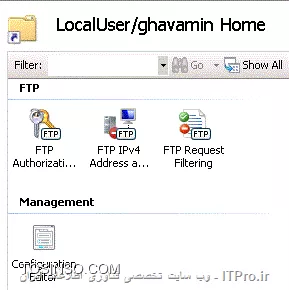 با سلام . با کلیک کردن روی کاربران تعریف شده،بر روی گزینه   ftp authorization roles دابل کلیک کنید
||http://network.tosinso.com/files/get/51985397-4e23-4528-9366-c3b9a3627ec5||

و بعد کلیک راست کرده و گزینه add allow role را انتخاب نموده و در قسمت spicified users نام کاربری که باید به این پوشه دسترسی داشته باشد را وارد کنید. 
||http://network.tosinso.com/files/get/1dd46688-f63c-4758-adba-1ed7f34b34a0||