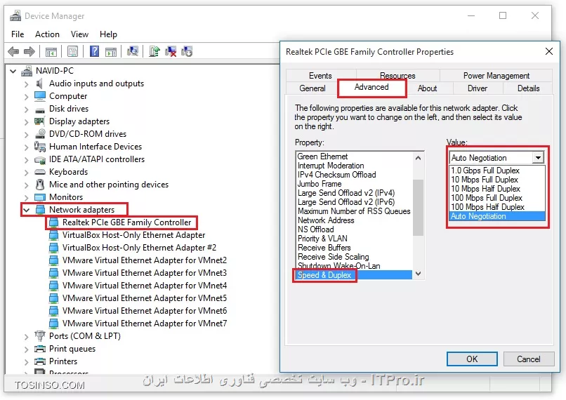 تو Device Manager طبق شکل زیر میتونید به راحتی سرعت های پشتیبانی شده توسط کارت شبکه رو مشاهده کنید:
||http://network.tosinso.com/files/get/51b48646-e188-4bc2-b117-77993fde495b||