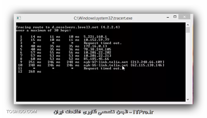 اقا سلام ممنون از مطالب مفیدتون 
من وقتی دستور tracert رو روی کد های 8.8.8.8 یا 4.2.2.4 و غیره امتحان میکنم همیشه روی شماره 3 تایم اوت میزنه
این 2 تا عکس ببینید 
||http://network.tosinso.com/files/get/51bfee60-4109-4f2e-838e-08b4081eaca3||
||http://network.tosinso.com/files/get/a4b8b465-68d5-4873-8fd6-a281cb77a842||
من اینترنت 512 مخابرات دارم از بس زنگ زدم دیگه خودم شرمنده شدم 
 خواهش میکنم کمک کنید تایم اوتم خیلی زیاد من از اینترنت برای بازی های انلاین استفاده میکنم  وقتی که استفاد معمولی دارم از اینترت تایم اوت خیلی کم ولی وقتی از برنامه steam استفاده میکنم و وارد بازی میشم تایم اوتم زیاد میشه