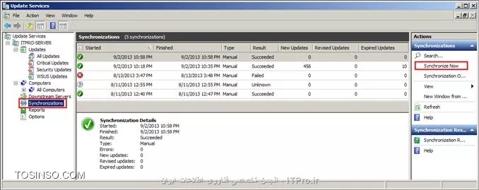 در قسمت اول  مقاله به تعاریف مرتبط با  سرویس WSUS و راه اندازی آن از طریق ویزارد اشاره کردیم . حال در این قسمت به سراغ بررسی کنسول مدیریتی و  توضیح آپشنهای کنسول WSUS می رویم .با استفاده از مسیر زیر میتوان وارد کنسول WSUS شد :
<c#>
Start => Administrative tools => Windows Server Update Services
<c#>
در تصویر زیر فضای کنسول مدیریتی WSUS نمایش داده شده است که در ادامه به توضیح Component های آن خواهیم پرداخت.

||http://network.tosinso.com/files/get/c46b1a16-3a51-4638-8dc3-798ac71a94f3||

*Server Name:* می توان چندین WSUS سرور را در کنسول مدیریتی اضافه کرد، با اضافه کردن هر سرور نام آن در پنل سمت چپ کنسول مدیریتی WSUS نمایش داده می شود.برای افزودن WSUS سرور به کنسول مدیریتی تنها کافیست روی گره ی Update Services  در پنل سمت چپ کنسول راست کلیک کرده و گزینه Connect to the server را انتخاب و در صفحه ی باز شده نام سرور مورد نظر و پورت مربوط به آن را وارد کنیم . با کلیک روی نام سرور (در اینجا ITPro-Server) در پنل وسط  صفحه  وضعیت مربوط به سرور در سه بخش مجزا نمایش داده می شود:

* *To Do:*  اطلاعاتی در مورد بخشهایی که WSUS سرور باید فورا در رابطه با آنها اقدام کند در اختیارکاربر سرور قرار می دهد.
* *Overview : *این بخش مروری دارد بر وضعیت کامپیوتر ها، آپدیت ها و نیز هماهنگ سازی آپدیت ها . همچنین آمار اطلاعات WSUS سرور را مشخص می کند .
* *Resources :* در این بخش لینک هایی برای کسب اطلاعات بیشتر پیرامون WSUS سرور در نظر گرفته شده است .

||http://network.tosinso.com/files/get/8c135b80-1b8d-428a-bad2-82777e4e8a12||

زیر نام سرور در کنسول تمامی Component های مربوط به مدیریت آن با ساختار درختی لیست شده اند. بنابراین این اجزا تحت مدیریت سرور یاد شده می باشند . در اینجا به معرفی این بخش ها می پردازیم :
*Updates:* این گره  در بردارنده لیست تمامی آپدیتهای روی سرور است که از سایت مایکروسافت دریافت کرده ایم  و نیزبا کلیک روی  گره ی Updates می توان گزارشهای مربوط به وضعیت نصب انواع آپدیت ها را بر حسب نوع آنها در پنل وسط کنسول مشاهده کرد. در زیر گره Update  ،آپدیتها برحسب نوعی که  برای آنها  در تنظیمات در نظر گرفتیم  (در اینجا  Critical و Security) و نیز آپدیت های خود سرویس WSUS تقسیم بندی شده اند.

||http://network.tosinso.com/files/get/1b19915b-cb6a-4655-894f-843386e9f5a6||

*Computers: * این بخش شامل All Computers و زیر گره ی  Unassigned Computers می باشد که به صورت پیش فرض کامپیوتر های موجود در شبکه که برای دریافت آپدیت ها عضو WSUS می شوند در قسمت Unassigned Computers قرار می گیرند .برای سهولت در مدیریت آنها می توانیم در اینجا گروه هایی را ایجاد کرده و کامپیوتر های عضو شده را به آنها منتقل کنیم . در قسمت All computers  تمامی کامپیوترهایی که عضو WSUS سرور هستند نمایش داده شده است با کلیک روی هر کدام از این کامپیوتر ها ، اطلاعات مربوط به آن کامپیوتر و وضعیت مربوط به آپدیت های آن در بخش پایین پنل میانی صفحه نمایان خواهد شد.

||http://network.tosinso.com/files/get/a2814594-d902-4046-8870-a3e768fe174a||

*Downstream Servers:*  اگر WSUS سرور های دیگری در شبکه وجود داشته باشند که این سرور Upstream  سرور آنها می باشد ، خلاصه ای از اطلاعات اینDownstream سرور ها در این قسمت نمایش داده می شود .
*Synchronizations:*  این قسمت در بردارنده تاریخچه ی آپدیت های Sync شده می باشد. بعبارت دیگر هر بار که WSUS  سرور آپدیت های خود را با یک Upstream Server   و یا با سایت مایکروسافت Sync  کند ، گزارش مربوط به این بهنگام سازی با شرح جزئیات در این بخش قابل مشاهده است. این بخش   یک نقطه مرکزی برای مدیریت هماهنگ سازی آپدیت ها  محسوب می شو د . برای هر بار انجام عمل Synchronization   تنها کافیست بر روی گزینه Synchronize Now  کلیک کنیم .

||http://network.tosinso.com/files/get/522c44ea-0b64-4821-a143-6c07bc810de0||

*Reports: *این قسمت محل مرکزی برای ایجاد و ذخیره گزارشهای گرفته شده توسط WSUS سرور از وضعیت آپدیت ها و کامپیوترها و نیز عمل Synchronization آپدیتها  می باشد .کاربرد Report viewer  که همزمان با نصب رول  WSUS ، آن را نصب کردیم برای این بخش است. اگر روی هر کدام از بخش های موجود در پنل میانی صفحه کلیک کنیم صفحه ای نمایان خواهد شد که با انتخاب گزینه Run Report در آن ، سرور شروع به گرفتن گزارش مربوط به آن بخش خواهد کرد.

||http://network.tosinso.com/files/get/b81409a0-e556-4299-a4b0-37488a250e1f||

*Options:* در بخش آپشن WSUS کنسول مدیریت تمامی تنظیماتی که از طریق ویزارد WSUS انجام شد ، وجود دارد . باید خاطر نشان کرد که تنظیمات WSUS  را همانند دیگر سرویسها ،می توان هم از طریق کنسول وهم از طریق ویزارد انجام داد که در این سری مقالات ما به توضیح هر دو روش پرداخته ایم . اگر نصب از طریق ویزارد انجام شده باشد می توان تغییرات مورد نظردر تنظیمات انجام شده را بعدا ، از طریق کنسول مدیریتی اعمال کرد. با کلیک روی گره Options تمامی قابلیت ها در پنل وسط کنسول مشاهده خواهند شد.

||http://network.tosinso.com/files/get/0d207c9f-9122-4694-954c-2bcfd3451ba2||

 در اینجا به توضیح و بررسی تک تک آپشن های کنسول می پردازیم:

!!!! Update Source and Proxy Server
در تب* Update source*   تعیین می کنیم که WSUS سرور آپدیت ها را از سایت مایکروسافت دریافت کند و یا از یک Upstream Server  که باید نام و پورت آن را در این بخش وارد کنیم .در اینجا ما گزینه Synchronize from Microsoft Update را انتخاب می کنیم . 

||http://network.tosinso.com/files/get/9971ae64-a70e-4a2e-ba20-72c2889e2ea5||

  اگر از یک Proxy Server  برای ارتباط با سایت مایکروسافت و یا  با یک UPstream Server برای Sync کردن آپدیت ها در شبکه استفاده می کنیم ،باید نام و پورت آن را در تب *Proxy Server*   مشخص کنیم .این آپشن بصورت پیش فرض غیر فعال است و در این حالت WSUS سرور مستقیما با سایت مایکروسافت یا Upstream Server ارتباط برقرار خواهد کرد.

||http://network.tosinso.com/files/get/5b7605b0-3419-4d26-83bc-1b4500e46a67||

!!!! Products and Classifications
در تب* Products* محصولی را که می خواهیم آپدیت های آن را دریافت کنیم و این آپدیت ها با سایت مایکروسافت Sync  شوند را انتخاب می کنیم . یادآور می شویم که اگر تنها محصولاتی را که در سازمان از آنها استفاده می شود، در این بخش برای دریافت آپدیت ها در نظر بگیریم ،  این شرایط باعث می شود که سرعت دریافت آپدیت ها بالا رفته و  فضای کمتری از حافظه  را به خود اختصاص دهند. با توجه به سناریو در این قسمت ما ویندوز 7 و ویندوز سرور 2008 R2 را برای دریافت آپدیت آنها انتخاب می کنیم .

||http://network.tosinso.com/files/get/cccc7603-3dbc-4c59-95c3-18825a3fb46f||

در تب *Classifications * نوع و طبقه بندی آپدیت مورد نظر را تعیین می کنیم در ابتدای مقاله ی قبل در رابطه با انواع آپدیت ها صحبت کردیم حال با توجه به دانسته های خود در رابطه با انواع آپدیت ها ، نوع آپدیت مورد نظر را بر حسب نیازمان انتخاب می کنیم . ما همان تنظیمات پیش فرض را در نظر می گیریم . 

||http://network.tosinso.com/files/get/5dba8064-ae31-42f1-b597-a2c43be27320||

!!!! Update Files and Languages
در تب *Update Files*  با انتخاب گزینه Store Update files locally on this server  می توانیم تعیین کنیم که فایل آپدیت های دریافتی در همین سرور ذخیره شوند .در چنین شرایطی با انتخاب کردن گزینه Download Update files to this server only when updates are approved  مشخص می کنیم که ابتدا لیست آپدیت ها برای ما نمایش داده شود تا پس از تایید آن عمل دانلود صورت گیرد . همچنین با برگزیدن گزینه Download express installation files   مجموعه ای از فایل آپدیت ها دانلود خواهند شد که  موجب افزایش سرعت دریافت آپدیت ها  و نصب آنها روی کامپیوترهای شبکه  می شود اما این فایل هاحجم بالایی داشته  و  سرور زمان زیادی برای دانلود آنها صرف خواهد کرد .

||http://network.tosinso.com/files/get/67ee89f9-1707-40a5-92a4-8ade73289f18||

در تب * Update Languages*  هم همانطور که در تنظیمات ویزارد ذکر کردیم می توان آپدیت ها را برای همه ی زبانها دانلود کرد و یا اینکه تنها زبانی را برگزید که برای ما کاربرد دارد. 
 
||http://network.tosinso.com/files/get/428906dd-d852-4f8f-b359-19099bcd3fdd||

*Synchronization Schedule :* می توانیم تعیین کنیم که سرور عمل Sync کردن آپدیت ها را بصورت Manual انجام دهد و یا  اینکه بصورت اتوماتیک در طی وهله زمانی مشخص شده آپدیت ها را بهنگام  و همسان سازی  کند .

||http://network.tosinso.com/files/get/bd3cccad-bd41-4101-be89-62d4ab30a93a||

!!!! Automatic Approval
در تب *Update rules * می توانیم برای تایید شدن آپدیت ها یک سری قاعده در نظر بگیریم بعنوان مثال برای WSUS سرور تعیین کنیم که در صورت دریافت آپدیت های مربوط به ویندوز 7، آنها را بدون دریافت تاییدیه و بصورت خودکار Approve کند . برای ایجاد یک Rule  تنها کافیست بر روی New Rule کلیک کنیم تا صفحه مربوط به انجام تنظیمات Rule باز شود (پنجره Add Rule) لذا می توانیم نوع و نام Rule مورد نظر را ایجاد کنیم .

||http://network.tosinso.com/files/get/cbf1bcaf-6de5-4a9f-a91b-29a9f7b3da53||

در پنجره Rule Properties با انتخاب گزینه ای که در آن نوع آپدیت ذکر شده ، نوع آپدیت را برای Rule تعیین می کنیم .با کلیک روی All Computers نیز لیست Computer Group هایی که ایجاد کردیم نمایش داده می شود که از میان آنها گروه مورد نظر را انتخاب می کنیم تا Rule ایجاد شده به آن گروه اعمال شود.

||http://network.tosinso.com/files/get/c1543e1b-c98e-4d77-a9d6-74fff30e8f5a||

در تب *Advanced * گزینه ای برای Approve کردن آپدیت های خود سرویس WSUS موجود است . علاوه براین هر آپدیتی ممکن است اصلاح و بروز رسانی شود در اینجا می توانیم تعیین کنیم که به محض دریافت Revision  مربوط  به یک آپدیت آن را به صورت خودکار نصب کرده و یا از نصب آن صرف نظر کنیم . 

||http://network.tosinso.com/files/get/efb9f8f7-1647-4ca4-b4bc-2fbd00dd5a44||

*Computers:* در این قسمت برای کامپیوتر هایی که عضو WSUS سرور شده اند می توانیم مشخص کنیم که تنظیمات مورد نیاز را از WSUS سرور و یا از گروپ پالسی و یا تنظیمات رجیستری که برای آنها انجام می شود ، دریافت کنند. بنابراین  با انتخاب گزینه Use the update services console  قادر خواهیم بود  کامپیوتر هایی را که بصورت پیش فرض درون Unassigned Computers  قرار گرفته اند را به صورت دستی به  گروههای دیگری که ساخته ایم، منتقل کنیم . برگزیدن گزینه Use group policy or registry settings on computers  موجب می شود که کامپیوتر ها بصورت اتوماتیک به گروهی که در تنظیمات GPO  در نظر گرفته ایم انتقال یابند. باید توجه داشت که در ابتدای کار  گزینه مربوط به تنظیمات گروپ پالسی را انتخاب کنیم چرا که انجام تنظیمات مربوط به گروپ پالسی است که  باعث می شود کامپیوتر ها WSUS سرور را شناخته و عضو آن شوند. به علاوه تنظیمات مربوط به دریافت آپدیت ها توسط کلاینت ها در گروپ پالسی صورت می گیرد. 

||http://network.tosinso.com/files/get/62c59613-9a03-45cd-a5cc-c00165f84e4b||

*Server Cleanup Wizard:* در این آپشن گزینه هایی موجود است که با انتخاب کردن آنها برای سرور WSUS تعیین می کنیم آپدیت هایی را که  منقضی شده  و کامپیوترهایی را که در شبکه غیر فعال شده اند از سرور حذف کند.

||http://network.tosinso.com/files/get/1ea5501f-0dc2-4688-825e-7ecba6c15eba||

*Reporting Rollup: *به کمک این آپشن می توانیم نحوه ی گزارش گیری WSUS  سرور را مشخص کنیم . اگر در شبکه ما Replica downstream  سرور هایی موجود باشد به کمک گزینه های موجود در این بخش برای WSUS سرور  تعیین می کنیم که گزارشهای مربوط به Replica downstream  سرورها را دریافت کند یا خیر .

||http://network.tosinso.com/files/get/e71a357f-c8af-46bd-921b-b9002bc43e83|| 

*E-Mail Notifications :*  در صورت وجود E-mail Server  در شبکه در تب *General*  می توانیم برای سرور مشخص کنیم که پس از Sync کردن هر آپدیت جدید ، برای کابران ایمیل بفرستد  . همچنین می شود تعیین کرد که گزارش وضعیت آپدیت ها به صورت روزانه یا هفتگی برای کاربران ارسال شود. در تب *E-Mail Server* نیز اطلاعات ایمیل سرور را وارد می کنیم .

||http://network.tosinso.com/files/get/a5d57cb9-9beb-4a78-ae98-6a930f679f61||

*Microsoft Update Improvement Program:* این آپشن کمک می کند تا سرور اطلاعات مبنی بر وضعیت آپدیت ها و کامپیوتر ها و نیز مشکلات بوجود آمده  را برای سایت مایکروسافت ارسال کند. بررسی این اطلاعات به متخصصان مایکروسافت کمک خواهد کرد تا راهکارهایی برای بهبود کارایی  و افزایش قابلیت WSUS سرور ارئه دهند.

||http://network.tosinso.com/files/get/804390c9-2d58-48e0-81e8-2e63ce2e1a0e||

!!!! Personalization
 این قسمت مرتبط با شخصی سازی اطلاعات نمایش داده شده توسط WSUS سرور  است در واقع در این آپشن می توانیم مشخص کنیم  اطلاعات WSUS سرور به چه صورت در کنسول مدیریتی قابل مشاهده باشند. در صورتیکه چند Replica downstream server در شبکه داشته باشیم  در تب *General* می توانیم تعیین کنیم که WSUS سرور ما اطلاعات مربوط به وضعیت آنها و کامپیوتر ها یشان را نیز نمایش دهد و یا اینکه تنها وضعیت  همین سرور و کامپیوتر های عضو آن را نشان دهد .

||http://network.tosinso.com/files/get/bc0e87b1-25c7-4c42-9f14-675ee303da3d||

در تب *To Do List* نیز می توانیم بخشهایی را که می خواهیم وضعیت مربوط به آنها در لیست To Do سرور نمایش داده شوند را انتخاب کنیم .

||http://network.tosinso.com/files/get/1ad62d4f-a712-4764-85d9-7f66f62e0416||

!!!! WSUS Server Configuration Wizard
این بخش در واقع همان ویزارد اولیه نصب WSUS می باشد . همانگونه که بیان کردیم این ویزارد در بردارنده  مجموعه ای از آپشن هاست که در بالا بصورت مجزا به توضیح آنها پرداختیم باید در نظر داشت که استفاده از این آپشن ها در کنسول مدیریتی قابلیت ها یی با جزئیات بیشتر را نسبت به ویزارد اولیه در اختیار ما قرار می دهد.پس از بررسی کنسول مدیریتی در این مقاله ، در قسمت بعد به شرح عضویت کلاینت ها در WSUS سرور و چگونگی Approve  و  نصب آپدیت ها توسط سروریس WSUS در شبکه خواهیم پرداخت . 

نویسنده: مریم حیات رمضانی
منبع : |جزیره سرویس های شبکه مایکروسافت وب سایت توسینسو::https://tosinso.com/microsoft|
هرگونه نشر و کپی برداری بدون ذکر منبع دارای اشکال اخلاقی می باشد 