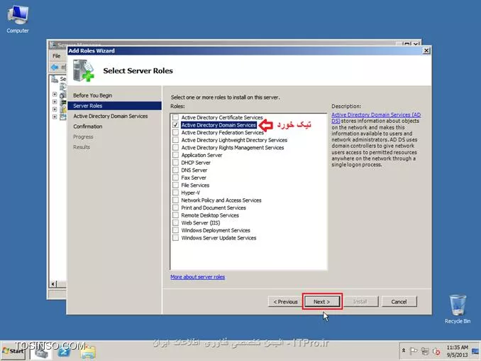 ||http://network.tosinso.com/files/get/465f83f1-ad1d-44fd-97d7-47db2dbdd599||
! راه اندازی یک شبکه قدرتمند محلی تحت دامین-Domain Networking

خب همان طور که از نامش معلوم هست شبکه ما تحت دامین میباشد و با شبکه های Workgroup خیلی تفاوت دارد. در شبکه دامین ما با سیستم عامل سرور یک شبکه راه اندازی میکنیم و بقیه کامپیوتر ها باید به سرور متصل شوند
تا بتوانند از سیستم های خود استفاده کنند همچنین ما در شبکه دامین میتوانیم سطح دسترسی کاربران را به قسمت های مختلف ویندوز محدود کنیم برای مثال از سرور دستور میدهم که کاربر X نتواند از USB استفاده کند و...
در شبکه Domain شما باید روی سرور برای هر کاربر Username و Password تعریف کنید تا کاربران با User و Pass های تایین شده توسط شما بتوانند کامپیوتر های خود را Login کنند.
در این قسمت از سیستم عامل Windows Server 2008 R2 استفاده میکنیم.

*خصوصیات شبکه Domain:*
قابلیت مدیرت هزاران کامپیوتر تنها از یک کامپیوتر ( سرور )
تعیین کردن سطح دسترسی کاربران به قسمت های مختلف سیستم عامل ویندوز
نصب برنامه ها تحت شبکه ( شما تایین میکنید که کاربران بتوانند چه برنامه هایی نصب کنند )
امنیت فوق العاده بالا
انعطاف پذیری بالا در مدیریت کاربران
نصب ویندوز بر روی کامپیوترهای Client عضو شبکه Domain
و......

پیکربندی ویندوز Server 2008 R2 Enterprise:
1- سیستم عامل ویندوز را روی کامپیوتر سرور نصب کنید. سیستم عامل را حتما فعال و Active کنید و ساعت آن را تنظیم کنید.
2- در این قسمت باید سرویس Active Directory را روی ویندوز سرور نصب کنید تا شبکه شما به Domain تبدیل شود. ( ADDC: Active Directory Domain Controller )
2-1: نصب سرویس Active Directory:

روی Start کلیک کنید سپس از Administrative Tools گزینه Server manager را انتخاب کنید:
||http://network.tosinso.com/files/get/d1bb9151-613e-43a6-9396-6d85acb85013||
2-2- در صفحه باز شده روی Roles کلیک کنید سپس Add Roles را بزنید:
||http://network.tosinso.com/files/get/9a64b30c-3142-4369-bca1-a874b86e16c5||
2-3- در این قسمت روی Next کلیک کنید:
||http://network.tosinso.com/files/get/587b1e57-15e6-462f-8a79-c55b970d6213||
2-4- در این قسمت تیک گزینه Active Directory Domain Services را بزنید:
||http://network.tosinso.com/files/get/ff749a6f-06e0-45a4-901e-53d8baa048a6||
2-5- صفحه ای باز میشود و باید روی Add Required Features کلیک کنید:
||http://network.tosinso.com/files/get/3fbe52f7-01e0-45d6-adb0-5fb2c2f42793||
2-6- تیک Active Directory Domain Services زده شد حالا روی Next کلیک کنید:
||http://network.tosinso.com/files/get/524e7fd5-206f-47f3-854a-efe49c96326d||
2-7- روی Next کلیک کنید:
||http://network.tosinso.com/files/get/2e1a28d8-acb0-4701-a7ae-9f42e86e1968||
2-8- روی Install کلیک کنید تا سرویس Active Directory نصب شود:
||http://network.tosinso.com/files/get/162dd0de-588b-4136-aaa4-2104315ab108||
2-9- در حال نصب:
||http://network.tosinso.com/files/get/6489b5cd-83f0-4b66-a890-eaa10b5c4660||
2-10- روی Close کلیک کنید تا نصب به اتمام برسد:
||http://network.tosinso.com/files/get/1b8b18aa-6986-418a-b01e-6b59c2ca8d5d||
2-11- روی Start کلیک کنید سپس از Administrative Tools گزینه Server manager را انتخاب کنید.
روی Roles کلیک کنید سپس روی Active Directory Domain Services کلیک کنید:
||http://network.tosinso.com/files/get/dee593d9-243f-44b2-93bc-6b300fe7d76c||
2-12- روی Run the Active Directory Domain Services Installation Wizard dcpromo.exe کلیک کنید:
||http://network.tosinso.com/files/get/3a44e3d2-068c-4c3d-9b58-80f609dbc2ad||
2-13- روی Next کلیک کنید:
||http://network.tosinso.com/files/get/3e5f84e4-a44a-4fad-8f5d-9f4ceb6e859f||
2-14- روی Next کلیک کنید:
||http://network.tosinso.com/files/get/2305697b-c67d-47d3-8601-cc7be14bc60a||
2-15- تیک گزینه Creat a new domain in a new forest را بزنید و روی Next کلیک کنید:
||http://network.tosinso.com/files/get/8dba017d-96aa-4fe6-bf36-681a52f70056||
2-16- در این قسمت باید برای دامنه شبکه دامین یک نام انتخاب کنید. دقت کنید که باید از 2 یا 3 کلمه تشکیل شود و بین آن ها نقطه ( . ) گذاشته شود. سپس روی Next کلیک کنید:
||http://network.tosinso.com/files/get/82dff6dd-706c-4bba-90b1-96701c4711e3||
2-17- در این قسمت از بالا ( Forest fuctional level ) گزینه Windows server 2008 R2 را انتخاب کنید و روی Next کلیک کنید:
||http://network.tosinso.com/files/get/781a032f-d08e-4aa9-bbfe-f0a3ed1ca1eb||
2-18- در این قسمت مطمئن باشید که تیک گزینه DNS خورده باشد سپس روی Next کلیک کنید:
||http://network.tosinso.com/files/get/f9000eaf-8a56-439c-b3f8-d985a60c39c0||
2-19- در این قسمت باید نوع سیستم IP دهی به شبکه را انتخاب کنید که DHCP و Manual میباشد من در اینجا ار IP دهی Manual استفاده میکنم و IP کارت های شبکه را دستی تنظیم میکنم
پس ابتدا IP سرور را دستی تنظیم کنید سپس گزینه زیر را انتخاب کنید:
||http://network.tosinso.com/files/get/82ea3931-05e4-4aea-99f3-969ef43e0458||
IP که من تنظیم کردم:
||http://network.tosinso.com/files/get/8154f867-bb10-4d7b-8e89-260cebf69a2b||
IP Address: 192.9.200.77 این IP باید در رنج IP ها و روترهای داخل شبکه باشد.
Subnet Mask: 255.255.255.0 باید همین مقدار باشد: 255.255.255.0
Default Geteway: 192.9.200.50 باید IP مودم یا روتر اینترنت باشد تا به اینترنت دسترسی داشته باشد.
2-20- سپس روی Next کلیک کنید و Yes را بزنید:
||http://network.tosinso.com/files/get/ea8c50c0-9f6d-4b9f-a188-7ea6f9e099d5||
2-21- روی Next کلیک کنید:
||http://network.tosinso.com/files/get/8065e660-4640-4674-a0ce-a263e88611f7||
2-22- در این قسمت برای بازیابی Active Directory یک رمز وارد کنید ( رمز شما باید ترکیبی از حروف کوچک حروف بزرگ و اعداد و کاراکتر یاشد ) سپس روی Next کلیک کنید:
||http://network.tosinso.com/files/get/f7579a6a-96f7-49b2-88d8-e51c2efbae91||
2-23- روی Next کلیک کنید تا تنظیمات اعمال شود:
||http://network.tosinso.com/files/get/01968a4a-546e-4e3b-9b0a-0577c06aaa91||
2-24- در این قسمت تیک گزینه Reboot on completion را بزنید تا بعد از اتمام نصب و تنظیمات سرور ریست شود:
||http://network.tosinso.com/files/get/4bf0cd9d-497e-4e7c-a2b6-07c6bdc59e00||
خب تا اینجا توانستیم شبکه Domain را روی سرور راه اندازی کنیم. حالا باید کامپیوترهای کاربران و کلاینت ها را عضو این شبکه کنیم.
||http://network.tosinso.com/files/get/2953c08f-ffda-4765-a24f-b57b27b1acb9||
! join کردن کامپیوتر ها به سرور
عضو کردن کامپیوترهای کاربران و کلاینت ها به شبکه Domain:
تعریف Username و Password برای یک یا چتد کاربر روی ویندوز سرور:
خب شما ابتدا باید روی سرور برای هر کاربر و کلاینت یک نام کاربری و رمز عبور تعریف کنید تا کاربران بتوانند وارد حساب کاربری خود شوند.
1- روی Start کلیک کنید سپس از Administrative Tools گزینه Server manager را انتخاب کنید.
به مسیر زیر بروید:
<c#>
Roles > Active Directory Domain Services > Active Directory users and Computers > Domain name > Users
<c#>
Domain name همان اسمی هست که برای شبکه Domain انتخاب کردید.
||http://network.tosinso.com/files/get/3643b8f5-fd04-49bd-afe5-70167391d2e2||
2- روی Users کلیک راست کنید و New user را بزنید:
||http://network.tosinso.com/files/get/5ad37cf3-02f0-47f7-9f82-91d39d93a7c9||
3- First name: نام کاربر را وارد کنید.

Last name: اسم فامیل کاربر را وارد کنید.

User logon name: نام کاربری کاربر برای وارد شدن به سیستم را وارد کنید.
سپس روی Next کلیک کنید:
||http://network.tosinso.com/files/get/60bb779e-6856-40b1-93ff-80b3c7021f24||
4- در این قسمت برای User که ساختید پشورد بزارید و همه تیک ها را بردارید و روی NExt کلیک کنید ( پسورد ترکیبی از اعداد حروف کوچک و بزرگ و کاراکتر باشد )
||http://network.tosinso.com/files/get/2591bc9d-892f-4d2c-9123-0c27023ee07c||
5- روی Finish کلیک کنید:
||http://network.tosinso.com/files/get/5a60ff1d-80d2-4d32-87e6-959e80df3dfc||
6- User ما بر روی سرور ساخته شد.

به کامپیوتر کاربر یا کلاینت بروید سپس IP آدرس برای آن کلاینت تعریف کنید ( IP باید در رنج IP سرور و شبکه باشد )
IP Address: آدرس IP در رنج شبکه و سرور ( تکراری نباشد )
Subnet Mask: باید 255.255.255.0 باشد
Default geteway: باید IP روتر یا مودم اینترنت باشد
Prefered DNS Server: که خیلی مهم میباشد باید IP سرور را وارد کنید اگر وارد نکنید امکان عضویت و بر قراری ارتباط با سرور را ندارید.
||http://network.tosinso.com/files/get/7120de2c-28be-4b06-b6bb-5dea7c2b1fa0||
6- روی Computer کلیک راست کنید و Properties را بزنید سپس روی Change settings کلیک کنید:
||http://network.tosinso.com/files/get/6448080b-1d7a-4f29-b68a-e22e062d076a||
7- روی Change کلیک کنید:
||http://network.tosinso.com/files/get/4268e27b-a4e8-40cf-ad0a-d49da540731d||
8- تیک گزینه Domain را بزنید و نام Domain که در سرور موقع نصب Active Directory انتخاب کردید را وارد کنید و OK را بزنید:
||http://network.tosinso.com/files/get/5c2cd75d-4a84-4a5a-9075-2672ada1bd65||
9- از شما USER Name و Password میخواهد:
||http://network.tosinso.com/files/get/4a3f8a04-0fc3-402d-bba6-4957033a51ff||
Username باید Administrator را وارد کنید و Password را رمز عبور ویندوز سرور 2008 سپس Ok را بزنید:
10- پیام خوش آمد گویی به شما نمایش داده میشود. این یعنی این که کاربر شما عضو شبکه Domain شد. روی OK کلیک کنید:
||http://network.tosinso.com/files/get/ba3a7f60-7726-457f-af71-9cec5e2c5a65||
11- از شما میخواهد کامپیوتر را ریست کنید رو OK کلیک کنید:
||http://network.tosinso.com/files/get/78b86ffc-d746-48f7-afbe-5e5df898929f||
سپس Close را بزنید و Restart now را بزنید.
12- سیستم کاربر که روشن شد به شما میگه مه CTRL + ALT + Delete را بزنید تا Login شوید:
||http://network.tosinso.com/files/get/18282e58-64b6-46c1-adb1-c3291cb96d40||
13- روی Switch User کلیک کنید:
||http://network.tosinso.com/files/get/52f35079-78d5-4633-bd7f-a71623317de8||
14- Other User را بزنید:
||http://network.tosinso.com/files/get/6b9d9841-f62d-48f3-a6ff-215ce30e2824||
15- User name و Password که در سرور برای کاربر تعریف کردید را وارد کنید تا Login شود:
||http://network.tosinso.com/files/get/5d6df99e-ab52-4b11-80f9-630070acbe20||
||http://network.tosinso.com/files/get/e51322cc-c0f7-4ffc-ade0-f0dc086b4188||
16- کاربر شما با موفقیت عضو شبکه Domain شد
||http://network.tosinso.com/files/get/4b8fb913-5ae3-40bb-b733-f01b85f970a1||
موفق باشید.