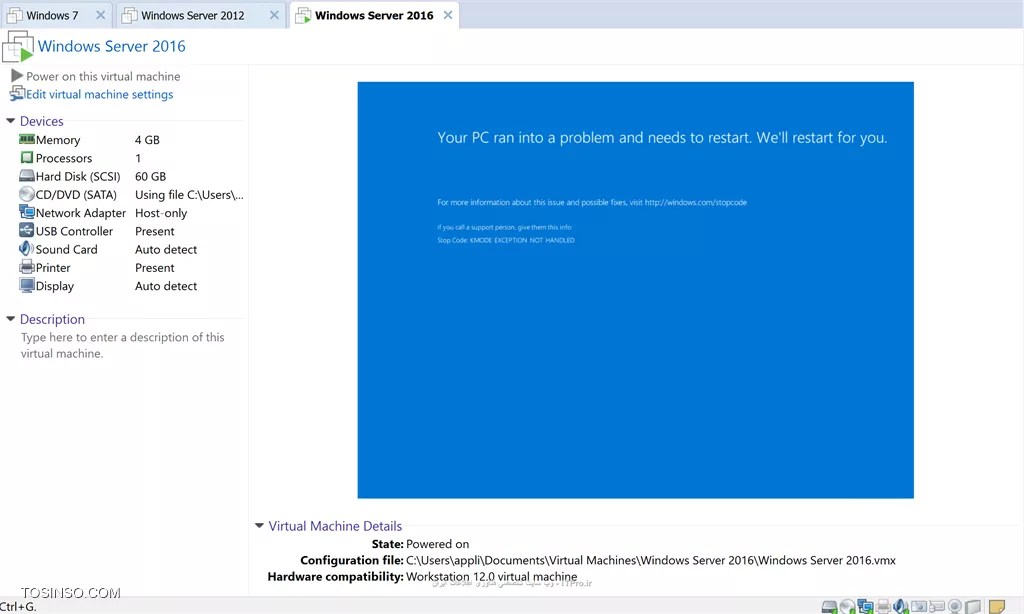 سلام 

پس از نصب ویندوز سرور 2016 بر روی VMWare 12 وقتی برای اولین بار ویندوز بالا می آید با خطای زیر روبرو می شوم لطفا اگر راه حلی وجود دارد ممنون میشوم راهنمایی بفرمایید
||http://tosinso.com/files/get/529b2393-72ec-43ea-9b17-cd7032a5d338||
