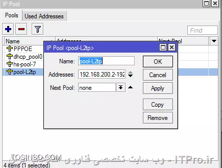 با سلام و خسته نباشید
من در یک شرکت برای اتصال Voip بین شعبات نیاز به ایجاد Connection L2tp با IPSec دارم و در mikrotik اونو راه اندازی کردم اما وقتی در گوشیم از بیرون شبکه به server address :ip public وارد کردم می خواهم وصل بشم امکان آن وجود ندارد
||https://tosinso.com/files/get/531f2a7d-e984-4651-9d99-6575e0a3b90a||
||https://tosinso.com/files/get/0e8242d1-c9c5-45df-9516-fb185265e361||
||https://tosinso.com/files/get/d7d62a90-3bc5-47a0-845c-5b049d375582||
||https://tosinso.com/files/get/04c90158-ae1b-4027-a491-9c03b76e02bb||
این تنظیماتیه که من انجام دادم