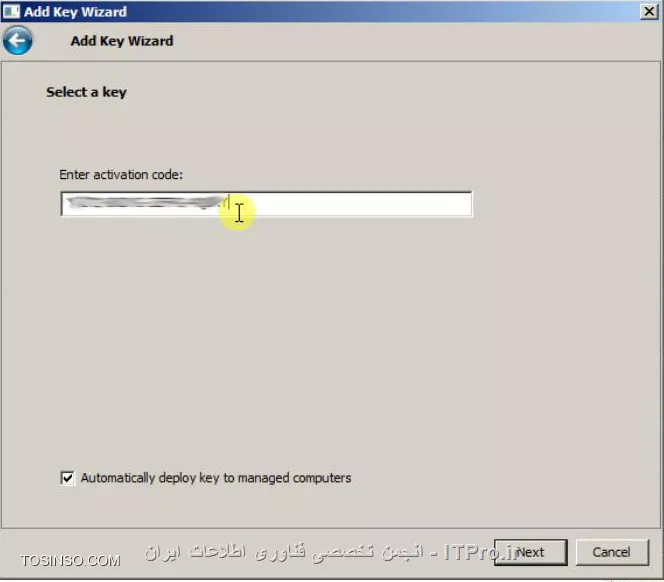 با سلام خدمت اساتید محترم و دوستان عزیز،در مطلب گذشته در مورد |طریقه نصب کنسول مدیریتی کسپرسکی::https://tosinso.com/articles/42652/%d8%a2%d9%85%d9%88%d8%b2%d8%b4-%d8%aa%d8%b5%d9%88%db%8c%d8%b1%db%8c-%d9%86%d8%b5%d8%a8-%da%a9%d9%86%d8%b3%d9%88%d9%84-%d9%85%d8%af%db%8c%d8%b1%db%8c%d8%aa%db%8c-%da%a9%d8%b3%d9%be%d8%b1%d8%b3%da%a9%db%8c-(Kaspersky)| آموزشش رو خدمتتون دادم و امروز میخوایم باهم روش های اضافه کردن لایسنس جدید رو به این کنسول مرور کنیم.در مطلب قبلی دوستان پرسیده بودند که این کنسول مدیریت به چه دردی میخوره که اگر با این مطالب همراه باشند در طول آموزش متوجه کارامدی این کنسول میشند ولی به طور اختصار خدمتتون ، عرض کنم که شما از طریق این کنسول و با ایجاد Task های مختلف میتونید از راه دور روی تمامی کلاینتاتون آنتی ویروس نصب کنید،اگر آلوده شدند متوجه بشید که کدوم دستگاه آلوده شده،پالیسی هایی نظیر بستن USBها اعمال کنید و... که در طول روزهای آتی به اونها میپردازیم. خوب میریم سراغ این آموزش:

*روش اول*

بعد از اجرای کنسول مدیریتی برای اضافه کردن لایسنس به قسمت Repositories رفته و به قسمت Keys بروید

||http://tosinso.com/files/get/aafc0a32-7597-4388-9bb8-a43f797f62fa||

در این مرحله شما برای اضافه کردن لایسنس در کنسول از 2 راه میتونید اقدام کنید که برای تنوع اول، راه دوم رو میریم.

خب در این قسمت Add Key رو انتخاب کنید

||http://tosinso.com/files/get/9be9c72b-370a-4cad-aed9-e56154ad914d||

سپس گزینه ی Load from key file رو انتخاب کنید

||http://tosinso.com/files/get/ef1ef067-26f6-4ef5-9531-04979fdffcc1||

در این قسمت باید لایسنس رو معرفی کنید،پس Select رو انتخاب کنید

||http://tosinso.com/files/get/0850993a-8fc6-4ae7-beb0-7cd8c584577f||

در صفحه ای که باز میشه مسیر لایسنس رو پیدا کنید و یکی از لایسنس هاتون رو انتخاب کنید

*توجه*
در پوشه ی لایسنس شما 2 عدد لایسنس باید داشته باشید که یکی مخصوص فعال کردن امکانات کنسول و دیگری مخصوص کلاینتها و سرور هاست.

معمولا لایسنس اول مربوط به کنسول و لایسنس دوم مخصوص کلاینتها و سرورها میشه.

||http://tosinso.com/files/get/02b9f223-5522-4404-8952-45b58e3a16d3||

بعد از اینکه لایسنس رو انتخاب کردین،مطمئن بشید که گزینه ی Automatically deploy key to managed computers رو فعال کرده باشین و بعد Next رو انتخاب کنید

||http://tosinso.com/files/get/69f3ad10-4994-4c49-bea7-d75d16c07357||

دیگه کار تمومه و Finish رو انتخاب کنید

||http://tosinso.com/files/get/517d44af-dd28-425a-aff3-48c5a0594162||


*روش دوم*

خب قرار شد که دوم،روش اول رو بگیم

مثل روش اول بعد از اجرا کردن کنسول به قسمت Repositories برید و به قسمت Keys برید و Add key رو انتخاب کنید

||http://tosinso.com/files/get/83224c8b-39c4-48b3-97f3-df7b66027e23||

در این صفحه گزینه ی Enter activation code رو انتخاب کنید

||http://tosinso.com/files/get/321795ea-feb5-4a06-92ac-9fdafd9bb3ce||

تو این قسمت باید کد لایسنس رو بدست بیارید،پس به فولدر لایسنستون برید و فایل Activation code رو که به صورت txt هست رو اجرا کنید

||http://tosinso.com/files/get/008ee9e3-3fa8-4a0d-ac82-647a845cf700||

تو صفحه ای که باز میشه کد لایسنس رو کپی کنید

||http://tosinso.com/files/get/f5062a42-ec91-43ea-a5a0-dd1ad28e55e5||

حالا کد کپی شده رو تو این قسمت paste کنید و از فعال بودن Automatically deploy... هم مطمئن باشید و Next رو انتخاب کنید

||http://tosinso.com/files/get/541d74fc-9d9e-4669-8068-b274c8945cde||

تو این قسمت باید سرورتون به اینترنت وصل باشه تا فایل لایسنس دریافت بشه .بعد از اینکه این مرحله تموم شد Next رو انتخاب کنید

||http://tosinso.com/files/get/eb5c472c-df48-4700-8c5e-bbea83ab0159||

خوب این روش هم به اتمام رسید و Finish رو انتخاب کنید

||http://tosinso.com/files/get/517d44af-dd28-425a-aff3-48c5a0594162||


*روش سوم*


خب امیدوارم که خسته نشده باشید

این روش یکم پیشرفته تر از 2 روش قبلی هست که با هم میریم جلو و بررسیش میکنیم

خب در مرحله ی اول به قسمت Managed computers برید و از سمت راست Tasks رو انتخاب کنید و روی Create a task کلیک کنید

||http://tosinso.com/files/get/ee34c446-f78e-4211-b187-d39b2ff02669||

تو این قسمت اسم Task لایسنس رو تعیین کنید و Next رو بزنید

||http://tosinso.com/files/get/a5e3fbd5-8a48-447c-bdf6-358dcfc64b74||

در اینجا ورژن آنتی ویروس مورد نظرتون رو انتخاب کنید و گزینه ی Add key رو انتخاب کنید و Next رو بزنید

||http://tosinso.com/files/get/3df52119-00c3-4f09-a4f2-671746256904||

تو این مرحله باز هم میتونید از 2 حالت برای معرفی لایسنس استفاده کنید که Activation code و Key file هستند که در صورتی که فایل لایسنس رو روی سیستم دارید(قبلا add کردیم باهم دیگه)

حالت دوم رو انتخاب میکنیم و Select رو انتخاب میکنیم

||http://tosinso.com/files/get/eba27bb5-4721-464b-8687-bb552bff0610||

در اینجا هم 2 حالت میتونید استفاده کنید.یا فایل رو از یه محل بخصوص معرفی کنید یا فایل لایسنس رو اگه قبلا تو کنسول وارد کردین و الان میخوایم Task اون رو بسازیم انتخاب میکنیم

||http://tosinso.com/files/get/d087774c-b77b-492c-8475-fe8cb60f655a||

اگه گزینه ی Key from kaspersky security center رو انتخاب کرده باشید این صفحه براتون نشون داده میشه که با انتخاب اون و OK کردن،لایسنس به Task اعمال میشه

||http://tosinso.com/files/get/33356a25-f23d-4ec8-a358-bb1865ce5cde||

اگر هم که Key file from folder رو انتخاب کرده باشید باید لایسنس رو از آدرس مربوطه انتخاب کنید

||http://tosinso.com/files/get/a909108a-0b8d-4e1d-83a7-6687cdf5c006||

حالا الان میبینید که لایسنس وارد شده و اضافه شده به Task و شما عزیزان کافیه که Next رو بزنید

||http://tosinso.com/files/get/2cb01fc2-ff8a-432d-b54d-9c01d3dac5ea||

تو این قسمت باید زمان اجرا شدن Task رو تعیین کنید و تنظیمات رو ترجیحا به همین شکل انجام بدبد و Next رو انتخاب کنید

||http://tosinso.com/files/get/a0c3f38f-50bb-4d05-a9c7-44d3e6fdc067||

دیگه این روش هم به اتمام رسیده و اگه گزینه ی Run task after wizard complete رو بزنید،Task شروع به کار میکنه

||http://tosinso.com/files/get/b9028f83-2e3b-4dc7-9c2e-68b89efe43de||

*روش چهارم*

این روش برای اضافه کردن اون لایسنسی هست که گفتم مخصوص کنسول مدیریتی هست

تو صفحه اصلی روی Administration Server رایت کلیک کنید و Properties بگیرید

||http://tosinso.com/files/get/4fdec48b-cacc-4188-9eb6-c4b0888229cf||

به قسمت Keys برید و از سمت راست Modify رو انتخاب کنید

||http://tosinso.com/files/get/0ee15f7c-6eec-4381-8047-12526c03c96a||

اگه قبلا لایسنس رو تو قسمت Repositories کنسول وارد کرده باشیم میتونیم تو این قسمت اونو انتخاب کنیم در صورتی که غیر از این بود Add رو بزنید

||http://tosinso.com/files/get/49f49a39-fa96-4101-8375-216f1b6a9e54||

این قسمت رو هم که 3 بار با هم مرور کردیم،پس گزینه ی Load from key file رو انتخاب کنید

||http://tosinso.com/files/get/2ca6a6f5-2238-4989-9c4a-1433f5cef5a0||

سپس Select رو انتخاب کنید

||http://tosinso.com/files/get/80912524-f803-4171-988a-1484e8f1d23e||

لایسنس مورد نظرتون رو انتخاب کنید

||http://tosinso.com/files/get/7790c174-7557-4b4b-b7e1-8a2cac163322||

حالا Next رو انتخاب کنید

||http://tosinso.com/files/get/7aef1844-be8f-4402-a687-8776712eee3c||

خب لایسنس شما با موفقیت add شده و میتونید finish رو بزنید

||http://tosinso.com/files/get/6b33c823-cead-4b27-8f44-600f7a29989a||

حالا الان میبینید که تو قسمت Keys لایسنس شما نشون داده میشه و کافیه که OK کنید

||http://tosinso.com/files/get/c66e6050-e221-4d65-8aaa-35e81954f2dc||

در آخر هم ازتون خواسته میشه که برای اعمال تغییرات یک بار کنسول رو ببندید و باز کنید

||http://tosinso.com/files/get/5d8aa72c-f203-45b1-bb74-c8b5d32caf19||

خوب دوستان عزیز 4 روش اضافه کردن لایسنس رو به کنسول مدیریت با هم مرور کردیم که امیدوارم مفید واقع شده باشه براتون و خسته نشده باشید

انشالله به زودی آموزش های دیگه ای از قابلیت های این کنسول رو براتون آماده میکنم.

نویسنده : مهدی عسکری
منبع : |جزیره امنیت اطلاعات و ارتباطات وب سایت توسینسو::https://tosinso.com/security|
هرگونه نشر و کپی برداری بدون ذکر منبع و نام نویسنده دارای اشکال اخلاقی است