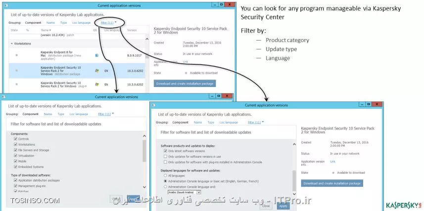 !! بروزرسانی Network Agent 
بروزرسانی Network Agent را  می توان بدون ایجاد Task به صورت خودکار انجام داد ، هنگامی که بروزرسانی از کسپرسکی اعلام می شود مدیر شبکه می تواند Agent را دانلود کند و آن را به صورت محلی نصب کند ، به صورت پیش فرض در Administration Server نصب Network Agent و بروزرسانی آن انجام می شود :

1- وارد تب پالیسی شوید و روی گزینه Policy of Network Agent کلیک کنید 

2- حالا بر روی Manage patches and updates کلیک کنید 

3- حذف چک باکس Install application updates with Undefined approval 

||آموزش کسپرسکی سرور 10 ::https://tosinso.com/files/get/9744d5d5-a4df-4ece-a303-7a9b30bd1749||

نکته : برای نصب نسخه جدید Network Agent ابتدا آن را بر روی یک کامپیوتر در گروه امتحان کنید و بررسی کنید که نصب موفقیت آمیز هست یا خیر 

همچنین مدیر شبکه می تواند برای جلوگیری از بروزرسانی همیشگی از گزینه Update Approval در بخش Declined استفاده کند ، برای جلوگیری از بروزرسانی Network Agent نسخه های قدیمی ( قبل از سرویس پک 1 ) می توانید از تسک Download updates to the repository استفاده کنید :

1- در نود Task وارد پراپرتیس شوید و تسک Download updates to the repository را انتخاب کنید 

2- سوییچ کنید روی Settings و در Other settings روی عبارت Configure ...  کلیک کنید 

3- بردارید چک باکس Update Agent modules ( for Network Agent version earlier than 10 Service Pack 10 ) 

- آگاهی از بروزرسانی های جدید 

برای آگاهی یافتن از بروزرسانی جدید در خش Update از صفحه Monitoring می توانید نسخه و سرویس پک را بررسی کنید . پیام هایی نظیر :

- بروزرسانی کامپوننت های Kaspersky Security Center 10 

- بروزرسانی ابزار های Kaspersky Lab  

- اخرین نسخه از ابزارهای Kaspersky Lab  

بخش Current application versions تمامی این آیتم ها را نشان می دهد 

||https://tosinso.com/files/get/543f1418-7242-434f-8f92-04721f88bdde||

همچنین برای یافتن آخرین بروزرسانی های نسخه و تولید و زبان برنامه ها می توانید :

||https://tosinso.com/files/get/44e479a5-b606-47e5-ac7f-0cc6f880205f||

- بروزرسانی لایسنس 

هنگامی که لایسنس کسپرسکی سرور 10 به اتمام می رسد نیاز هست که مجدداً خریداری شود ، در هنگام خرید به پارامترهای تعداد کلاینت ها و سرور ها - و نیاز به ابزار هایی نظیر رمزگذاری روی اطلاعات و نصب اپدیت های ویندوز به صورت خودکار دقت کنید برای مشاهده تاریخ و زمان انقضا لایسنس به تصویر زیر دقت کنید :

||احمد توسلی می نویسد از کسپرسکی سرور 10::https://tosinso.com/files/get/7e35e9b9-6136-4925-964a-4cf08e16558c||

- همچنین برای مشاهده فعال بودن تعداد لایسنس هایی که خریداری کردید :

||احمد توسلی نویسنده اولین مجموعه تمام پارسی کسپرسکی سرور 10::https://tosinso.com/files/get/63440cb4-1571-4aac-b7e0-9530c542f149||

* برای اعمال لایسنس ها روی یک کامپیوتر هم می توانید از راهنمای زیر استفاده کنید :

||https://tosinso.com/files/get/df2d2f0a-a7f3-4abc-bb53-0cac6ccfe926||

- برای فعال سازی لایسنس Administration Server :

||https://tosinso.com/files/get/fb240bd0-fb86-497b-9761-19c80e9e4b3b||

این فعال سازی تنها برای نسخه 10 مورد نیاز است و در نسخه Core پشتیبانی نمی شود و یک KESB لایسنس پیشرفته است . 

* تغییر لایسنس ها  

گاهی اتفاق می افتد که مدیر شبکه قصد دارد لایسنس جدید را مجدداً عوض کند  ، بنابراین برای این کار روی نود Tasks بروید و سپس در مسیر Distribute key on the client computer رفته و روی Advanced | Application management | Kaspersky Lab licenses کلیک کنید . 

||https://tosinso.com/files/get/543f1418-7242-434f-8f92-04721f88bdde||

نویسنده : سید احمد توسلی
منبع : |جزیره امنیت اطلاعات و ارتباطات وب سایت توسینسو::https://tosinso.com/security|
هرگونه نشر و کپی برداری بدون ذکر منبع و نام نویسنده دارای اشکال اخلاقی است