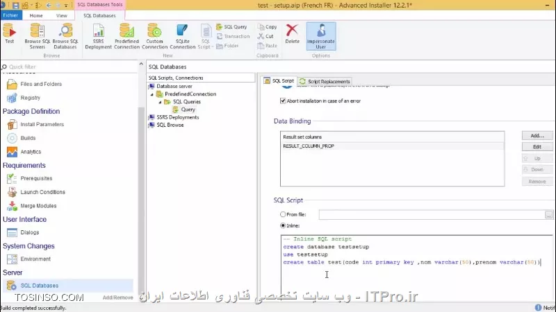 با سلام خدمت دوستان عزیز.
من میخوام برنامه ام که در VS2010 نوشته شده و برای جداول از Sql server2008 r2 استفاده کردم از advanced installer استفاده کنم.
در این مرحله از فایل آموزشیش اومده دستور ساخت بانک و جدول رو گذاشته.البته فقط یک جدول داره:
||https://tosinso.com/files/get/552b795c-55db-439e-8231-359ace778cd5||
سوال من اینه که منم باید کوئری تمام جداولم رو اینجا بنویسم؟
میشه از خود sql دستوراتشو بردارم؟ چون تعداد جداول من خیلی زیاده؟
