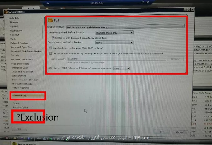 تصویر اول مربوط به بک آپ هفته چهارم هست که گزنه Exclude  در اون مشخصه

||http://network.tosinso.com/files/get/6264d0fb-b42d-4366-bd01-c5b447a1b3bc||

تصویر دوم در اینه که چرا در Job های دیگه Exlude ندارم؟!

||http://network.tosinso.com/files/get/55753136-f522-410a-80f0-dbf30b7f966a||

تصاویر بعدی به ترتیب نشون دهنده این هست که مثلاً در Job هسته دوم که بک آپ میگیره نباید SQL هارو بک آپ بگیره:

||http://network.tosinso.com/files/get/968d9942-5b91-46a3-8b0b-05841cbd394c||

||http://network.tosinso.com/files/get/0ae23734-af8e-4244-9d4c-1c66facfb38f||

||http://network.tosinso.com/files/get/bcf29a05-a9e1-4a01-befa-d3a78eea185c||

||http://network.tosinso.com/files/get/4e556684-917f-497d-8d95-d382d097cb65||

اگر تصویر دیگه ای لازم هست بفرمایید

ممنون از پاسختون