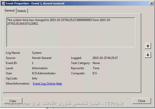 سلام
سروری دارم از 2008r2-
با اینکه w32time رو غیرفعال کردم و sync time رو هم غیر فعال کردم برخی مواقع یهویی ساعتش تغییر می کنه و به تبع اون ساعت کلاینت های مرتبط با اون- که واسم جنجال درست کرده
مثلا همین 25 اکتبر یهویی ساعت 04 گرینویچ به 03 تبدیل شده بود- تایم زوم اون گرینویچه
این پیام رو هم در event داده بود

The system time has changed to ‎2015‎-‎10‎-‎25T*04:25:27*.000000000Z from ‎2015‎-‎10‎-‎25T*03:25:29*.633712200Z.

||http://tosinso.com/files/get/55b8759a-1095-4de1-a4e9-65a991ae47da||