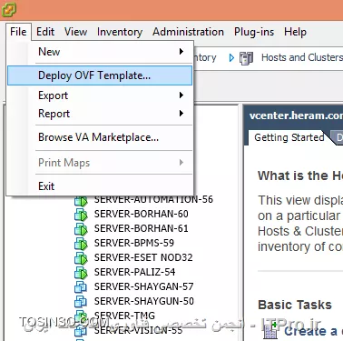 سلام
Export کردن از Vmware Workstation تموم شد. 
بعد توی Vcenter منوی File گزینه Deploy OVF Template رو انتخاب کردم.
||http://virtualization.tosinso.com/files/get/56a59bc4-e539-4591-bf65-ff1ee1c933ab||

اینجا هم سادست Browse  کردم و فایلی که Vmware Workstation برام Export کرده بود رو بهش معرفی کردم.
||http://virtualization.tosinso.com/files/get/48d3666f-1ee6-41db-8981-94f32888cbc6||

شروع کرد به Deployment کردن (استقرار)
||http://virtualization.tosinso.com/files/get/b264037e-d8e6-4fd0-a9c9-20bcae269704||

هنوز تموم نشده تموم بشه می گم 