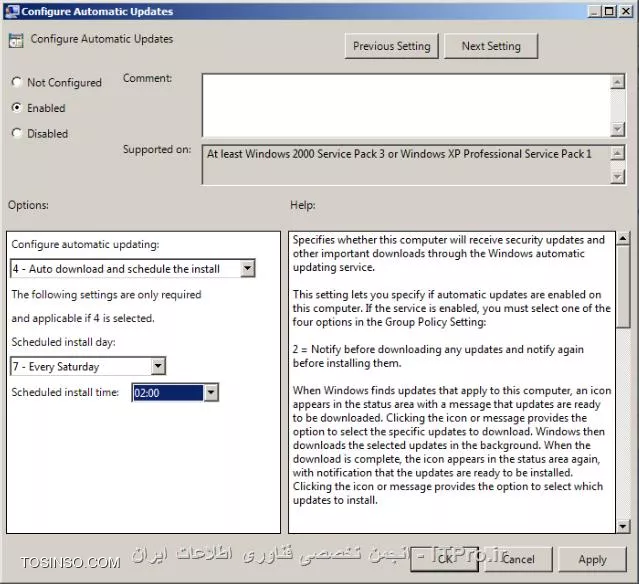 در دو قسمت قبلی مقاله به شرح تعاریف مربوط به WSUS پرداختیم و انواع آپدیت های ارائه شده توسط شرکت مایکروسافت و نیز نصب کنسول WSUS را قدم به قدم با همدیگر مرور کردیم  و باکنسول مدیریتی WSUS و  چگونگی دریافت و مدیریت آپدیت توسط این کنسول آشنا شدیم  .حال در قسمت پایانی نحوه عضویت کامپیوتر ها به این سرور و تنظیمات گروپ پالسی را برای کلاینت ها دنبال کرده و در نهایت به تایید و توزیع آپدیت ها در محیط شبکه می پردازیم.

!!! عضویت  و تنظیمات کلاینت ها در WSUS سرور

برای عضویت کامپیوتر ها در WSUS سرور آسان ترین راه استفاده از تنظیمات گروپ پالسی می باشد . اگر کامپیوترها عضو دومین باشند ،یک GPO ساخته و آن را به دومین لینک می دهیم و یا اینکه در کنسول Active Directory Users & Computers  یک OU   می سازیم و کامپیوتر های عضو دومین را به آن منتقل کرده  و یک GPO  ایجاد و به آن لینک می دهیم و تنظیمات WSUS سرور موجود در گروپ پالسی را برای آن انجام می دهیم . در بخش Computers کنسول WSUS نیز می شود ، یک گروه ایجادکرده و آن را به گروپ پالسی معرفی کنیم تا کامپیوتر هایی که عضو WSUS  سرور می شوند ، با اعمال شدن تنظیمات گروپ پالسی برای کامپیوتر ها ، به جای اینکه به صورت پیش فرض در گروه Unassigned Computer قرار بگیرند مستقیما پس از عضویت ،به گروهی که ساختیم منتقل شوند. برای ایجاد یک گروه جدید تنها کافیست در کنسول WSUS به قسمت Computers  رفته و روی زیر گره All Computers  کلیک و گزینه Add computers Group  را انتخاب کنیم. مراحل طی شده در تصویر زیر نمایش داده شده است .

||http://network.tosinso.com/files/get/8e96f9f9-7a0e-454a-8b45-86a0887c0b15||

پس از ساخت گروه به باید کاری کنیم تا کامپیوترها از تنظیمات گروپ پالسی تبعیت کنند به همین منظور با کلیک روی گره Option  در کنسول گزینه آپشن Computers  را در پنل وسط صفحه انتخاب و گزینه Use Group Policy or registry settings on computers  را مارکدار می کنیم .پیشتر توضیح مربوط به این قابلیت در بخش بررسی آپشن های  WSUS عنوان شده است.

||http://network.tosinso.com/files/get/a5ce1c36-6d94-43ed-8a0c-8eb80943587e||

حال که پیش نیازهای تنظیمات گروپ پالسی را فراهم کردیم برای انجام تنظیمات در Group policy management editor به مسیر زیر می رویم :

<c#>
Computer Configuration  => Administrative Templates => Windows Components  => Windows Update
<c#>

در قسمت Windows Update  تنظیمات مربوط به WSUS قرار دارد در این مقاله ما به مهم ترین این تنظیمات اشاره می کنیم .

||http://network.tosinso.com/files/get/93fa1925-9f58-4f4c-adb9-f0ea49b70541||

در جدول بالا تنظیماتی که باید در گروپ پالسی انجام شوند لیست شده است .در توضیحات این تنظیمات همراه با تصاویر مربوط به آنها مشاهده می کنیم  :

!!!! Configure Automatic Updates

فعال کردن این پالسی آپشن  هایی را در اختیار ما قرار می دهد  که باید یکی از این آپشن ها را انتخاب کنیم در زیر  به شرح هر کدام از این قابلیت ها می پردازیم :

* *2- Notify for Download and notify for install:* اطلاع رسانی سرور قبل از دانلود آپدیت ها و نیز پیش از نصب آنها
* *3-Auto download and notify for install:* تنظیمات پیش فرض ، دانلود اتوماتیک آپدیت ها و نیز اطلاع رسانی زمانیکه آپدیت ها آماده برای نصب هستند 
* *4-Auto download and schedule the install:* دانلود اتوماتیک آپدیت  ها و نصب آنها طبق یک برنامه ی ویژه ی زمانی . اگر این آپشن را انتخاب کنیم باید روز و ساعت مورد نظر را نیز برای جستجوی آپدیت ها و نصب آنها مشخص کنیم .
* *5-Allow local admin to choose setting:* این آپشن به ادمین های لوکال اجازه می دهد که پیغام های آپدیت اتوماتیک را دریافت کرده و آنها را نصب کنند ، انتخاب این گزینه قابلیت برنامه ریزی زمانی برای نصب آپدیت ها را در اختیار ادمین لوکال قرار می دهد.باید بخاطر داشت که ادمین لوکال اجازه ی غیر فعال کردن Automatic update  را ندارد.

||http://network.tosinso.com/files/get/577735b6-403a-49e5-aff9-95f2a6db178d||

!!!! Specify intranet Microsoft Update service location

در این قسمت آدرس  WSUS سرور را وارد می کنیم تا سایر کامپیوتر ها بتوانند برای دریافت آپدیت ها به جای برقراری ارتباط با سایت مایکروسافت  از یک  سیستم بروز رسانی مرکزی داخلی  موجود در  شبکه ی  سازمان بهره گیرند.در این پالسی باید نام دو سرور را معرفی کنیم : 

* *Set the intranet update service for detecting updates:* در این بخش آدرس و نام  سروری را عنوان می کنیم که وظیفه ی تشخیص و دانلود آپدیت ها را بر عهده دارد.
* *Set the intranet Statistics server:* برای این قسمت نیز نام سروری را مشخص می کنیم که کلاینت ها اطلاعات مربوط به نصب آپدیت ها را به آن گزارش می دهند.
در بیشتر موارد یک سرور این دو وظیفه را بر عهده دارد. در اینجا نیز ما نام یک سرور را به دو بخش عنوان شده معرفی می کنیم .

||http://network.tosinso.com/files/get/1de33e10-d065-4fd6-afb4-2e0aeaa148ad||

!!!! Automatic updates detection frequency
برای پرسش کلاینت ها از WSUS سرور در مورد در دسترس بودن آپدیت ها  یک فاصله زمانی را  مشخص می کند  بصورت پیشفرض برای این پالسی تعریف شده که کلاینتها برای این منظور هر 22 ساعت یکبار با سرور ارتباط برقرار کنند. در اینجا ما این زمان را به 12 ساعت تغییر داده ایم .باید بخاطر داشته باشیم که این پالسی در صورتی موثر است که Specify intranet Microsoft Update service location را Enable  کرده باشیم .

||http://network.tosinso.com/files/get/1a3cd326-8e74-4867-9fbe-a6f7a786c4ed||

!!!! Allow non-administrators to receive update notifications
  فعال کردن این پالسی باعث می شود تا علاوه بر یوزر های ادمین ،کاربران دیگر نیز پیغام مبتنی بر نصب آپدیت را دریافت کرده و بتوانند آپدیت ها را نصب کنند .

||http://network.tosinso.com/files/get/9674e965-6e36-4407-b67f-33caa1a0f901||

!!!! Enable client-side targeting
 فعال کردن این پالسی شرایطی را فراهم می آورد تا کامپیوتر ها به هنگام برقراری ارتباط با WSUS سرور به جای اینکه در قسمت Unassign computer قرار بگیرند به Computer Group  ای که پیشتر ساختیم و نام آن را به این بخش معرفی کردیم ،منتقل شوند و WSUS سرور نیز آپدیت ها را برای این گروه ها Deploy  کند.همچنین این پالسی موجب شده که تمامی تنظیماتی که در GPO انجام داده ایم ،تنها به گروه ذکر شده در این بخش اعمال شوند. باید توجه داشت که این تنظیم در صورتی کارایی دارد که پالسی Specify intranet Microsoft Update service location  فعال باشد اگر چندین گروه برای کامپیوترها در WSUS سرور ایجاد کرده باشیم در صورتی که بخواهیم تنظیمات صورت گرفته به تمامی این گروه ها اعمال شوند، در این بخش می توانیم نام این گروه ها مشخص کنیم باید توجه داشت که نام گروه ها در این پالسی باید با نماد سمی کالن یا همان نقطه ویرگول از یکدیگر تفکیک شوند.

||http://network.tosinso.com/files/get/da63b92b-ddad-4d1d-acc5-88beb8ea5b7c||

پس از انجام تنظیمات گروپ پالسی و اعمال شدن آنها به سرور و کلاینت های عضو دومین ، مجددا به سراغ کنسول WSUS می رویم . در پنل سمت چپ ، گره یComputers  را باز می کنیم . همانگونه که در تصویر زیرمشخص است کامپیوترها به صورت اتوماتیک در گروهی که ایجاد کردیم قرار گرفته اند .

||http://network.tosinso.com/files/get/a48d380c-2c15-438d-ba88-a8ddeab7374c||

پس از انجام تنظیمات گروپ پالسی و عضویت کلاینت ها در WSUS  سرور، حال نوبت به نصب متمرکز آپدیت ها می رسد.  در این بخش به بررسی شیوه ی مرور وضعیت آپدیت ها و کامپیوتر ها و نیز مدیریت و نصب متمرکز آپدیت ها تحت شبکه می پردازیم.پس از عمل Synchronization ، آپدیت های دریافتی در قسمت Updates قرار می گیرند. همچنین انتخاب گزینه Updates در کنسول WSUS ،با نمایش یک overview   از انواع آپدیت ها در صفحه ،یک راه سریع برای آگاهی از وضعیت آپدیت ها در محیط شبکه برای ما فراهم می آورد. برای بدست آوردن اطلاعات بیشتر در رابطه با جزئیات آپدیت ها از زیر گره های گزینه Updates  (نوع آپدیت ها )بهره می گیریم با کلیک روی هر کدام از انواع آپدیت ها ، لیست آپدیت های دانلود شده ی  آن نمایش داده می شود .برای تحلیل وضعیت آپدیت ها باید از تعاریف مربوط به وضعیت آپدیت ها و نیز تصدیق آنها آگاهی داشته باشیم .

!!!! انواع Status  های تعریف شده برای آپدیت ها

*failed:* معرف آپدیت هایی است که بهنگام تشخیص و نصب آنها توسط کامپیوتر ، خطا رخ داده است.
*needed: *بدین معنیست که آپدیت سازگار با کامپیوتر و مورد نیاز آن است بنابراین باید نصب شود.
*Update Install / not applicable: *بیانگر تعداد آپدیت هایی است که روی سیستم نصب شده اما قابل اجرا شدن نیست .مثلا نصب آپدیت های یک نرم افزار روی سیستم، در صورتی که  این نرم افزار در سیستم موجود نیست، بنابر این این آپدیت قابلیت اجرا ندارد.
*no status: *معمولا بیانگر این مطلب است که از زمانی که WSUS سرور آپدیتی را Synchronize  کرده ، هیچ کامپیوتری برای دریافت و نصب آن با WSUS سرور ارتباط برقرار نکرده است 
علاوه بر موارد ذکر شده ،WSUS سرور از ترکیبی از وضعیت آپدیت ها مثلا Failed or Needed, Installed/Not Applicable, No Status برای مشخص کردن وضعیت آپدیت های موجود بهره می گیرد.

!!!! انواع تائیدیه(Approvals) برای آپدیت ها
پس از اینکه آپدیت ها توسط WSUS سرور دریافت شدند بصورت اتوماتیک برای ارتباط با کامپیوتر های عضو WSUS سرور اسکن می شوند با این حال قبل از Deploy شدن آپدیت ها در شبکه برای نصب ، باید آنها را به صورت دستی Approve و تایید کرد. انتخاب هر کدام از گزینه های ذکر شده در زیر برای WSUS سرور تعریف می کند که چه رفتاری با آپدیت ها داشته باشد.

*Approved: * آپدیت های دانلود شده ،برای نصب تائید شده اند.
*Unapproved:* جهت عدم تائید آپدیت ها برای نصب از این گزینه استفاده می کنیم ، اما آپدیت مذکور در لیست پیش فرض آپدیتها باقی خواهد ماند.
*Declined:*انتخاب این گزینه باعث می شود که آپدیت به کلی از لیست آپدیت ها حذف شود ، بنابراین WSUS سرور قادر نخواهد بود این آپدیت را برای ارزیابی و نصب به کامپیوتر ها عرضه کند.

همانطور که  پیشتر ذکر کردیم در زیر گره Update  انواع آپدیت ها نمایش داده شده است که مراجعه به آنها شرایط را برای بررسی آپدیت هایی که قصد Deploy  کردن آنها را داریم ، فراهم می کند.بعنوان مثال با استفاده از بخش Critical Update  می توانیم مروری بر آپدیت های حساس داشته و آنها را Deploy  نماییم.  اگر روی قسمت All Update  کلیک کنیم و از منوی کشویی موجود در صفخه ) منوی Approval) گزینه Unapproved را انتخاب کرده و سپس رویRefresh  کلیک کنیم ،لیستی از آپدیت های تایید نشده ی آماده برای Deploy  شدن برای ما نمایش داده خواهد شد. 

||http://network.tosinso.com/files/get/161382fd-7fc1-443f-9104-05eb2dc4f4b6||

با کلیک روی هر کدام از آپدیت ها و هایلایت کردن آنها اطلاعات و جزئیات  بیشتر در مورد آن آپدیت ،  در بخش پایین پنل میانی کنسول ظاهر می شود.

||http://network.tosinso.com/files/get/fd1ced94-489e-4383-88bd-52f18838364f||

پس از دریافت لیست آپدیتها از سایت مایکروسافت و بررسی وضعیت آنها برای deploy  شدن در شبکه نوبت به فراهم آوردن شرایط لازم برای دریافت آپدیت ها توسط کامپیوتر های تحت شبکه می رسد.  باید در نظر داشت که Deploy کردن آپدیت ها در شبکه بصورت متمرکز ممکن است مشکلاتی جدی برای شبکه ایجاد کند و بهتر است که پیش از دریافت آپدیت ها توسط کاربران شبکه ، این آپدیت ها در یک محیط تست روی چند سیستم که همانند سیستم های موجود  در سازمان هستند ، آزمایش شده و در صورت عدم بروز مشکل در کل شبکه Deploy شوند. برای این منظور  باید  علاوه بر Computer group  در نظر گرفته شده برای کامپیوتر های تحت شبکه ، یک Computer group  هم  برای کامپیوتر هایی که قصد تست کردن آپدیت ها را روی آنها داریم (در اینجا ITPro-Test Lab ) را ایجاد کنیم . در کنسول  Active Directory users & computers  نیز دو OU  یکی برای کامپیوتر هایی که برای تست عضو دومین شده اند  و دیگری برای کامپیوترهای شبکه ایجاد می کنیم  و به هرکدام GPO  لینک داده و تنظیمات مربوط به Windows update را روی آنها اعمال می کنیم  .  تصویر زیر طرح مورد نظر ما برای توزیع آپدیت ها در شبکه را نمایش می دهد. 

||http://network.tosinso.com/files/get/36fa9c96-de52-4269-a97f-1aeaf0ec5a1d||

برای نصب آپدیت ها تنها کافیست در کنسول WSUS به بخش Updates رفته و زیر گره ی All Updates  را باز کنیم .در پنل میانی که لیست آپدیت ها در آن موجود است روی آپدیت مورد نظر کلیک کرده و گزینه Approve  را انتخاب کنیم . پس از آن پنجره ای باز می شود که لیست تمامی Computer Group های موجود را در بر دارد روی Computer Group  ای که می خواهیم آپدیت را برای آن نصب کنیم کلیک کرده و گزینه Approve for install  را انتخاب می کنیم .

||http://network.tosinso.com/files/get/d06ba812-7448-499f-a686-ec4509eeef9e||

در نتیجه فرایند Approve  شدن آپدیت آغاز می شود .پس از تایید موفیت آمیز آپدیت روی گزینه Close  کلیک می کنیم .

||http://network.tosinso.com/files/get/643e48f3-2c64-4e82-9177-e76aedab8a29||

بدین ترتیب آپدیت ها توسط کامپیوتر هایی که عضو Computer Group  انتخاب شده هستند دریافت می شوند . کامپیوتر ها تا زمانیکه برای نصب آپدیت در پالسی ها تعیین کردیم ، در انتظار برای نصب آپدیت باقی می مانند و در زمان معین شده به نصب آپدیت می پردازند .پس از نصب آپدیت کامپیوتر کلاینت Reboot  خواهد شد.
*نکته:* از آنجایی اکثرسازمانها در ایران از ویندوز های کرک شده و غیر ارجینال استفاده می کنند باید مراقب باشیم که آپدیت های مربوط به اکتیویت ویندوز ها Approve  نشوند در غیر اینصورت ویندوز های سازمان  دچار مشکل می شوند. دو شمار کد برای اکتیویت آپدیت ها موجود است که باید از نصب این دو آپدیت جلو گیری کنیم به این آپدیت ها اصطلاحا WGA می گویند که مخفف عبارت Windows Genuine Advantage  می باشد .(هر آپدیت یک شماره ی کد مشخص با پسوند KB به معنی Knowledge Base دارد ).شماره ی KB971033  برای  Activation Update ویندوز 7 و شماره ی KB905474 برای ویندوز  XP می باشد.پس از اینکه آپدیت ها روی کامپیوتر های مورد آزمایش نصب شدند .در صورت اطمینان از عدم بروز خطا و ایجاد اختلال، می توانیم با خیالی آسوده آپدیت ها را در شبکه Deploy کنیم . بنابراین تمامی مراحل ذکر شده برای Approve  و نصب آپدیت را برای Computer Group  در بردارنده کامپیوتر های موجود در شبکه نیز انجام می دهیم . 

نویسنده: مریم حیات رمضانی
منبع : |جزیره سرویس های شبکه مایکروسافت وب سایت توسینسو::https://tosinso.com/microsoft|
هرگونه نشر و کپی برداری بدون ذکر منبع دارای اشکال اخلاقی می باشد 