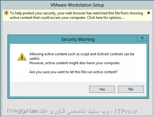 جناب نصیری من هنگام نصبVMware با این پیام امنیتی برخورد کردم بعد ازکلیک راست کردن روی پیام گزینه ای بود به نامallow block content و بعد تایید گزینه با رابطه با activeX مواجه شدم تحلیل شما از این پیام چیه؟این رو هم ذکر کنم با زدن دکمه yes شروع به نصب میکنه آیا تاثیری در نصب ویندوزserver داره؟ یعنی اینکه موجب خطا در نصب بشه؟  با تشکر
||https://network.tosinso.com/files/get/5778ff0c-b16f-4e76-afc5-4d0b494db40a||
