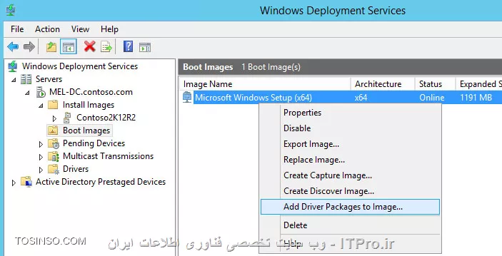 بعد از اینکه درایورها رو Add کردین به بخش Boot Images برین و روی ایمیجی که میخاین با WDS نصب کنین راست کلیک، و گزینه Add Driver Packages to Image رو انتخاب کنین

<center>
||https://network.tosinso.com/files/get/57f89a21-2a2f-4940-a2c9-b3686dbcfdf1||
<center>