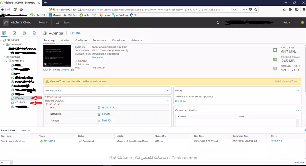 از اول مشکل رو توضیح می دم
من دو تا VCSA با ای پی 192.110.10.3 و 192.110.10.11 دارم
که Vcenter مربوط به 192.110.10.11 از داخل 192.110.10.3 قابل دسترس است و امکان خاموش و روشن دارد

||https://network.tosinso.com/files/get/593d1e55-481d-4acf-adf0-fe2c2950fd9e||

مشکل اصلی من اینه که وقتی VCSA با ای پی 192.110.10.11 رو می خوام باز کنم ارور میده

||https://network.tosinso.com/files/get/0558fe01-5bcb-4234-aaf5-d005bd08cc46||

بررسی که کردم ، باید سرویس های مربوط به Esxi رو باید ریست کنم

ولی من یوز و پسورد ESXI مربوط به ای پی 192.110.10.11 رو ندارم
برای این کار باید ESXI رو با استفاده از اوبونتو لایو بیارم بارم و برم داخل sda5 
ولی هر کار می کنم صفحه بوت منوی ESXI ای پی 192.110.10.11 نمیاد
از داخل تنظیمات هم (مثل بالا که توضیح دادم) که تغییرات رو اعمال می کنم مستقیم ابونتو رو لود می کنه ولی sda5 رو نداره
چه کنم ؟؟؟

