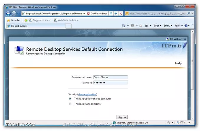 با آخرین قسمت از سری مقالات آموزش راه اندازی Remote Desktop Services در Windows Server 2008 R2 در خدمت شما هستیم ، در قسمت قبل از این سری مقالات روش ارائه این سرویس را با استفاده از کنسول RemoteApp Programs و بوسیله فایلهای RDP و MSI بررسی کردیم ، گفتیم که با استفاده از این روش کاربران میتوانند با نام و رمز کاربری خود بصورت همزمان چند Session برقرار کرده و از چندین نرم افزار بصورت همزمان استفاده کنند همچنین گفتیم که مدیران میتوانند با استفاده از فایلهای MSI آنها را بصورت متمرکز در شبکه نصب کنند تا دیگر نیازی به در دسترس قرار دادن فایلهای RDP و MSI برای کاربران نباشد اما با این حال باز ممکن است به هر دلیلی برخی از کاربران از قلم افتاده شود و به این فایلها دسترسی نداشته باشند لذا همین مورد ممکن است یکی از دغدغه های مدیران شبکه بوده باشد .

در این قسمت از این سری مقالات تصمیم داریم روش ارائه این سرویس را تحت وب به شما آموزش دهیم شما به عنوان مدیر شبکه با استفاده از این روش میتوانید یک آدرس URL را به کاربران خود معرفی کرده و از آن پس کاربران با وارد کردن این آدرس در مرورگر خود و وارد کردن نام کاربری و رمز عبور خود نام نرم افزارهای ارائه شده توسط مدیر شبکه را در مرورگر وب خود مشاهده کرده و با انتخاب نرم افزار (های) مورنظر به آنها دسترسی پیدا کند در این روش ، دیگر نیازی نیست که فایل هایی مثل RDP و یا MSI درست کنیم و یا اینکه آدرس مسیر نرم افزار مورد نظر را برای کاربران مورد نظر وارد کنیم. 

در ابتدا برای استفاده از این سرویس تحت وب لازم است که رول Remote Desktop Web Access را در Remote Desktop Server خود نصب کنید که ما در قسمت اول از این سری مقالات این کار را انجام دادیم و همانطور که مشاهده کردید IIS هم بصورت همزمان و بطور اتوماتیک بر روی سرور نصب خواهد شد. زمانی که این سرویس بر روی سرور نصب شود بصورت اتوماتیک یک وب سایت ایجاد میشود که کاربران از طریق این وب سایت با سرور ارتباط برقرار کرده و از این سرویس استفاده میکنند برای اینکه کلاینتها از این سرویس بتوانند استفاده کنند لازم است که آدرس DNS مناسب را برای هدایت کلاینتها به سمت سرور وارد شود در صورتی که کالینت ها DNS سرور را پیدا نکنند در زمان برقراری اتصال پیغامی مبنی بر عدم یافتن سرور به شما نمایش داده خواهد شد به شکل زیر :
<ltr>
The remote computer could not be found Please contact your helpdesk about this error
<ltr>
||http://tosinso.com/files/get/0158cc0e-4ff7-4839-8cbf-c144ebd31202||
خب برای اینکه نرم افزارها را در شبکه برای استفاده کلاینتها Publish کنیم در ابتدا وارد کنسول RemoteApp Manager شده و در قسمت RemoteApp Programs نرم افزار (های) مورد نظر خود را اضافه میکنیم ، بطور پیشفرض تمام نرم افزارهایی که در این لیست اضافه میشوند از طریق وب قابل دسترسی هستند اما شما با راست کلیک بر روی نرم افزارها در لیست و انتخاب دو گزینه ی Show in RD Web Access  و Hide in RD Web Access میتوانید آن نرم افزار را در دید کاربران در صفحه مرورگر پنهان کرده و یا نمایش دهید ، همانگونه که در تصویر زیر مشاهده میکنید در ستون RD Web Access وضعیت نرم افزار یعنی نمایش یا پنهان بودن آن در زمان استفاده از مرورگر وب را میتوانید مشاهده کنید
||http://tosinso.com/files/get/c3d9fda5-0451-4924-86d8-ef7789d09085||
تا اینجا کار ما در سرور تمام شده ، حالا کاری که کلاینت برای ان اتصال لازم است انجام دهند را با هم بررسی میکنیم. کلاینتها برای اینکه به صفحه وب مورد نظر دسترسی داشته باشند بایستی آدرس URL را به شکل زیر در صفحه مرورگر خود وارد کرده و به جای ServerName نام سرور و یا آدرس IP آن را قرار دهند
<htm>
https://ServerName/RDWeb
<htm>
البته این آدرس قابل تغییر بوده و در صورت نیاز میتوانید آن را تغییر دهید ، پس از باز کردن آدرس کلاینتها با صفحه ای به شکل زیر مواجه میشوند:
||http://tosinso.com/files/get/596a2efb-301f-45eb-9b38-054e982d57b9||
در این صفحه در قسمت Domain\user name: نام کاربری و در قسمت Password کاربر رمز عبور خود را وارد کرده همچنین در قسمت Security کاربر میتواند سطوح امنیتی خود را تغییر دهد و در نهایت Sign in را زده تا وارد محیط کاربری خود شود. پس از ورود ، کاربر با پنجره ای به شکل زیر مواجه خواهد شد و با کلیک بر لینک RemoteApp Programs در مرورگر خود میتواند نرم افزارهای Publish  شده ای که مدیر در اختیارشان قرار داده را در پایین این لینک مشاهده کند و با کلیک بر روی نرم افزار(های) مورد نظر، آنها را اجرا و از آنها استفاده کند.
||http://tosinso.com/files/get/7774497e-421d-4ddf-9aa3-c65a0858aa7b||
دقت داشته باشید که کاربران بعد از کلیک بر روی نرم افزار مورد نظر ، پنجره ای دقیقا به شکل همان پنجره ای که در زمان اجرای فایلهای RDP با آن مواجه میشود را مشاهده می کنند و با روش مشابه که در قسمتهای قبلی مقالات توضیح داده شده میتوانند ارتباط را برقرار کرده و پس از احراز هویت به سرور وصل شوند. گاهی ممکن است که بنا به نیاز مدیر شبکه با استفاده ازDelegation  به یک کاربر اجازه دسترسی به برخی کنسولهای مدیریتی در سرور را داده باشد و کاربر بنا به سطح دسترسی خود لازم باشد که به سرور ریموت زده تا تصویر دسکتاپ سرور را مشاهده و به کنسولهای مورد نظر دسترسی داشته باشد ، کاربر برای اینکار در  Run عبارت mstsc را تایپ کرده و با وارد کردن آدرس سرور به آن ریموت میزند ، با راه اندازی این سرویس تحت وب راه دیگری برای کاربر فراهم میشود که با رفتن به صفحه وب و کلیک بر روی لینک Remote Desktop صفحه به شکل زیر تغییر کرده و در قسمت Connect to آدرس و یا نام کامپیوتر مورد نظر خود را بنویسد و به آن متصل شود
||http://tosinso.com/files/get/40a95855-00f8-4279-b7d6-c1de2f1f24db||
کاربر با زده Options یک سری تنظیمات دیگر مشاهده میکنید و امکان انتخاب برخی اختیارات و تنظیمات برای شما فراهم میشود، در واقع بدینوسیله کاربر همان کاری که در mstsc انجام میدهد را میتواند انجام دهد و به سرور و یا هر کامپیوتر دیگری در شبکه در صورت وجود دسترسی مناسب Remote زده و وصل شود.

*نتیجه گیری:*
در این سری مقالات تصمیم بر آن داشتیم که آموزش راه اندازی Remote Desktop Services داده شده همچنین روشهای Publish نرم افزارها را در شبکه و با استفاده از Remote Desktop Services بررسی کنیم در قسمت اول آموزش نصب Rule و در قسمت دوم استفاده از تب Environment را بررسی کردیم و مزایا و معایب آن را با هم بررسی کردیم ، در قسمت سوم با کنسول RemoteApp Manager آشنا شدیم و روش ساخت و استفاده از فایلهای rdp و msi همچنین مزایا و معایب آنها را بررسی کردیم یکی از معایب آنها این بود که کاربران برای بهره مندی از این سرویس نیاز به فایل rdp و یا msi مربوط به نرم افزار مورد نیاز بودند و بایستی مدیر در شبکه این فایلها را به هر طریقی در اختیار کاربران قرار میداد همچنین با Publish کردن نرم افزار جدید بایستی فایل مربوطه در اختیار کاربران قرار داده می شد. در قسمت چهارم که قسمت آخر از این سری مقالات بود استفاده از Remote Desktop Web Access را بررسی کردیم که با استفاده از آن کاربران با وارد شدن به آدرس URL از پیش تعیین شده و احراز هویت میتوانند نرم افزارهای پابلیش شده توسط مدیر شبکه را مشاهده و بنا به نیاز خود آنها را اجرا کنند همچنین با استفاده از امکانات در همان صفحه میتوانند به کامپیوتری دیگر در شبکه خود متصل شوند که البته خود نیازمند به دارا بودن سطوح دسترسی مناسب میباشد . به امید آنکه این سری مقالات تاثیری هرچند بسیار کم در پیشرفت شما داشته باشد. شاد و پیروز باشید 

نویسنده : سعید شمس آبادی
منبع : |جزیره راهکارهای مجازی سازی وب سایت توسینسو::https://tosinso.com/virtualization|
هرگونه نشر و کپی برداری بدون ذکر منبع و نام نویسنده دارای اشکال اخلاقی می باشد.