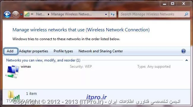 در این مقاله شما را با مفهوم توپولوژی های وایرلس به ویژه توپولوژی های Infrastructure  و Ad hoc  آشنا خواهیم کرد و به شما آموزش می دهیم که چگونه یک شبکه Ad Hoc  را با استفاده از ویندوز Seven راه اندازی کنید. در استاندارد 802.11 یا Wireless Local Area Network دو نوع توپولوژی وجود دارد که به نام های AH Hoc و Infrastructure شناخته می شود این دو توپولوژی در شکل زیر نشان داده شده است.

||http://www.tosinso.com/files/get/61ed48ab-bc19-45ee-8986-20bef0dc9817||

!! معرفی  AD Hoc Topologies
به نوعی از توپولوژی کفته می شود که دو یا چند کامپیوتر را بدون نیاز به Device جانبی مانند Access Point می توانند به صورت مستقیم با یک دیگر ارتباط برقرار نمایند.به عنوان مثال ارتباطی که دو Lap Top با یکدیگر برقرار می نمایند بر اساس همین مدل می باشد این نوع توپولوژی به علت وجود تداخل در ارتباط توصیه می شود از توپولوژی Infrastructure استفاده نمایید.

!! معرفی Infrastructure Topologies
به توپولوژی گفته می شود که ارتباط بین کلاینت ها به کمک یک Device به نام Access Point انجام می گیرد به طور کلی Access Point یا AP به دستگاهی کفته می شود که دارای چندین نقش است :

* مدیریت شبکه بی سیم را بر عهده دارد.
* وظیفه برقراری امنیت در شبکه های بی سیم را بر عهده دارد.
* تقویت امواج و سیگنال های ارتباطی را عهده دار می باشد.

در شبکه های بی سیم برای برقراری امنیت و بالا بردن آن می توانید از سه نوع پروتکل برای تائید هویت استفاده نمایید که شامل WEP,WPA,WPA2 می باشد که در شکل زیر قابل مشاهده است.

||http://www.tosinso.com/files/get/1c484698-f0ae-46e3-b9ae-1c65156e1aaf||

در پروتکل WEP دو روش برای تائید هویت استفاده می گردد که به نام های Open  و Shared Key شناخته می شوند و برای رمز گذاری (Encryption) اطلاعات از پروتکلی به نام RC4 استفاده می گردد.در پروتکل WPA از دو روش برای تائید هویت استفاده می گردد که به نام های IEEE 802.1x و PSK شناخته می شود .در این پروتکل تائید هویت برای شبکه های کوچک خانگی از PSK استفاده می شود و برای سازمان های که امنیت برای انها مهم است از پروتکل IEEE 802.1x استفاده می گردد و در هر دوحالت از پروتکل رمز گذاری به نام Tkip/Mic استفاده می شود و امنیت نسبت به WEP بالاتر است. در پروتکل WPA ورژن 2 همانند WPA از دو روش تائید هویت یکسان استفاده می گردد و در رمز گزاری نیز از الگوریتم کد گذاری AES-CCMP استفاده می گردد که باعث بالاتر بردن امنیت در این روش شده است.

!! راه اندازی یک شبکه از نوع AD Hoc
برای را ه اندازی یک شبکه از نوع AD Hoc جهت برقراری ارتباط بین دو یا چند کامپیوتر می بایست مراحل زیر را انجام دهید در اولین اقدام مطابق با شکل زیر وارد Control Panel شده و سپس وارد بخش Network and Sharing Center شوید در این قسمت در صورتی که در سیستم عامل یک کارت شبکه از نوع بی سیم وجود داشته باشد گزینه Manage Wireless Networks را انتخاب کنید.   

||http://www.tosinso.com/files/get/125fe331-52c5-4295-b5e5-88d6b3e68e1a||

با انتخاب گزینه Manage Wireless Networks شکل زیر نمایش داده خواهد شد.

||http://www.tosinso.com/files/get/5a5ae9dd-7db0-4890-b222-48af72989162||

در این قسمت برای ایجاد یک شبکه AD Hoc باید گزینه Add را انتخاب نمایید تا شکل زیر برای شما ظاهر شود.

||http://www.tosinso.com/files/get/1cf4571e-9d37-4f34-9957-7284e8d5ce63||

در این بخش گزینه Create an ad hoc network را انتخاب کنید تا یک شبکه از نوع AD Hoc ایجاد گردد. اما کزینه دیگری هم در این بخش وجود دارد که برای ایجاد یک Profile برای شبکه بی سیم مورد استفاده قرار می کیرد، با انتخاب گزینه Create an ad hoc network شکل زیر برای شما نمایش داده می شود.

||http://www.tosinso.com/files/get/4ca95f83-a23a-47da-a6d8-80525e317106||

در این بخش توضیح در خصوص شبکه AD Hoc داده شده است که برای برقراری ارتباط دو یا چند سیستم عامل به صورت بی سیم مورد استفاده قرار می گیرد و اشاره شده است که در این نوع شبکه می توانید از اطلاعات Share شده استفاده نمایید،در هر صورت برای ادامه کار گزینه Next را انتخاب کنید تا شکل نمایش داده شده در زیر برای شما ظاهر شود.

||http://www.tosinso.com/files/get/85284015-e052-4b86-86ec-09c99f7d785e||

در این بخش در قسمت Network Name باید یک نام برای این شبکه بی سیم تعیین نمایید ،در قسمت Type Security می بایست یکی از پروتکل های Security که به آنها اشاره شده را انتخاب کتید که شامل WPA2 وWEP می باشد  حتی می توانید این بخش را در حالت No Authentication قرار دهید و در بخش Security Key برای این شبکه یک رمز عبور تعریف نمایید.عبور انتخابی حداقل باید متشکل از 8 کاراکتر باشد در مقابل این بخش گزینه دیگری به نام Hide Characters وجود دارد در صورتی که چک مارک این گزینه را فعال نمایید در زمان وارد کردن پسورد حروف و اعداد وارد شده نمایش داده نخواهد شد در نهایت گزینه Save This Network را فعال کنید تا این Connection بعد از ایجاد شدن در سیستم عامل ذخیره گردد و گزینه Next را انتخاب نمایید تا در انتها شکل زیر نمایش داده شود.

||http://www.tosinso.com/files/get/2efa6df1-4fa5-463f-8049-b091f46d128b||

در این بخش به دلبل عدم ارتباط با یک کامپیوتر دیگر با استفاده از مدل AD Hoc به صورت مشخص شده در شکل زیر نمایش داده شده است ،در نهایت Connection مورد نظر به صورت زیر ایجاد و ذخیره می گردد.

||http://www.tosinso.com/files/get/129fd393-27e0-4f65-9fa5-0c77d246f310||

کامپیوتر دیگر می تواند براساس نام شبکه های که در طول پروسه ویزارد تعیین کرده اید و استفاده از رمز عبور به شکل بی سیم ایجاد شده متصل شود.

نویسنده : علی سالم پناه
منبع : |جزیره سرویس های شبکه مایکروسافت وب سایت توسینسو::https://tosinso.com/microsoft|
هرگونه نشر و کپی برداری بدون ذکر منبع و نام نویسنده دارای اشکال اخلاقی می باشد