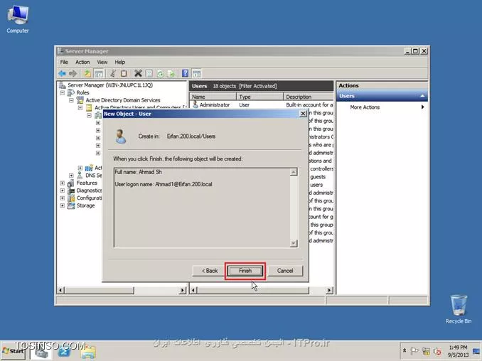 ||http://network.tosinso.com/files/get/465f83f1-ad1d-44fd-97d7-47db2dbdd599||
! راه اندازی یک شبکه قدرتمند محلی تحت دامین-Domain Networking

خب همان طور که از نامش معلوم هست شبکه ما تحت دامین میباشد و با شبکه های Workgroup خیلی تفاوت دارد. در شبکه دامین ما با سیستم عامل سرور یک شبکه راه اندازی میکنیم و بقیه کامپیوتر ها باید به سرور متصل شوند
تا بتوانند از سیستم های خود استفاده کنند همچنین ما در شبکه دامین میتوانیم سطح دسترسی کاربران را به قسمت های مختلف ویندوز محدود کنیم برای مثال از سرور دستور میدهم که کاربر X نتواند از USB استفاده کند و...
در شبکه Domain شما باید روی سرور برای هر کاربر Username و Password تعریف کنید تا کاربران با User و Pass های تایین شده توسط شما بتوانند کامپیوتر های خود را Login کنند.
در این قسمت از سیستم عامل Windows Server 2008 R2 استفاده میکنیم.

*خصوصیات شبکه Domain:*
قابلیت مدیرت هزاران کامپیوتر تنها از یک کامپیوتر ( سرور )
تعیین کردن سطح دسترسی کاربران به قسمت های مختلف سیستم عامل ویندوز
نصب برنامه ها تحت شبکه ( شما تایین میکنید که کاربران بتوانند چه برنامه هایی نصب کنند )
امنیت فوق العاده بالا
انعطاف پذیری بالا در مدیریت کاربران
نصب ویندوز بر روی کامپیوترهای Client عضو شبکه Domain
و......

پیکربندی ویندوز Server 2008 R2 Enterprise:
1- سیستم عامل ویندوز را روی کامپیوتر سرور نصب کنید. سیستم عامل را حتما فعال و Active کنید و ساعت آن را تنظیم کنید.
2- در این قسمت باید سرویس Active Directory را روی ویندوز سرور نصب کنید تا شبکه شما به Domain تبدیل شود. ( ADDC: Active Directory Domain Controller )
2-1: نصب سرویس Active Directory:

روی Start کلیک کنید سپس از Administrative Tools گزینه Server manager را انتخاب کنید:
||http://network.tosinso.com/files/get/d1bb9151-613e-43a6-9396-6d85acb85013||
2-2- در صفحه باز شده روی Roles کلیک کنید سپس Add Roles را بزنید:
||http://network.tosinso.com/files/get/9a64b30c-3142-4369-bca1-a874b86e16c5||
2-3- در این قسمت روی Next کلیک کنید:
||http://network.tosinso.com/files/get/587b1e57-15e6-462f-8a79-c55b970d6213||
2-4- در این قسمت تیک گزینه Active Directory Domain Services را بزنید:
||http://network.tosinso.com/files/get/ff749a6f-06e0-45a4-901e-53d8baa048a6||
2-5- صفحه ای باز میشود و باید روی Add Required Features کلیک کنید:
||http://network.tosinso.com/files/get/3fbe52f7-01e0-45d6-adb0-5fb2c2f42793||
2-6- تیک Active Directory Domain Services زده شد حالا روی Next کلیک کنید:
||http://network.tosinso.com/files/get/524e7fd5-206f-47f3-854a-efe49c96326d||
2-7- روی Next کلیک کنید:
||http://network.tosinso.com/files/get/2e1a28d8-acb0-4701-a7ae-9f42e86e1968||
2-8- روی Install کلیک کنید تا سرویس Active Directory نصب شود:
||http://network.tosinso.com/files/get/162dd0de-588b-4136-aaa4-2104315ab108||
2-9- در حال نصب:
||http://network.tosinso.com/files/get/6489b5cd-83f0-4b66-a890-eaa10b5c4660||
2-10- روی Close کلیک کنید تا نصب به اتمام برسد:
||http://network.tosinso.com/files/get/1b8b18aa-6986-418a-b01e-6b59c2ca8d5d||
2-11- روی Start کلیک کنید سپس از Administrative Tools گزینه Server manager را انتخاب کنید.
روی Roles کلیک کنید سپس روی Active Directory Domain Services کلیک کنید:
||http://network.tosinso.com/files/get/dee593d9-243f-44b2-93bc-6b300fe7d76c||
2-12- روی Run the Active Directory Domain Services Installation Wizard dcpromo.exe کلیک کنید:
||http://network.tosinso.com/files/get/3a44e3d2-068c-4c3d-9b58-80f609dbc2ad||
2-13- روی Next کلیک کنید:
||http://network.tosinso.com/files/get/3e5f84e4-a44a-4fad-8f5d-9f4ceb6e859f||
2-14- روی Next کلیک کنید:
||http://network.tosinso.com/files/get/2305697b-c67d-47d3-8601-cc7be14bc60a||
2-15- تیک گزینه Creat a new domain in a new forest را بزنید و روی Next کلیک کنید:
||http://network.tosinso.com/files/get/8dba017d-96aa-4fe6-bf36-681a52f70056||
2-16- در این قسمت باید برای دامنه شبکه دامین یک نام انتخاب کنید. دقت کنید که باید از 2 یا 3 کلمه تشکیل شود و بین آن ها نقطه ( . ) گذاشته شود. سپس روی Next کلیک کنید:
||http://network.tosinso.com/files/get/82dff6dd-706c-4bba-90b1-96701c4711e3||
2-17- در این قسمت از بالا ( Forest fuctional level ) گزینه Windows server 2008 R2 را انتخاب کنید و روی Next کلیک کنید:
||http://network.tosinso.com/files/get/781a032f-d08e-4aa9-bbfe-f0a3ed1ca1eb||
2-18- در این قسمت مطمئن باشید که تیک گزینه DNS خورده باشد سپس روی Next کلیک کنید:
||http://network.tosinso.com/files/get/f9000eaf-8a56-439c-b3f8-d985a60c39c0||
2-19- در این قسمت باید نوع سیستم IP دهی به شبکه را انتخاب کنید که DHCP و Manual میباشد من در اینجا ار IP دهی Manual استفاده میکنم و IP کارت های شبکه را دستی تنظیم میکنم
پس ابتدا IP سرور را دستی تنظیم کنید سپس گزینه زیر را انتخاب کنید:
||http://network.tosinso.com/files/get/82ea3931-05e4-4aea-99f3-969ef43e0458||
IP که من تنظیم کردم:
||http://network.tosinso.com/files/get/8154f867-bb10-4d7b-8e89-260cebf69a2b||
IP Address: 192.9.200.77 این IP باید در رنج IP ها و روترهای داخل شبکه باشد.
Subnet Mask: 255.255.255.0 باید همین مقدار باشد: 255.255.255.0
Default Geteway: 192.9.200.50 باید IP مودم یا روتر اینترنت باشد تا به اینترنت دسترسی داشته باشد.
2-20- سپس روی Next کلیک کنید و Yes را بزنید:
||http://network.tosinso.com/files/get/ea8c50c0-9f6d-4b9f-a188-7ea6f9e099d5||
2-21- روی Next کلیک کنید:
||http://network.tosinso.com/files/get/8065e660-4640-4674-a0ce-a263e88611f7||
2-22- در این قسمت برای بازیابی Active Directory یک رمز وارد کنید ( رمز شما باید ترکیبی از حروف کوچک حروف بزرگ و اعداد و کاراکتر یاشد ) سپس روی Next کلیک کنید:
||http://network.tosinso.com/files/get/f7579a6a-96f7-49b2-88d8-e51c2efbae91||
2-23- روی Next کلیک کنید تا تنظیمات اعمال شود:
||http://network.tosinso.com/files/get/01968a4a-546e-4e3b-9b0a-0577c06aaa91||
2-24- در این قسمت تیک گزینه Reboot on completion را بزنید تا بعد از اتمام نصب و تنظیمات سرور ریست شود:
||http://network.tosinso.com/files/get/4bf0cd9d-497e-4e7c-a2b6-07c6bdc59e00||
خب تا اینجا توانستیم شبکه Domain را روی سرور راه اندازی کنیم. حالا باید کامپیوترهای کاربران و کلاینت ها را عضو این شبکه کنیم.
||http://network.tosinso.com/files/get/2953c08f-ffda-4765-a24f-b57b27b1acb9||
! join کردن کامپیوتر ها به سرور
عضو کردن کامپیوترهای کاربران و کلاینت ها به شبکه Domain:
تعریف Username و Password برای یک یا چتد کاربر روی ویندوز سرور:
خب شما ابتدا باید روی سرور برای هر کاربر و کلاینت یک نام کاربری و رمز عبور تعریف کنید تا کاربران بتوانند وارد حساب کاربری خود شوند.
1- روی Start کلیک کنید سپس از Administrative Tools گزینه Server manager را انتخاب کنید.
به مسیر زیر بروید:
<c#>
Roles > Active Directory Domain Services > Active Directory users and Computers > Domain name > Users
<c#>
Domain name همان اسمی هست که برای شبکه Domain انتخاب کردید.
||http://network.tosinso.com/files/get/3643b8f5-fd04-49bd-afe5-70167391d2e2||
2- روی Users کلیک راست کنید و New user را بزنید:
||http://network.tosinso.com/files/get/5ad37cf3-02f0-47f7-9f82-91d39d93a7c9||
3- First name: نام کاربر را وارد کنید.

Last name: اسم فامیل کاربر را وارد کنید.

User logon name: نام کاربری کاربر برای وارد شدن به سیستم را وارد کنید.
سپس روی Next کلیک کنید:
||http://network.tosinso.com/files/get/60bb779e-6856-40b1-93ff-80b3c7021f24||
4- در این قسمت برای User که ساختید پشورد بزارید و همه تیک ها را بردارید و روی NExt کلیک کنید ( پسورد ترکیبی از اعداد حروف کوچک و بزرگ و کاراکتر باشد )
||http://network.tosinso.com/files/get/2591bc9d-892f-4d2c-9123-0c27023ee07c||
5- روی Finish کلیک کنید:
||http://network.tosinso.com/files/get/5a60ff1d-80d2-4d32-87e6-959e80df3dfc||
6- User ما بر روی سرور ساخته شد.

به کامپیوتر کاربر یا کلاینت بروید سپس IP آدرس برای آن کلاینت تعریف کنید ( IP باید در رنج IP سرور و شبکه باشد )
IP Address: آدرس IP در رنج شبکه و سرور ( تکراری نباشد )
Subnet Mask: باید 255.255.255.0 باشد
Default geteway: باید IP روتر یا مودم اینترنت باشد
Prefered DNS Server: که خیلی مهم میباشد باید IP سرور را وارد کنید اگر وارد نکنید امکان عضویت و بر قراری ارتباط با سرور را ندارید.
||http://network.tosinso.com/files/get/7120de2c-28be-4b06-b6bb-5dea7c2b1fa0||
6- روی Computer کلیک راست کنید و Properties را بزنید سپس روی Change settings کلیک کنید:
||http://network.tosinso.com/files/get/6448080b-1d7a-4f29-b68a-e22e062d076a||
7- روی Change کلیک کنید:
||http://network.tosinso.com/files/get/4268e27b-a4e8-40cf-ad0a-d49da540731d||
8- تیک گزینه Domain را بزنید و نام Domain که در سرور موقع نصب Active Directory انتخاب کردید را وارد کنید و OK را بزنید:
||http://network.tosinso.com/files/get/5c2cd75d-4a84-4a5a-9075-2672ada1bd65||
9- از شما USER Name و Password میخواهد:
||http://network.tosinso.com/files/get/4a3f8a04-0fc3-402d-bba6-4957033a51ff||
Username باید Administrator را وارد کنید و Password را رمز عبور ویندوز سرور 2008 سپس Ok را بزنید:
10- پیام خوش آمد گویی به شما نمایش داده میشود. این یعنی این که کاربر شما عضو شبکه Domain شد. روی OK کلیک کنید:
||http://network.tosinso.com/files/get/ba3a7f60-7726-457f-af71-9cec5e2c5a65||
11- از شما میخواهد کامپیوتر را ریست کنید رو OK کلیک کنید:
||http://network.tosinso.com/files/get/78b86ffc-d746-48f7-afbe-5e5df898929f||
سپس Close را بزنید و Restart now را بزنید.
12- سیستم کاربر که روشن شد به شما میگه مه CTRL + ALT + Delete را بزنید تا Login شوید:
||http://network.tosinso.com/files/get/18282e58-64b6-46c1-adb1-c3291cb96d40||
13- روی Switch User کلیک کنید:
||http://network.tosinso.com/files/get/52f35079-78d5-4633-bd7f-a71623317de8||
14- Other User را بزنید:
||http://network.tosinso.com/files/get/6b9d9841-f62d-48f3-a6ff-215ce30e2824||
15- User name و Password که در سرور برای کاربر تعریف کردید را وارد کنید تا Login شود:
||http://network.tosinso.com/files/get/5d6df99e-ab52-4b11-80f9-630070acbe20||
||http://network.tosinso.com/files/get/e51322cc-c0f7-4ffc-ade0-f0dc086b4188||
16- کاربر شما با موفقیت عضو شبکه Domain شد
||http://network.tosinso.com/files/get/4b8fb913-5ae3-40bb-b733-f01b85f970a1||
موفق باشید.