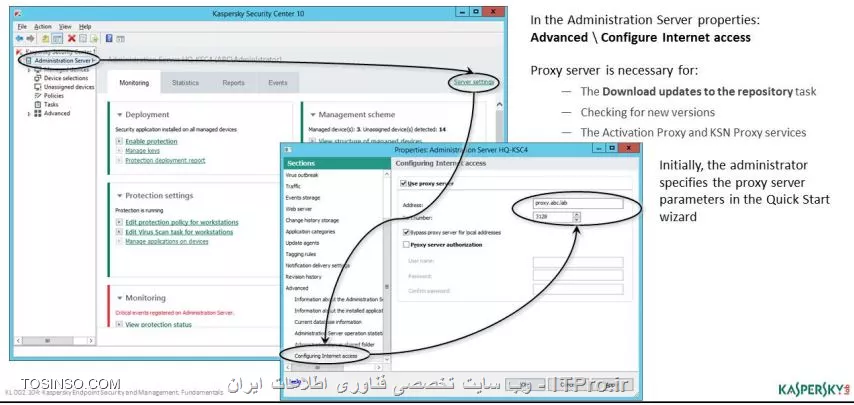 !! پراکسی سرور برای Administration Server 
ممکن است شما بخواهید از پراکسی سرور برای بروزرسانی Administration Server استفاده کنید ، این ویژگی به صورت پیش فرض فعال نیست و باید آن را ایجاد کنید :

- در Administration Server پراپرتیس را بزنید و وارد تب Advanced / Configuring Internet access شوید 

- ادرس سرور پراکسی و پورت و نام کاربری و پسورد برای احراز هویت را وارد کنید 

||https://tosinso.com/files/get/5a70ba42-ed01-4e60-a8df-a6dc1d1391aa||

بروزرسانی Agent نیز به صورت دستی و هم به صورت خودکار انجام می شود برای اینکه بروزرسانی خودکار را غیرفعال کنید :

-  در بخش  Administration Server پراپرتیس را بزنید و وارد بخش باز کنید Update Agents شوید 

- چک باکس Assign update agents automatically را بردارید 

حالا مدیر شبکه می تواند Agent را دستی بروزرسانی کند . 

||https://tosinso.com/files/get/95a43d7c-5578-4470-b08e-a53a74c71fd1||


- کامپیوتر هایی که از KSN خارج شده اند  

چنانچه Endpoint کسپرسکی دستری به KSN نداشته باشد ، باید بررسی شود که Administration Server در بخش وضعیت KSN Server غیر فعال شده یا خیر ، این وضعیت در صفحه Monitoring قابل مشاهده نیست به صورت پیش فرض اتصال سرویس ها با پورت TCP - 13111 انجام می شود ، در صورت عدم دسترسی موارد زیر را بررسی کنید :

- پراپرتیس Administration Server را بزنید 

- به بخش KSN proxy Server / KSN proxy server statistics بروید 

- کلیک کنید روی Check KSN connection 

||اموزش پارسی کسپرسکی سرور 10 ::https://tosinso.com/files/get/a65a7bf9-ec35-4881-b2b0-3ba21f7d2cc7||

نویسنده : سید احمد توسلی
منبع : |جزیره امنیت اطلاعات و ارتباطات وب سایت توسینسو::https://tosinso.com/security|
هرگونه نشر و کپی برداری بدون ذکر منبع و نام نویسنده دارای اشکال اخلاقی است


