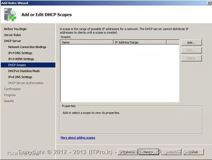 DHCP  یا Dynamic Host Configuration Protocol هسته ی یکی از سرویس های زیرساختاری شبکه محسوب می شود که مسئولیت ارائه IP آدرس ها و اطلاعات مربوط به DNS  سرورها به کلاینتها را بر عهده دارد. درمقاله |DHCP Option::http://www.tosinso.com/Articles/Details/541/DHCP%20Options| به معرفی Option ها و گزینه هایی که در نصب سرویس DHCP در ویندوز سرور 2008 به دانستن مفهوم آنها نیازمند بودیم پرداختم.در این مقاله به صورت تصویری نحوه ی نصب رول DHCP را توضیح خواهم داد و نگاهی گذرا به کنسول مدیریتی DHCP در ویندوز سرور 2008 خواهم داشت.

جهت نصب رول DHCP ، اولین موردی که باید به آن توجه داشت و پیش از نصب ،تنظیم مربوط به آن را چک کرد،داشتن Static IP سروری است که قصد نصب رول DHCP بر روی آن را دارید.در صورتی که سرور دارای Static IP نباشد،شما قادر نخواهید بود رول DHCP را بر روی آن نصب کنید.بعد از دادن IP دستی به سرور یا همان تنظیم Static IP باید طراحی های لازم جهت راه اندازی سرویس DHCP را انجام دهید.در طراحی باید موارد زیر را در نظر بگیرید:

* شبکه ای که قصد نصب این سرویس را بر روی آن دارید دارای چند سابنت و چه رنج IP می باشد؟
* IP آدرس های مر بوط به DNS سرور ،Default Gateway  و  دیگر سرورهای حیاتی و مهم در شبکه ،چه IP هایی هستند؟
*  سرویس DHCP مسئولیت ارائه خدمات به چندین کلاینت یا Device را در شبکه دارد؟
* سروری که قرار است سرویس DHCP بر روی آن نصب شود دارای چند کارت شبکه است ؟
* آیا نیاز شما اقتضا میکند که به روی هرکارت شبکه یک Scope  طراحی کنید یا نه ؟
* متناسب با تعداد کارتهای شبکه،چندین Scope خواهید داشت و کدام Scope بر روی کدام کارت شبکه قرار خواهد گرفت؟
* هر Scope باید از چه رنج IP شروع و تا چه رنج  IP ادامه داشته باشد.بهتر است Scopeها از قبل تعیین شوند.
* رنج IP مربوط به Exclusion Range را مشخص کنید.
* پیشنهاد می شود کلاینتهایی را که می خواهید IP آنها در Reservation Range قرار گیرند را مشخص کنید تا از قلم نیفتند.

!! نصب DHCP Role
جهت نصب رول DHCP ابتدا باید وارد کنسولServer Manager شوید،سپس گزینه Add Roles را انتخاب کنید:

 ||http://www.tosinso.com/files/get/49e7db6a-f526-430f-b283-eef0c7313ab5||
||http://www.tosinso.com/files/get/5ac7cf32-5bb3-4e9b-ba6e-ac73fd9855d5||
 سپس در میان رولهای نمایش داده شده در پنجره زیر،رول DHCP را تیک دارو گزینه Next را انتخاب کنید:

||http://www.tosinso.com/files/get/05e5b9ba-1932-4229-ad65-9ea4b7eeff08||
در صورتی که به سرور خود Static IP نداده باشید،در این مرحله اخطاری مبنی بر Static IP نبودن سرور و عدم امکان نصب رول DHCP را دریافت خواهید کرد.
در مرحله بعدی تعداد کارتهای شبکه ای که در سرور شما وجود دارند و شما می خواهید به روی آنها Scope های خود را تعریف کنید، نمایش داده خواهدشد. هرکدام از کارت شبکه هایی که می خواهید Scope های خود را به روی آنها تعریف کنید ،انتخاب یا تیک دار کنید.اصطلاح Connection Binding یعنی اینکه کدام رنجهای IP بر روی کدام کارت شبکه قرار گرفته باشند. 
همچنین شما درحین نصب رول DHCP  میتوانید دیگر تنظیمات مربوط به Scope ها را هم انجام دهید.در صورتی که تمایل داشته باشید Scope های خود را در همان کنسول مدیریتی DHCP انجام دهید،میتوانید از این مراحل بدون پر کردن گزینه های آن بگزرید.در اینجا ما انجام تنظیمات مربوط به Scope ها را به کنسول مدیریتی DHCP واگذار خواهیم کرد.

 ||http://www.tosinso.com/files/get/d954be2c-3741-4e67-87d9-2f18a1386ca6||
سپس در این مرحله مشخصات مربوط به Parent Domain یا دومینی که می خواهید DHCP  سرور بر روی آن فعالیت داشته باشد و همچنین مشخصات مربوط به DNS Server را وارد کنید و سپس گزینه Validate  را انتخاب کنید تا معتبر بودن DNS سرور شما بررسی و تایید شود.در صورت درست بودن IP مربوط به DNS سرور ، عبارت Valid همراه با تیک سبز رنگ در زیر آن قسمت ظاهر خواهد شد.در نهایت گزینه Next  را انتخاب کنید.

 ||http://www.tosinso.com/files/get/047dd83e-aab9-4ec0-9fa9-ef2a23c0e9e2||
در این مرحله در مورد سرویس WINS از شما سوال پرسیده می شود.در صورتی که در شبکه خود از این سرویس استفاده میکنید در اینجا IP مربوط به سرورهای آن را باید وارد کنید در غیر اینصورت گزینه اول را انتخاب و Next را بزنید:

 ||http://www.tosinso.com/files/get/c8f90b3b-bced-48bf-9612-0c8f1d61b39a||
همانطور که در بالانیز اشاره کردم شما میتوانید در حین نصب رول DHCP ، Scopeهای خود را نیز تعریف کنید .اینکار را در این مرحله از نصب رول می توانید انجام دهید.جهت تعریف Scope  کافی است گزینه Add را زده و اطلاعات خواسته شده مربوط به آن Scope را نیز وارد کنید.در غیر اینصورت گزینه Next را انتخاب کنید و وارد مرحله بعد شوید.
 
||http://www.tosinso.com/files/get/5a9b42e5-6711-44c5-8caa-de4dee95a345||
||http://www.tosinso.com/files/get/ae7a8e02-c12b-4299-9df7-3444b4a306d3||

در این مرحله در صورتی که از IPV6 استفاده میکنید میتوانید گزینه اول را جهت فعالسازی DHCPV6 انتخاب کنید.در غیر اینصورت گزینه دوم را انتخاب و Next را بزنید.
 
||http://www.tosinso.com/files/get/7e1dc8f1-17c7-45d1-b44f-abdf4f620325||

همانطور که از عنوان این پنجره بر می آید،در این قسمت نحوه Authorize کردن را انتخاب میکنید.اکتیودایرکتوری لیستی از DHCP سرورهای مجاز را در خود ذخیره میکند .جهت ذخیره و معرفی این DHCP سرور به اکتیودایرکتوری ،در این قسمت کاربری که در اکتیودایرکتوری است را وارد میکنید.در گزینه اول کاربری که با آن مشغول نصب این سرویس می باشید را انتخاب میکند که معمولا این کاربر ادمین است.در گزینه دوم شما نام کاربر دیگری را میتوانید وارد کنید.در گزینه ی آخر هم می توانید از ذخیره و معرفی این DHCP سرور به اکتیودایرکتوری خودداری کنید و گزینه Next را انتخاب کنید.اما همانطور که میبینید در پایین گزینه سوم به شما این هشدار را میدهد که این DHCP سرور برای اینکه بتواند در اکتیودایرکتوری سرویس دهد باید در آن Authorize شود.به هر حال این انتخاب شما می باشد.در نهایت گزینه Next را انتخاب کنید.

||http://www.tosinso.com/files/get/eabf314e-768e-4890-88cc-f4cadc3d7c7a||
 
در آخر خلاصه ای از اطلاعاتی که وارد کرده اید را به شما نمایش میدهد  و شما با زدن کلید Install این اطلاعات را تائید و نصب رول DHCP را آغاز میکنید.در صورتی که قسمتی از اطلاعات به درستی وارد نشده است گزینه  Previous را انتخاب و آن قسمت مورد نظر را اصلاح کنید.

||http://www.tosinso.com/files/get/7cf3ecd5-e7f5-4656-b614-a0ea465ad130||
 
با انتخاب گزینه Install ، رول DHCP شروع به نصب میکند.

||http://www.tosinso.com/files/get/be4b7009-f294-4b9d-9161-aa79f43cf497||
 
و در نهایت رول DHCP نصب می شود:
 
||http://www.tosinso.com/files/get/ab71f3f7-eae5-4fe1-900c-ecf8be4eeb96||

جهت وارد شدن به کنسول مدیریتی DHCP سرور از طریق منوی استارت،گزینه Administrative Tools و سپس DHCP را انتخاب کنید یا در Run تایپ کنید: dhcpmgmt.msc

شکل زیر نمایی از کنسول مدیریتی DHCP سرور است:

||http://www.tosinso.com/files/get/9d02c750-7c35-4dc4-9607-627f90456827||

!! ایجاد Scope جدید
برای ایجاد یکScope جدید در کنسول مدیریتی DHCP ،بر روی IPV4 راست کلیک کرده و گزینه New Scope را انتخاب کنید.سپس مراحل زیر را با دقت دنبال کنید:
 
||http://www.tosinso.com/files/get/34d01466-0152-4896-8166-7742f011fd8f||
||http://www.tosinso.com/files/get/b252e709-06b6-4010-9263-7b276c3ccf82||
 
در این پنجره باید برای Scopeی که می خواهید ایجاد کنید نامی انتخاب کنید و برای آن می توانید توضیحاتی را در قسمت Description اضافه کنید.Description در مواقعی که تعداد Scope ها زیاد باشد بسیار کاربردی می باشد.سپس گزینه Next را انتخاب کنید:

||http://www.tosinso.com/files/get/9fe64976-e2b7-4ee8-a34d-03144fc29c63||
 
در این پنجره،رنج IP ی که می خواهید آن Scope داشته باشد را مشخص می کنید.به خاطر داشته باشد که در End IP ، 8 کاراکتر آخر نمی تواند بیشتر از 254 باشد(همانطور که می دانید از 255 جهت Broadcast استفاده می شود). متناسب با رنج IP ی که واردمیکنید و کلاسی که آن رنجIP دارد،در قسمت پایین به صورت خودکار Subnet پر می شود:

||http://www.tosinso.com/files/get/47653958-410e-44a5-b8e7-0848a93487fa||
 
در پنجره بعدی شما آن رنجی را که می خواهید به عنوان Exclusion Range در نظر بگیرید را تعریف میکنید.شما می توانید بیش از یک Exclusion Range تعریف کنید.همانطور که میبینید در اینجا دو رنج IP برای Exclusion Range در نظر گرفته شده است:
 
||http://www.tosinso.com/files/get/a4f5cca4-1815-44ae-b36d-1cdd28af941b||

همانطور که از اسم این پنجره بر می آید،شما در اینجا مدت زمانی را که می خواهید IP ها را به کلاینتها قرض بدهید را تعریف می کنید،این مدت زمان یا همان Lease Duration به صورت پیش فرض 8 روز در نظر گرفته شده است که می توانید آن را تغییر دهید:
 
||http://www.tosinso.com/files/get/1fa23d7d-5a2b-4f5b-869f-22e83d7dde20||

در پنجره بعدی مشخص میکنید که آیا می خواهید تنظیمات مربوط به Option های DHCP را انجام دهید یا نه؟در اینجا جهت انجام این تنظیمات گزینه اول انتخاب شده است:

||http://www.tosinso.com/files/get/4ceda800-8a6c-42b8-bc71-0fe5f861c063||
 
Default Gateway های خود را در این قسمت تعریف و سپس Next را انتخاب کنید:

||http://www.tosinso.com/files/get/0a0c83ef-0d91-43c0-a71e-efbd5718af35||
 
در مرحله بعدی نام دومین و مشخصات مربوط به DNS Server را وارد کنید و گزینه Next را انتخاب کنید:

||http://www.tosinso.com/files/get/0d7d3874-6843-4b34-b2b7-09fbfae2d0b7||
 
در صورتی که از سرویس WINS استفاده میکنید اطلاعات مربوط به آن را وارد کنید ،در غیر اینصورت هم مجددا گزینه Next را انتخاب کنید:

||http://www.tosinso.com/files/get/2240e1fe-d43e-46a4-acea-a66de90341e7||
 
در این پنجره از شما پرسیده می شود که آیا می خواهید Scope مورد نظر را فعال کنید یا خیر؟در اینجا گزینه اول جهت فعالسازی Scope انتخاب شده است:
 
||http://www.tosinso.com/files/get/ae9083c0-05aa-4546-8595-30643ec0ff85||

و در نهایت با انتخاب گزینه Finish ،Scope  مورد نظر شما ایجاد خواهد شد:

||http://www.tosinso.com/files/get/51623f82-3668-4d53-b0c8-d0787a10bc3c||
 
و این هم نمایی از Scope ی که ایجاد کرده اید:

||http://www.tosinso.com/files/get/883a7d9c-1a06-417e-a07a-e6b23a5ec24f||
 
!! Scope Options
*Address Pool:*
کلیه IPهای مربوط به Scopeی که تعریف کرده اید در این قسمت قرار دارند.

*Address Lease:*
هر کلاینتی که در شبکه بالا بیاید و از سرویس DHCP ، IP دریافت کند در قسمت Address Leases ظاهر خواهد شد.

*Reservation:*
جهت اختصاص دادن Static IP به برخی از کلاینتهای بخصوص در این قسمت می توانید IP را برای آن کلاینتها را تعریف کنید.بر روی Reservation راست کلیک کرده و New Reservation را انتخاب کنید و سپس اطلاعاتی که از شما خواسته شده است را وارد کنید:
 
||http://www.tosinso.com/files/get/b47b5539-2d25-4c5f-b24d-f18d5fc240f3||
||http://www.tosinso.com/files/get/e98f70a0-d7bf-48f1-8320-e8e8f797e3f0||
 
*Scope Option:*
در این قسمت می توانید تنظیمات مربوط به Scope را ایجاد یا تغییر دهید.بر روی Scope option راست کلیک و گزینه Configure Option را انتخاب کنید:
 
||http://www.tosinso.com/files/get/1519b44e-51b7-4855-90d5-944f365797c0||
||http://www.tosinso.com/files/get/124f24c0-3cf9-4966-8522-dc9ef93f2115||
 
!! نتیجه گیری
DHCP یکی از سرویس های پایه ای و اساسی در شبکه محسوب می شود که تعریف،نصب و راه اندازی آن همانند دیگر سرویس های مهم شبکه نیازمند دقت و طراحی  می باشد.در این مقاله سعی شد نگاهی بر مبانی لازم جهت نصب و راه اندازی این سرویس مهم را  ارائه دهم.


نویسنده : فاطمه قرباوی
منبع : |جزیره سرویس های شبکه مایکروسافت وب سایت توسینسو::https://tosinso.com/microsoft|
هرگونه نشر و کپی برداری بدون ذکر منبع دارای اشکال اخلاقی می باشد. 