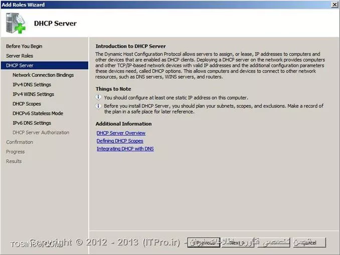 DHCP  یا Dynamic Host Configuration Protocol هسته ی یکی از سرویس های زیرساختاری شبکه محسوب می شود که مسئولیت ارائه IP آدرس ها و اطلاعات مربوط به DNS  سرورها به کلاینتها را بر عهده دارد. درمقاله |DHCP Option::http://www.tosinso.com/Articles/Details/541/DHCP%20Options| به معرفی Option ها و گزینه هایی که در نصب سرویس DHCP در ویندوز سرور 2008 به دانستن مفهوم آنها نیازمند بودیم پرداختم.در این مقاله به صورت تصویری نحوه ی نصب رول DHCP را توضیح خواهم داد و نگاهی گذرا به کنسول مدیریتی DHCP در ویندوز سرور 2008 خواهم داشت.

جهت نصب رول DHCP ، اولین موردی که باید به آن توجه داشت و پیش از نصب ،تنظیم مربوط به آن را چک کرد،داشتن Static IP سروری است که قصد نصب رول DHCP بر روی آن را دارید.در صورتی که سرور دارای Static IP نباشد،شما قادر نخواهید بود رول DHCP را بر روی آن نصب کنید.بعد از دادن IP دستی به سرور یا همان تنظیم Static IP باید طراحی های لازم جهت راه اندازی سرویس DHCP را انجام دهید.در طراحی باید موارد زیر را در نظر بگیرید:

* شبکه ای که قصد نصب این سرویس را بر روی آن دارید دارای چند سابنت و چه رنج IP می باشد؟
* IP آدرس های مر بوط به DNS سرور ،Default Gateway  و  دیگر سرورهای حیاتی و مهم در شبکه ،چه IP هایی هستند؟
*  سرویس DHCP مسئولیت ارائه خدمات به چندین کلاینت یا Device را در شبکه دارد؟
* سروری که قرار است سرویس DHCP بر روی آن نصب شود دارای چند کارت شبکه است ؟
* آیا نیاز شما اقتضا میکند که به روی هرکارت شبکه یک Scope  طراحی کنید یا نه ؟
* متناسب با تعداد کارتهای شبکه،چندین Scope خواهید داشت و کدام Scope بر روی کدام کارت شبکه قرار خواهد گرفت؟
* هر Scope باید از چه رنج IP شروع و تا چه رنج  IP ادامه داشته باشد.بهتر است Scopeها از قبل تعیین شوند.
* رنج IP مربوط به Exclusion Range را مشخص کنید.
* پیشنهاد می شود کلاینتهایی را که می خواهید IP آنها در Reservation Range قرار گیرند را مشخص کنید تا از قلم نیفتند.

!! نصب DHCP Role
جهت نصب رول DHCP ابتدا باید وارد کنسولServer Manager شوید،سپس گزینه Add Roles را انتخاب کنید:

 ||http://www.tosinso.com/files/get/49e7db6a-f526-430f-b283-eef0c7313ab5||
||http://www.tosinso.com/files/get/5ac7cf32-5bb3-4e9b-ba6e-ac73fd9855d5||
 سپس در میان رولهای نمایش داده شده در پنجره زیر،رول DHCP را تیک دارو گزینه Next را انتخاب کنید:

||http://www.tosinso.com/files/get/05e5b9ba-1932-4229-ad65-9ea4b7eeff08||
در صورتی که به سرور خود Static IP نداده باشید،در این مرحله اخطاری مبنی بر Static IP نبودن سرور و عدم امکان نصب رول DHCP را دریافت خواهید کرد.
در مرحله بعدی تعداد کارتهای شبکه ای که در سرور شما وجود دارند و شما می خواهید به روی آنها Scope های خود را تعریف کنید، نمایش داده خواهدشد. هرکدام از کارت شبکه هایی که می خواهید Scope های خود را به روی آنها تعریف کنید ،انتخاب یا تیک دار کنید.اصطلاح Connection Binding یعنی اینکه کدام رنجهای IP بر روی کدام کارت شبکه قرار گرفته باشند. 
همچنین شما درحین نصب رول DHCP  میتوانید دیگر تنظیمات مربوط به Scope ها را هم انجام دهید.در صورتی که تمایل داشته باشید Scope های خود را در همان کنسول مدیریتی DHCP انجام دهید،میتوانید از این مراحل بدون پر کردن گزینه های آن بگزرید.در اینجا ما انجام تنظیمات مربوط به Scope ها را به کنسول مدیریتی DHCP واگذار خواهیم کرد.

 ||http://www.tosinso.com/files/get/d954be2c-3741-4e67-87d9-2f18a1386ca6||
سپس در این مرحله مشخصات مربوط به Parent Domain یا دومینی که می خواهید DHCP  سرور بر روی آن فعالیت داشته باشد و همچنین مشخصات مربوط به DNS Server را وارد کنید و سپس گزینه Validate  را انتخاب کنید تا معتبر بودن DNS سرور شما بررسی و تایید شود.در صورت درست بودن IP مربوط به DNS سرور ، عبارت Valid همراه با تیک سبز رنگ در زیر آن قسمت ظاهر خواهد شد.در نهایت گزینه Next  را انتخاب کنید.

 ||http://www.tosinso.com/files/get/047dd83e-aab9-4ec0-9fa9-ef2a23c0e9e2||
در این مرحله در مورد سرویس WINS از شما سوال پرسیده می شود.در صورتی که در شبکه خود از این سرویس استفاده میکنید در اینجا IP مربوط به سرورهای آن را باید وارد کنید در غیر اینصورت گزینه اول را انتخاب و Next را بزنید:

 ||http://www.tosinso.com/files/get/c8f90b3b-bced-48bf-9612-0c8f1d61b39a||
همانطور که در بالانیز اشاره کردم شما میتوانید در حین نصب رول DHCP ، Scopeهای خود را نیز تعریف کنید .اینکار را در این مرحله از نصب رول می توانید انجام دهید.جهت تعریف Scope  کافی است گزینه Add را زده و اطلاعات خواسته شده مربوط به آن Scope را نیز وارد کنید.در غیر اینصورت گزینه Next را انتخاب کنید و وارد مرحله بعد شوید.
 
||http://www.tosinso.com/files/get/5a9b42e5-6711-44c5-8caa-de4dee95a345||
||http://www.tosinso.com/files/get/ae7a8e02-c12b-4299-9df7-3444b4a306d3||

در این مرحله در صورتی که از IPV6 استفاده میکنید میتوانید گزینه اول را جهت فعالسازی DHCPV6 انتخاب کنید.در غیر اینصورت گزینه دوم را انتخاب و Next را بزنید.
 
||http://www.tosinso.com/files/get/7e1dc8f1-17c7-45d1-b44f-abdf4f620325||

همانطور که از عنوان این پنجره بر می آید،در این قسمت نحوه Authorize کردن را انتخاب میکنید.اکتیودایرکتوری لیستی از DHCP سرورهای مجاز را در خود ذخیره میکند .جهت ذخیره و معرفی این DHCP سرور به اکتیودایرکتوری ،در این قسمت کاربری که در اکتیودایرکتوری است را وارد میکنید.در گزینه اول کاربری که با آن مشغول نصب این سرویس می باشید را انتخاب میکند که معمولا این کاربر ادمین است.در گزینه دوم شما نام کاربر دیگری را میتوانید وارد کنید.در گزینه ی آخر هم می توانید از ذخیره و معرفی این DHCP سرور به اکتیودایرکتوری خودداری کنید و گزینه Next را انتخاب کنید.اما همانطور که میبینید در پایین گزینه سوم به شما این هشدار را میدهد که این DHCP سرور برای اینکه بتواند در اکتیودایرکتوری سرویس دهد باید در آن Authorize شود.به هر حال این انتخاب شما می باشد.در نهایت گزینه Next را انتخاب کنید.

||http://www.tosinso.com/files/get/eabf314e-768e-4890-88cc-f4cadc3d7c7a||
 
در آخر خلاصه ای از اطلاعاتی که وارد کرده اید را به شما نمایش میدهد  و شما با زدن کلید Install این اطلاعات را تائید و نصب رول DHCP را آغاز میکنید.در صورتی که قسمتی از اطلاعات به درستی وارد نشده است گزینه  Previous را انتخاب و آن قسمت مورد نظر را اصلاح کنید.

||http://www.tosinso.com/files/get/7cf3ecd5-e7f5-4656-b614-a0ea465ad130||
 
با انتخاب گزینه Install ، رول DHCP شروع به نصب میکند.

||http://www.tosinso.com/files/get/be4b7009-f294-4b9d-9161-aa79f43cf497||
 
و در نهایت رول DHCP نصب می شود:
 
||http://www.tosinso.com/files/get/ab71f3f7-eae5-4fe1-900c-ecf8be4eeb96||

جهت وارد شدن به کنسول مدیریتی DHCP سرور از طریق منوی استارت،گزینه Administrative Tools و سپس DHCP را انتخاب کنید یا در Run تایپ کنید: dhcpmgmt.msc

شکل زیر نمایی از کنسول مدیریتی DHCP سرور است:

||http://www.tosinso.com/files/get/9d02c750-7c35-4dc4-9607-627f90456827||

!! ایجاد Scope جدید
برای ایجاد یکScope جدید در کنسول مدیریتی DHCP ،بر روی IPV4 راست کلیک کرده و گزینه New Scope را انتخاب کنید.سپس مراحل زیر را با دقت دنبال کنید:
 
||http://www.tosinso.com/files/get/34d01466-0152-4896-8166-7742f011fd8f||
||http://www.tosinso.com/files/get/b252e709-06b6-4010-9263-7b276c3ccf82||
 
در این پنجره باید برای Scopeی که می خواهید ایجاد کنید نامی انتخاب کنید و برای آن می توانید توضیحاتی را در قسمت Description اضافه کنید.Description در مواقعی که تعداد Scope ها زیاد باشد بسیار کاربردی می باشد.سپس گزینه Next را انتخاب کنید:

||http://www.tosinso.com/files/get/9fe64976-e2b7-4ee8-a34d-03144fc29c63||
 
در این پنجره،رنج IP ی که می خواهید آن Scope داشته باشد را مشخص می کنید.به خاطر داشته باشد که در End IP ، 8 کاراکتر آخر نمی تواند بیشتر از 254 باشد(همانطور که می دانید از 255 جهت Broadcast استفاده می شود). متناسب با رنج IP ی که واردمیکنید و کلاسی که آن رنجIP دارد،در قسمت پایین به صورت خودکار Subnet پر می شود:

||http://www.tosinso.com/files/get/47653958-410e-44a5-b8e7-0848a93487fa||
 
در پنجره بعدی شما آن رنجی را که می خواهید به عنوان Exclusion Range در نظر بگیرید را تعریف میکنید.شما می توانید بیش از یک Exclusion Range تعریف کنید.همانطور که میبینید در اینجا دو رنج IP برای Exclusion Range در نظر گرفته شده است:
 
||http://www.tosinso.com/files/get/a4f5cca4-1815-44ae-b36d-1cdd28af941b||

همانطور که از اسم این پنجره بر می آید،شما در اینجا مدت زمانی را که می خواهید IP ها را به کلاینتها قرض بدهید را تعریف می کنید،این مدت زمان یا همان Lease Duration به صورت پیش فرض 8 روز در نظر گرفته شده است که می توانید آن را تغییر دهید:
 
||http://www.tosinso.com/files/get/1fa23d7d-5a2b-4f5b-869f-22e83d7dde20||

در پنجره بعدی مشخص میکنید که آیا می خواهید تنظیمات مربوط به Option های DHCP را انجام دهید یا نه؟در اینجا جهت انجام این تنظیمات گزینه اول انتخاب شده است:

||http://www.tosinso.com/files/get/4ceda800-8a6c-42b8-bc71-0fe5f861c063||
 
Default Gateway های خود را در این قسمت تعریف و سپس Next را انتخاب کنید:

||http://www.tosinso.com/files/get/0a0c83ef-0d91-43c0-a71e-efbd5718af35||
 
در مرحله بعدی نام دومین و مشخصات مربوط به DNS Server را وارد کنید و گزینه Next را انتخاب کنید:

||http://www.tosinso.com/files/get/0d7d3874-6843-4b34-b2b7-09fbfae2d0b7||
 
در صورتی که از سرویس WINS استفاده میکنید اطلاعات مربوط به آن را وارد کنید ،در غیر اینصورت هم مجددا گزینه Next را انتخاب کنید:

||http://www.tosinso.com/files/get/2240e1fe-d43e-46a4-acea-a66de90341e7||
 
در این پنجره از شما پرسیده می شود که آیا می خواهید Scope مورد نظر را فعال کنید یا خیر؟در اینجا گزینه اول جهت فعالسازی Scope انتخاب شده است:
 
||http://www.tosinso.com/files/get/ae9083c0-05aa-4546-8595-30643ec0ff85||

و در نهایت با انتخاب گزینه Finish ،Scope  مورد نظر شما ایجاد خواهد شد:

||http://www.tosinso.com/files/get/51623f82-3668-4d53-b0c8-d0787a10bc3c||
 
و این هم نمایی از Scope ی که ایجاد کرده اید:

||http://www.tosinso.com/files/get/883a7d9c-1a06-417e-a07a-e6b23a5ec24f||
 
!! Scope Options
*Address Pool:*
کلیه IPهای مربوط به Scopeی که تعریف کرده اید در این قسمت قرار دارند.

*Address Lease:*
هر کلاینتی که در شبکه بالا بیاید و از سرویس DHCP ، IP دریافت کند در قسمت Address Leases ظاهر خواهد شد.

*Reservation:*
جهت اختصاص دادن Static IP به برخی از کلاینتهای بخصوص در این قسمت می توانید IP را برای آن کلاینتها را تعریف کنید.بر روی Reservation راست کلیک کرده و New Reservation را انتخاب کنید و سپس اطلاعاتی که از شما خواسته شده است را وارد کنید:
 
||http://www.tosinso.com/files/get/b47b5539-2d25-4c5f-b24d-f18d5fc240f3||
||http://www.tosinso.com/files/get/e98f70a0-d7bf-48f1-8320-e8e8f797e3f0||
 
*Scope Option:*
در این قسمت می توانید تنظیمات مربوط به Scope را ایجاد یا تغییر دهید.بر روی Scope option راست کلیک و گزینه Configure Option را انتخاب کنید:
 
||http://www.tosinso.com/files/get/1519b44e-51b7-4855-90d5-944f365797c0||
||http://www.tosinso.com/files/get/124f24c0-3cf9-4966-8522-dc9ef93f2115||
 
!! نتیجه گیری
DHCP یکی از سرویس های پایه ای و اساسی در شبکه محسوب می شود که تعریف،نصب و راه اندازی آن همانند دیگر سرویس های مهم شبکه نیازمند دقت و طراحی  می باشد.در این مقاله سعی شد نگاهی بر مبانی لازم جهت نصب و راه اندازی این سرویس مهم را  ارائه دهم.


نویسنده : فاطمه قرباوی
منبع : |جزیره سرویس های شبکه مایکروسافت وب سایت توسینسو::https://tosinso.com/microsoft|
هرگونه نشر و کپی برداری بدون ذکر منبع دارای اشکال اخلاقی می باشد. 