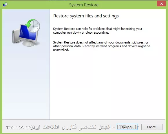 !! ُSystem Restore چیست ؟
--
System Restore به ما کمک می کند که تنظیمات فعلی سیستم عامل و فایل‌های سیستمی آن را به زمان گذشته بازگردانیم. این راهی است برای برگرداندن تغییرات سیستمی بدون ایجاد تغییرات بر روی فایل های شخصی مثل؛ E-mail, documents یا photos ، بعضی وقتها نصب یک برنامه یا یک درایور می تواند یک تغییر ناگهانی در کامپیوتر ایجاد کند یا اینکه به دلیل یک حرکت پیش بینی نشده ویندوز باشد.معمولا uninstall کردن یک برنامه یا یک درایور مشکل را رفع می کند. اگر uninstall کردن مشکل را رفع نکرد میتوانیم از روش بازگردانی ویندوز به زمان قبل، زمانی که همه چیز به درستی و بدون مشکل کار می کرد.System Restore از یک قابلیت استفاده می کند که به آن system protection گفته میشود که به طور منظم Restore point ایجاد و آن را ذخیره می کند. Restore point شامل اطلاعاتی درباره تنظیمات رجیستری و اطلاعات دیگر سیستم که ویندوز از آنها استفاده می کند. همچنین می توان Restore point  را به صورت دستی هم ساخت.

!! Restore Point  چیست؟
--
Restore Point یکی از اجزای System Restore می‌باشد. با ایجاد یک ریستور پوینت، اکثر داده‌ها، فایل‌ها و تنظیمات مهم سیستم عامل در زمان ساخته شدن، ذخیره شده و نگه داری می‌شود. درصورتی که بعدها سیستم عامل شما دچار اشکالاتی شد، می‌توانید از ریستور پوینتی که قبلا تهیه کرده اید، استفاده کنید و آن ریستور پوینت را برگردانید تا تنظیمات سیستم عامل به زمانی که ریستور پوینت را ایجاد کرده اید، تغییر یابد.Restore Pointها فایل‌های با پسوندهای خاص (مانند EXE، OCX و... ) و اطلاعاتی از قبیل موارد زیر را می‌تواند نگه داری می‌کنند:

* تمام داده‌های رجیستری
* پروفایل کاربر محلی (نه همه کاربران)
* تمام فایل‌های مربوط به Windows File Protection و Windows Resource Protection
* و موارد دیگر ...

توجه کنید که ممکن است برنامه‌های نصب شده (و در مواردی بسیار خاص، فایل‌های غیر سیستمی) در طی فرایند بازگردانی ریستور پوینت، از دست بروند.Restore Pointها فقط موارد خاصی از تنظیمات و فایل‌های سیستم عامل را نگه داری می‌کنند و فایل‌های شخصی شما قابل بازگردانی از طریق System Restore نیست.لازم است به این نکته توجه کنید که درصورتی که هیج Restore Pointای از قبل ایجاد نکرده باشید، نمی‌توانید تنظیمات سیستم عامل را به تنظیمات زمان گذشته تغییر دهید. قبل از تغییر هرگونه تنظیمات در سیستم عامل (که از نحوه عملکرد آن‌ها اطلاع نداشته باشید) بهتر است یک Restore Point ایجاد کنید.

!! بازگردانی ویندوز با System Restore
--
کلید‌های  win key + Qرا با یکدیگر فشار دهید تاsearch  یا بخش جستجوی ویندوز برای شما باز شود. در مستطیل سرچ ویندوز کلمه Recovery را تایپ کنید.

||http://tosinso.com/files/get/07cd6b2d-e1c3-49b9-9523-b44204bff3f9||

سپس با کلیک بر روی Recovery options  کلیک کنید به بخش بازیابی ویندوز هدایت خواهید شد. در صفحه‌ای که باز خواهد شد و شبیه به تصویر پایین است گزینه Open System Restore را انتخاب کنید. به صورت پیش‌فرض آخرین Restore Point به شما نشان داده خواهد شد. 

||http://tosinso.com/files/get/15a5b40f-1e53-48f5-86d9-61cab20583c6||

حال برای اینکه شما سیستم خود را به آخرین نقطه بازگشت بازگردانید، بر روی گزینه Next کلیک کنید .

||http://tosinso.com/files/get/5b7b9725-6c67-435c-86c5-3097c51c6ae0||

در پنجره بعدی لیست یک یا دو تا از آخرین restore pointها را به صورت پیش فرض نشان می دهد.

||http://tosinso.com/files/get/5d76cbc7-ef10-4817-ae4d-e52dc3a64e92||

با انتخاب گزینه Show more restore points می توانیم بقیه Restore pointها رو ببینیم. و هر کدام را که می خواهیم انتخاب کنیم. سپس بر روی Next کلیک می کنیم.

||http://tosinso.com/files/get/cf4a1f61-c116-40b5-99e5-9b19ea99434d||

با کلیک بر روی Scan for affected programs شما می توانید لیست برنامه ها و درایورهایی که پاک می شوند را در کادر بالا ببینیم.و همچنین در کادر پایین برنامه ها و درایورهایی که ممکن است بعد از restore به درستی کار نکنند و نیاز به نصب مجدد دارند را نشان می دهد.در مرحله آخر Finish  را انتخاب کنید.

||http://tosinso.com/files/get/4ba5eecd-dbf0-485d-ab71-56103c7abf43||

||http://tosinso.com/files/get/ac28365f-d9bd-4aef-ba82-c9da5dc78304||

!! روش ایجاد Restore Point
--
 اگر بخواهیم همین الان یا در هر زمان دلخواه به صورت دستی یک نقطه بازگشت بسازیم از این روش استفاده می‌کنیم:

1-با win key+ x منوی زیر باز می شود.

||http://tosinso.com/files/get/fd458697-a953-4a5e-9bc9-9b09dcdfc5ff||

2-روی گزینه system  کلیک می کنیم. پنجره System باز می شود.

||http://tosinso.com/files/get/adfd46ff-108f-4730-8b85-d906fff5f333||

3-روی System protection کلیک می کنیم.

||http://tosinso.com/files/get/84065e08-7dc3-47f4-ae50-d27167183d1b||

4-با انتخاب گزینه Create به صورت دستی می‌توانید نقطه بازگشتی دلخواه را برای سیستم خود بسازید. از شما درخواست خواهد شد تا نقطه بازگشت را  نام‌گذاری کنید تا در آینده به راحتی مورد شناسایی قرار گیرد. نام دلخواه و مناسبی را بنویسد و Create را کلیک کنید.

||http://tosinso.com/files/get/f81948ad-0228-497c-a172-8ef6fd0843f5||

و بعد از آن کادر زیر را می بینیم. چند لحظه منتظر می مانیم تا restore point ساخته شود.

||http://tosinso.com/files/get/691e2b55-e6f2-4ae4-88d4-fc457bec3687||

 با دیدن پیغام زیر مطمئن می شویم که با موفقیت ساخته شده.

||http://tosinso.com/files/get/6aadaeeb-cc22-4eed-8e58-c28a52caff37||

نویسنده : سیمین سرداریان
منبع : |جزیره سرویس های شبکه مایکروسافت وب سایت توسینسو::https://tosinso.com/microsoft|
هرگونه نشر و کپی برداری بدون ذکر منبع و نام نویسنده دارای اشکال اخلاقی می باشد