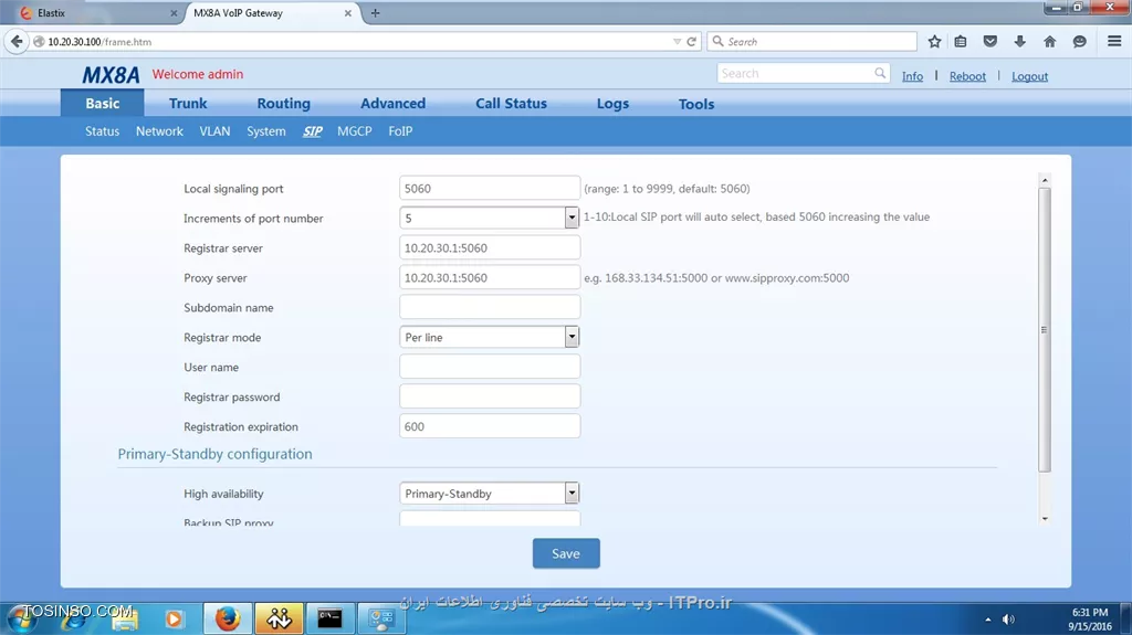 گام اول : تنظیمات Gateway ، Newrock
1-	اتصال به محیط گرافیکی:
Ip پیشفرض در مدل های مختلف Gateway های Newrock متفاوت است در جدول زیر چند نمونه از مدل ها نشان داده شده است.
 
     ||http://tosinso.com/files/get/f25f27a3-cb58-4545-9de0-3564304e8987||

 Ip دستگاه را در مرورگر وارد کنید تا محیط login دستگاه نمایش داده شود .

||http://tosinso.com/files/get/a8bce7b8-e036-470f-9bb7-8d3a8c636345||

به صورت پیشفرض username همه دستگاه های newrock ، admin و Password آن در مدل های مختلف متفاوت است جدول زیر به بخشی از آنها اشاره کرده است.

||http://tosinso.com/files/get/f916e55c-fb72-44a2-bff7-8ff71a615dda||

2-	بعد از ورود به محیط تنظیمات ابتدا باید sip server Elastix را به دستگاه معرفی کنیم  تا ارتباط بین elastix و gateway برقرار شود . برای این کار از مسیر زیر اقدام میکنیم .
                                                                                                                                                                                                                       Basic --- SIP
||http://tosinso.com/files/get/5baef045-c717-40f1-b775-0b6c73b7227a||

حال فییلدهارا بر اساس جدول زیر پرکنید و تنظیمات را save کنید.
پورت پروتوکل  sip (پورت پیشفرض پروتوکل sip ، 5060 است)	   :  Local signaling port
Ip سرور Elastix و پورت آن (پیشفرض 5060 )                            :   	Registrar server    
Ip سرور Elastix و پورت آن (پیشفرض 5060 )                            :         	Proxy server  
Per line	                :                                                                   Registrar mode

برای مثال 
Local signaling port    :                        5060
Registrar server         :      10.20.30.1:5060
Proxy server             :      10.20.30.1:5060
Registrar mode         :                      Per line

3-	بعد از تعریف sip server  باید برای مسیردهی پورت های FXO به سمت سرور Elastix ترانک (Trunk) ایجاد کنیم . برای ایجاد ترانک از مسیر زیر اقدام میکنیم.
                                                                                                                                                                                                    Trunk ---- Trunk 
||http://tosinso.com/files/get/0dd4d4a3-a10b-4f87-a3ac-6e1c18b05b72||

در بخش Trunk ID پورت FXO مورد نظر را انتخاب کنید Inbound handle را Binding  قرار دهید local SIP port را5060  و در بخش Number عددی دلخواه را وارد نمایید و گذینه های Caller ID detection  و Echo cancelation را تیک بزنید و این کار را برای تمام پورتهای FXO مورد نیازتان انجام دهید . بیاد داشته باشید که برای مسیردهی پورت های FXO با Elastix عددی که در بخش Number معرفی میکنید را باید در بخش Inbound Route  سرور Elastix و درقسمت DID Number  وارد کنید . 

پورت FXO مورد نظر	                               Trunk ID
Binding 	                                    Inbound handle
عددی دلخواه 	                                        Number
نمایش شماره تماس گیرنده	Caller ID detection  
حذف اکو از صدا 	                          Echo cancelation

برای مثال: 

Trunk ID                             FXO-1
Inbound handle                 Binding
Number                                9999
4-	حال باید برای مسیردهی تماس هایی که از سمت سرور Elastix می آید Route  بنویسیم . برای نوشتن Route  از مسیر زیر اقدام میکنیم .
                                                                                                                                                                  Routing ----- Routing Table          
||http://tosinso.com/files/get/89a440a0-2e80-4d00-a765-88042dfcad61||

در Box پیشه رو Route  مورد نظر را مینویسیم . این Route  به این معناست که تمام درخواست ها از سمت سرور Elastix را به سمت پورت های FXO بفرست .  
                                                                                                                                                                                       IP    X    ROUTE   FXO 1-8  
||http://tosinso.com/files/get/aa8a7501-d83e-4be9-81d2-3d1cadd4bc31||

5-	در اخر از تب Advance وارد  تب Tones شده و Country/region  را IRAN قرار میدهیم و دستگاه را یکبار Restart میکنیم . 

||http://tosinso.com/files/get/2148f7bb-0f89-4670-9ce1-fd3707ccb2b1||

گام دوم : تنظیمات سرور Elastix
1-	ایجاد Trunk  برای معرفی Gateway Newrock به  .Elastix برای ایجاد trunk  از مسیر زیر اقدام مینماییم :
                                                                                   PBX - PBX Configuration - Trunk - add sip trunk                                                                                                               در قسمت Outgoing Settings موارد زیر را مطابق شکل زیر پرکنید . نامی دلخواه برای Trunk درنظر بگیرید. 

||http://tosinso.com/files/get/be18aed9-422a-434d-bfbc-08ba550d35b8||

Trunk Name	           Trunk
host	Ip                   newrock
qualify	                     YES
Port                         	5060
type	                          PEER

2-	تعریف Inbound Routes برای مسیردهی تماس های ورودی از Gateway Newrock به سرور elastix در این قسمت تعیین میکنم که تماسهایی که وارد Elastix میشوند به کجا هدایت شون . برای مثال به تماس ورودی به داخلی مورد نظر یا منشی تلفنی (IVR) ،صف یا گروه پاسخ گو (Ring Group) یا ... هدایت شود .برای تعریف Inbound Routes  از مسیر زیر اقدام میکنیم .DID Number را همان شماره ای که در قسمت Trunk در Gateway newrock قرار دادیم مقدار دهی میکنیم ودر قسمت Set Destination ، Destination  مورد نظر را برای مسیردهی تماس ورودی قرار میدهیم .
                                                                                                                                                                     PBX - PBX configuration - Inbound Routes - Add Incoming Route

||http://tosinso.com/files/get/559ddd08-123d-4d22-844d-167e0641848f||
||http://tosinso.com/files/get/6caba472-aafe-4098-95d7-dd0763243cf5||

قسمت Set Destination شامل موارد زیر است . 

||http://tosinso.com/files/get/45d273d4-c2fb-4c1a-ab27-bfaac754ee0e||


3-	تعریف Outbound Routes برای مسیردهی تماس ها به سمت Gateway newrock . برای تعریف Outbound Routes از مسیر زیر اقدام میکنیم .اسمی دلخواه در قسمت Route Name انتخاب کنید و در قسمت Dial Patterns الگوی تماس دلخواه خود را وارد و در اخر از قسمت Trunk Sequence for Matched Routes ترانک مورد نظر برای هدایت تماسها به سمت Gateway  انتخاب کنید.
                                                                                                                                                                                                                PBX - PBX Configuration - Add Route

||http://tosinso.com/files/get/78056424-8215-4b2b-951f-64236308fe54||

روشهای Dial Pattern نویسی :

||http://tosinso.com/files/get/3f41a388-ec63-43f3-9a3a-a1245e184495||

PREPEND  =عددی یا مجموعه اعدادی که می خواهیم به شماره مورد نظر ما اضافه شود.
PREFIX  =عدد یا اعدادی می باشد که می خواهیم از شماره تماس گرفته شده حذف گردد.
   = MATCH PATTERN شماره هایی که در نهایت به سمت ترانک خروجی هدایت می شوند.
CALLER ID  = این پارامتر برای زمانی می باشد که ما میخواهیم این قانون برای یک داخلی خاص اعمال گردد.
کارکترهایی که در Dial Pattern مورد استفاده قرار میگیرد :
.	همه ی اعداد به هر تعدادی
X	اعداد بین 0 تا 9
Z	اعداد بین 1 تا 9
N	اعداد بین 2 تا 9
[ , ]       [ - ]	اعداد نوشته شده بین 2 عدد -  اعداد نوشته شده ,

 برای مثال:  
گرفتن شماره مبایل	                                                                09xxxxxxxxx                              
گرفتن شماره ثابت درون شهری (برای مثال شیراز)                       	0713zxxxxxx            

بعد از انجام مراحل گفته شده شما میتوانید هم به بیرون تماس داشته باشید هم از بیرون به داخل تماس دریافت کنید . 
موفق و پیروز باشید. 

نویسنده : آرش حیدری
منبع : |جزیره ویپ وب سایت توسینسو::https://tosinso.com/network|
هرگونه نشر و کپی برداری بدون ذکر منبع و نام نویسنده دارای اشکال اخلاقی است