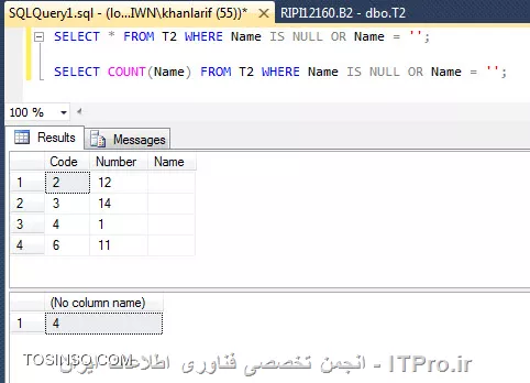 دستورات شما روی  SQL من به درستی نتیجه رو نشون میده یعنی چه NULL و چه خالی بود رو برامون برمیگردونه اطلاعات داخل جدول ات چیه؟
||http://dba.tosinso.com/files/get/5bf337b5-c34b-4a44-b66d-0efb110d7727||