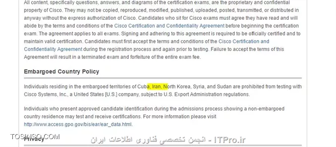 |به این لینک برید::http://www.cisco.com/c/en/us/training-events/training-certifications/exams/policies.html| سایت خود سیسکو هستش بند Embargoed Country Policy رو ببینید شهروندان ایرانی که در داخل ایران ساکن هستن تحت هیچ شرایطی و در هیچ کشوری نمیتونن در امتحانات سیسکو شرکت کنن به شرطی که در کشوری که میخان امتحان بدن مدارک اقامت نشون بدن ,  این سیاست کلی سیسکو هستش حالا دیگه نمیدونم این VUE که میگید از چه روشی سیسکو رو دور میزنه .
||http://academic.tosinso.com/files/get/5c93668a-38d7-48d9-a23e-7aac9d1f6ae5||