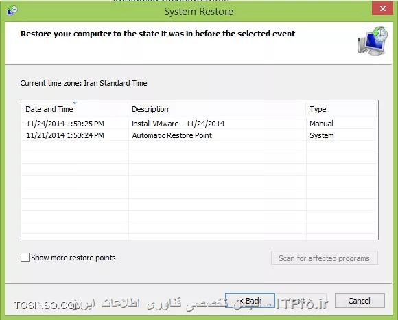 !! ُSystem Restore چیست ؟
--
System Restore به ما کمک می کند که تنظیمات فعلی سیستم عامل و فایل‌های سیستمی آن را به زمان گذشته بازگردانیم. این راهی است برای برگرداندن تغییرات سیستمی بدون ایجاد تغییرات بر روی فایل های شخصی مثل؛ E-mail, documents یا photos ، بعضی وقتها نصب یک برنامه یا یک درایور می تواند یک تغییر ناگهانی در کامپیوتر ایجاد کند یا اینکه به دلیل یک حرکت پیش بینی نشده ویندوز باشد.معمولا uninstall کردن یک برنامه یا یک درایور مشکل را رفع می کند. اگر uninstall کردن مشکل را رفع نکرد میتوانیم از روش بازگردانی ویندوز به زمان قبل، زمانی که همه چیز به درستی و بدون مشکل کار می کرد.System Restore از یک قابلیت استفاده می کند که به آن system protection گفته میشود که به طور منظم Restore point ایجاد و آن را ذخیره می کند. Restore point شامل اطلاعاتی درباره تنظیمات رجیستری و اطلاعات دیگر سیستم که ویندوز از آنها استفاده می کند. همچنین می توان Restore point  را به صورت دستی هم ساخت.

!! Restore Point  چیست؟
--
Restore Point یکی از اجزای System Restore می‌باشد. با ایجاد یک ریستور پوینت، اکثر داده‌ها، فایل‌ها و تنظیمات مهم سیستم عامل در زمان ساخته شدن، ذخیره شده و نگه داری می‌شود. درصورتی که بعدها سیستم عامل شما دچار اشکالاتی شد، می‌توانید از ریستور پوینتی که قبلا تهیه کرده اید، استفاده کنید و آن ریستور پوینت را برگردانید تا تنظیمات سیستم عامل به زمانی که ریستور پوینت را ایجاد کرده اید، تغییر یابد.Restore Pointها فایل‌های با پسوندهای خاص (مانند EXE، OCX و... ) و اطلاعاتی از قبیل موارد زیر را می‌تواند نگه داری می‌کنند:

* تمام داده‌های رجیستری
* پروفایل کاربر محلی (نه همه کاربران)
* تمام فایل‌های مربوط به Windows File Protection و Windows Resource Protection
* و موارد دیگر ...

توجه کنید که ممکن است برنامه‌های نصب شده (و در مواردی بسیار خاص، فایل‌های غیر سیستمی) در طی فرایند بازگردانی ریستور پوینت، از دست بروند.Restore Pointها فقط موارد خاصی از تنظیمات و فایل‌های سیستم عامل را نگه داری می‌کنند و فایل‌های شخصی شما قابل بازگردانی از طریق System Restore نیست.لازم است به این نکته توجه کنید که درصورتی که هیج Restore Pointای از قبل ایجاد نکرده باشید، نمی‌توانید تنظیمات سیستم عامل را به تنظیمات زمان گذشته تغییر دهید. قبل از تغییر هرگونه تنظیمات در سیستم عامل (که از نحوه عملکرد آن‌ها اطلاع نداشته باشید) بهتر است یک Restore Point ایجاد کنید.

!! بازگردانی ویندوز با System Restore
--
کلید‌های  win key + Qرا با یکدیگر فشار دهید تاsearch  یا بخش جستجوی ویندوز برای شما باز شود. در مستطیل سرچ ویندوز کلمه Recovery را تایپ کنید.

||http://tosinso.com/files/get/07cd6b2d-e1c3-49b9-9523-b44204bff3f9||

سپس با کلیک بر روی Recovery options  کلیک کنید به بخش بازیابی ویندوز هدایت خواهید شد. در صفحه‌ای که باز خواهد شد و شبیه به تصویر پایین است گزینه Open System Restore را انتخاب کنید. به صورت پیش‌فرض آخرین Restore Point به شما نشان داده خواهد شد. 

||http://tosinso.com/files/get/15a5b40f-1e53-48f5-86d9-61cab20583c6||

حال برای اینکه شما سیستم خود را به آخرین نقطه بازگشت بازگردانید، بر روی گزینه Next کلیک کنید .

||http://tosinso.com/files/get/5b7b9725-6c67-435c-86c5-3097c51c6ae0||

در پنجره بعدی لیست یک یا دو تا از آخرین restore pointها را به صورت پیش فرض نشان می دهد.

||http://tosinso.com/files/get/5d76cbc7-ef10-4817-ae4d-e52dc3a64e92||

با انتخاب گزینه Show more restore points می توانیم بقیه Restore pointها رو ببینیم. و هر کدام را که می خواهیم انتخاب کنیم. سپس بر روی Next کلیک می کنیم.

||http://tosinso.com/files/get/cf4a1f61-c116-40b5-99e5-9b19ea99434d||

با کلیک بر روی Scan for affected programs شما می توانید لیست برنامه ها و درایورهایی که پاک می شوند را در کادر بالا ببینیم.و همچنین در کادر پایین برنامه ها و درایورهایی که ممکن است بعد از restore به درستی کار نکنند و نیاز به نصب مجدد دارند را نشان می دهد.در مرحله آخر Finish  را انتخاب کنید.

||http://tosinso.com/files/get/4ba5eecd-dbf0-485d-ab71-56103c7abf43||

||http://tosinso.com/files/get/ac28365f-d9bd-4aef-ba82-c9da5dc78304||

!! روش ایجاد Restore Point
--
 اگر بخواهیم همین الان یا در هر زمان دلخواه به صورت دستی یک نقطه بازگشت بسازیم از این روش استفاده می‌کنیم:

1-با win key+ x منوی زیر باز می شود.

||http://tosinso.com/files/get/fd458697-a953-4a5e-9bc9-9b09dcdfc5ff||

2-روی گزینه system  کلیک می کنیم. پنجره System باز می شود.

||http://tosinso.com/files/get/adfd46ff-108f-4730-8b85-d906fff5f333||

3-روی System protection کلیک می کنیم.

||http://tosinso.com/files/get/84065e08-7dc3-47f4-ae50-d27167183d1b||

4-با انتخاب گزینه Create به صورت دستی می‌توانید نقطه بازگشتی دلخواه را برای سیستم خود بسازید. از شما درخواست خواهد شد تا نقطه بازگشت را  نام‌گذاری کنید تا در آینده به راحتی مورد شناسایی قرار گیرد. نام دلخواه و مناسبی را بنویسد و Create را کلیک کنید.

||http://tosinso.com/files/get/f81948ad-0228-497c-a172-8ef6fd0843f5||

و بعد از آن کادر زیر را می بینیم. چند لحظه منتظر می مانیم تا restore point ساخته شود.

||http://tosinso.com/files/get/691e2b55-e6f2-4ae4-88d4-fc457bec3687||

 با دیدن پیغام زیر مطمئن می شویم که با موفقیت ساخته شده.

||http://tosinso.com/files/get/6aadaeeb-cc22-4eed-8e58-c28a52caff37||

نویسنده : سیمین سرداریان
منبع : |جزیره سرویس های شبکه مایکروسافت وب سایت توسینسو::https://tosinso.com/microsoft|
هرگونه نشر و کپی برداری بدون ذکر منبع و نام نویسنده دارای اشکال اخلاقی می باشد