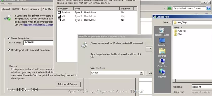 دوستان عزیز سلام
یک پرینت سرور دارم راه میندازم رو Server 2008 R2 کلاینت ها هم XP 32 bit حالا وقتی میخوام درایور X86 اضافه کنم به پرینتر واسه کلاینتا بعد از اینکه درایور رو میگیره این پیغام رو میده :
Pleas Provide Path to Windows media (x86 processor) 
و دنبال فایل ntprint.inf میگرده

||http://tosinso.com/files/get/5dd14eac-0989-4a3f-95f7-e7e4475fc319||
سی دی ویندوز XP , Server رو هم که میزارم و فایل رو بهش مسیر میدم نمیشناسه و هیچ کاری نمیکنه و همچنان این فایل رو میخواد
چه کنیم ؟ کسی به این مشکل بر خورده تا حالا ؟
راستی سه ورژن XP رو هم امتحان کردم که هیچکدومو قبول نکرد
MSDN
Black box
Integrated June 2014 (Corporate)
پرینتر هم Toshiba e-studio 350