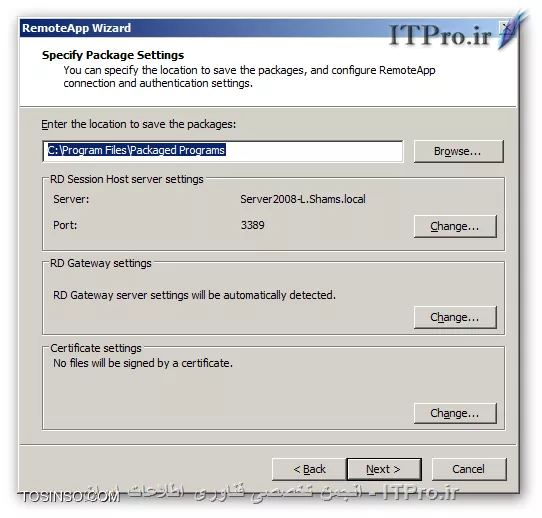 با یکی دیگر از قسمتهای مقالات از سری مقالات آموزش راه اندازی Remote Desktop Services در خدمت شما هستیم. همانطور که در قسمتهای قبل گفته شد راههای مختلفی برای ارائه سرویس Remote Desktop وجود دارد در قسمت قبل گفته شد که چگونه برای یک کاربر تعیین کنیم که هر وقت به سرور Remote زد ، بصورت خودکارتصویر یک نرم افزار خاص در صفحه نمایشگر او نمایان شود تا بتواند از آن استفاده کند .

همانطور که گفته شده بود یکی از بزرگترین محدودیتهایی که این روش دارد که باعث میشود کمتر از آن استفاده شود این است که کاربران در این روش نمیتوانند از چند نرم افزار استفاده کنند و تنها محدود به یک نرم افزاری هستند که مدیر سیستم برای آنان تعیین کرده همچنین به طور همزمان با نام کاربری و رمز عبور خود تنها مجاز به استفاده از یک نرم افزار و برقراری یک Session هستند و نمیتوانند بصورت همزمان از چند نرم افزار استفاده کنند ، اکنون روشی دیگر از روشهای ارائه ی این سرویس را بررسی میکنیم که دیگر این محدودیت را نخواهید داشت و آن هم استفاده از کنسول RemoteApp Manager است این کنسول پس از نصب کرد رول Remote Desktop Session Host در مسیر زیر قابل دسترس است :
<ltr>
Start => Administrative Tools => Remote Desktop Services
<ltr>
همچنین با تایپ عبارت remoteprograms.msc در Run میتوانید آن را اجرا کنید پس از اجرا پنجره این به شکل زیر مشاهده میکنید ...
||http://tosinso.com/files/get/40f01d21-394c-4db2-907b-795c838cea2a||
همانطور که مشاهده میکنید در این پنجره در قسمت Overview یک وضعیت کلی از این سرویس نمایش داده شده و در پایین ، در قسمت RemoteApp Programs میتوانید لیست نرم افزارهای Publish شده را مشاهده و آنها را ویرایش کنید شما با استفاده از امکاناتی که در این کنسول هست میتوانید نرم افزارهای خود را Publish کرده و از هر کدام از نرم افزارها یک فایل درست کرده که کاربران به بوسیله آن میتوانند به سرور وصل شده و از نرم افزار مربوطه استفاده کنند ، فایلهایی که با استفاده از روش فوق میتوانید ایجاد کنید با دو پسوند RDP و MSI هستند و هر کدام خواصیتهای خود را دارد که در ادامه راجع به هر دو آنها و روش ایجادشان صحبت میکنیم . قدم اول در پابلیش نرم افزارها این است که آن را در لیست RemoteApp Programs اضافه کنید برای اینکار در سمت راست تصویر Add RemoteApp Programs را پیدا کرده و کلیک کنید تا پنجره ای به شکل زیر مشاهده کنید
||http://tosinso.com/files/get/afba1c86-63ac-40ba-8cca-69fe03d0e168||
پنجره اول که طبق معمول خوش آمدگویی و یک سری توضیحات دیگر هست ،Next  میکنیم
||آموزش Remote Desktop Services در Windows Server 2008 R2::http://tosinso.com/files/get/976bb9bb-569f-4dc0-9626-0641c4b0db06||
در این مرحله نرم افزارهایی که تصمیم دارید Publish کرده و در اختیار کاربرانتان قرار دهید را انتخاب کنید در صورت نصب نرم افزار جدید ، آن را میتوانید در این لیست مشاهده کنید ، در صورت عدم مشاهده آن میتوانید با زدن دکمه Browse آدرس نرم افزار را داده تا در لیست اضافه و قابل استفاده گردد. پس از انتخاب نرم افزارها Next کنید ...
||http://tosinso.com/files/get/ca798346-4568-4e0a-b440-4748654b6b36||
و در نهایت Finish را میزنیم همانطور که در تصویر زیر مشاهده میکنید نرم افزارهایی که انتخاب کردیم در قسمت RemoteApp Programs  قابل مشاهده ، ویرایش و یا حذف هستند و با حذف هر کدام از آنها کاربران دیگر قادر به استفاده از نرم افزار نخواهند بود.
||http://tosinso.com/files/get/a0001ac0-7c9c-464f-8bfc-35e50d5fb7b6||
تا اینجا نرم افزارهای ما برای استفاده آماده هستند ولی حال باید برای کلاینتها یک فایل درست کنیم که بوسیله آن بتوانند به سرور متصل شده و از نرم افزار استفاده کنند.  این فایلها شامل فایلهای rdp و msi میباشند.

!! فایلهای RDP 
این فایلها توسط مدیر و با استفاده از کنسول RemoteApp Manager ساخته شده و جهت استفاده بایستی در اختیار کلاینتها قرار گیرد هر کدام از این فایلها به یک نرم افزار میتوانند اشاره کنند این فایلها را به هر طریقی میتوانید در اختیار کاربران قرار دهید که این بستگی به سلیقه و محیط کاری شما دارد مثلا از طریق یک پوشه به اشتراک گذاری شده در شبکه فایلهای RDP را در اختیار کاربران قرار دهید کاربران بعد از اجرای این فایل بایستی نام کاربری و رمز عبور خود را وارد کنند تا عملیات احراز هویت انجام شود و بعد از آن به نرم افزار مورد نظر هدایت میشوید برای ساختن آن در قسمت RemoteApp Programs روی نرم افزار مورد نظرتان راست کلیک کرده و از منوی باز شده گزینه Create .rdp File را انتخاب کنید تا پنجره زیر را مشاهده کنید
||http://tosinso.com/files/get/2e3a0cf2-9248-4c5f-b2ce-183f4f284519||
پنجره اول که طبق معمول خوش آمدگویی و یک سری توضیحات دیگر هست ،Next  میکنیم
||http://tosinso.com/files/get/a98d8432-9943-4874-9a01-fc4a45348517||
در این مرحله در قسمت بالا یعنی جایی که نوشته شده Enter the location to save packages: آدرسی که فایل خروجی در آن قرار گیرد را از شما میخواهد. در قسمت پایینتر یعنی RD Session Host server settings با زدن دکمه Change میتوانید نام سرور و همچنین پورت مورد نظر برای Remote Desktop را جهت ارتباط کلاینت با سرور مشخص کنید ، بطور پیشفرض پورت استفاده از Remote Desktop برابر 3389  میباشد اما ممکن است برای بالابردن امنیت شماره آن تغییر داده شده باشد که بدینصورت میتوانید شماره جدید پورت را جهت ارتباط کلاینت با سرور وارد کرده و یکسان سازی کنید تا کلاینتها هم بوسیله پورت جدید و حقیقی بتوانند با سرور ارتباط برقرار کنند ، و در نهایت در قسمت Certificate settings هم در صورت نیاز میتوانید از الگوریتم رمز نگاری برای برای ارتباط کلاینتها با سرور استفاده کنید این خود میتواند مقاله ای جداگانه باشد و با توضیح آن از مبحث اصلی دور میشویم پس آن را به حالت پیشفرض رها میکنیم. Next زده و به مرحله بعد میرویم ...
||http://tosinso.com/files/get/4297cd03-dc58-4f8b-8bf0-918770e276ce||
و در نهایت Finish را میزنیم. پس از آن یک فایل RDP ساخته شده که کلاینتها با اجرای آن به سرور وصل شده و تصویر نرم افزار مربوطه را مشاهده کرده و از آن استفاده میکنند. کلاینتها وقتی یک فایل RDP را اجرا میکنند با پنجره ای به شکل زیر روبرو میشوند :
||http://tosinso.com/files/get/9ca3e86e-50f2-4705-bd81-e653e263fee8||
همانطور که مشاهده میکنید در این پنجره یک سری اطلاعات در مورد نرم افزار Publish شده در اختیار کاربر قرار میگیرد همچنین کاربر میتواند با کلیک بر روی Details این صفحه را گسترش دهد ، در این پنجره کاربر میتواند مشخص کند که چه منابعی از کامپیوتر خودش را پس از Remote زدن به سرور میتواند مشاهده کند مثلا با انتخاب Drives میتواند درایوهای کامپیوتر خود را پس از ریموت زدن در سرور مشاهده کند.
شما میتوانید کاربران را در استفاده از منابع کامپیوتر خود در سرور محدود کنید ، برای این کار در کنسول RemoteApp Manager در سمت راست تصویر روی گزینه RD Session Host Server Settings کلیک کرده و در پنجره باز شده وارد تب Common RDP Settings شوید در این سربرگ در قسمت Devices and resources میتوانید تعیین کنید که کلاینتها پس از اجرای فایل RDP خود ، چه منابعی از کامپیوتر خود را پس از ریموت زدن به سرور جهت مشاهده بتوانند انتخاب کنند.
||http://tosinso.com/files/get/6e2a92dc-b8cf-4940-af00-09b9be7d22ea||
به عنوان مثال ما در تصویر بالا Disk drives را غیر فعال کرده ایم ، این باعث خواهد شد که کلاینتها در زمان ریموت زدن در قسمت انتخاب منابع نتوانند چک باکس Drives را مشاهده و انتخاب نمایند در نتیجه به اجبار درایوهای خود را پس از ریموت زدن نمیتوانند مشاهده کنند.
نکته : پس از اینکه تغییراتی که در بالا گفته شد را در تنظیمات RemoteApp Manager در سرور انجام دادید ، در فایلهایی RDP و MSI که از آن لحظه به بعد ساخته میشوند این تغییرات قابل مشاهده است و کاربرانی که از قبل ، فایلهای RDP و یا MSI را در اختیار داشته اند این تغییر در تنظیمات را مشاهده نمیکنند و بایستی از فایلهایی که پس از اعمال تنظیمات در سرور ساخته شده اند استفاده کنند.

!! فایلهای MSI  
این فایلها توسط مدیر و با استفاده از RemoteApp Manager ساخته میشوند و در نهایت به شکل یک فایل قابل نصب Windows Installer package قابل دسترس هستند، این فایل را کلاینتها میتوانند در کامپیوتر خود نصب کنند و پس از نصب بطور پیشفرض در مسیری مشابه C:\Program Files (x86)\RemotePackages قابل مشاهده هستند . این فایل در کلاینت نصب شده و مانند نرم افزاری که Install میشود ، فایل اتصال گر کلاینت با سرور جهت اجرای نرم افزار را درمسیر گفته شده در اختیار کاربر قرار میدهد، از خواص این فایلها این هست که پس از نصب میتوان آن را Uninstall کنید و این کار با رفتن به Programs and Features یعنی تایپ عبارت appwiz.cpl قابل انجام است. پس از نصب ، یک فایل RDP در مسیری مشابه C:\Program Files (x86)\RemotePackages ایجاد شده و یک  Shurtcut از آن در Start menu و یا Desktop ایجاد میشود. 

و کاربر با اجرای آن با پنجره ای مشابه پنجره ی مربوط به فایلهای RDP مواجه میشود و پس از زدن دکمه Connect و وارد کردن نام کاربری و رمز یک Session در سرور ایجاد شده و نرم افزار جهت استفاده کاربر به نمایش درخواهد آمد، روش استفاده از نرم افزار در فایلهای MSI شباهت بسیار زیادی به فایلهای RDP دارد تنها تفاوتی که به چشم میخورد این است که فایلهای msi را در ابتدا بایستی نصب کرد تا بتوان از آن استفاده کرد ولی فایلهای RDP در همان ابتدا قابل اجرا هستند و نیازی به نصب ندارند. با خواندن مطلب تا به اینجا و با دانستن اینکه برای نصب فایلهای msi بایستی کاربر دسترسی مدیریتی داشنه باشد اولین فکری که به ذهن شما میرسد این هست که اصلا چه دلیلی دارد که ما بخواهیم از فایلهای msi استفاده کنیم!!! فایل msi به درد نمیخورد !!! ولی فایلهای msi خواصی دارند که با دانستن آنها نظر شما را راجع به خود عوض میکنند، تا به حال با خواندن این قسمت مقاله به این ننتیجه رسیده اید که کاربران برای استفاده از نرم افزارهای موجود در سرور بایستی از فایلهای RDP و MSI استفاده کنند و در صورت دسترسی نداشتن به این فایلها نمیتوانند نرم افزارهای Publish شده را اجرا کنند .

پس از Publish نرم افزارها بایستی فایلهای RDP را به تک تک کاربران در شبکه خود بدهیم، یکی از خواص فایلهای MSI این است که میتوان آنها را از طریق Group policy در شبکه خود بر روی کلاینتهای مورد نظر و بصورت مرکزی نصب کنید و در صورت نیاز حذف کنید ،  به عبارتی دیگر می توانید آنها را بدون اینکه کاربران شما در شبکه متوجه این موضوع شوند مانند یک نرم افزار Install کنید . پس از نصب نرم افزار کاربران با اجرای فایل نهایی که پس از نصب با پسوند rdp خواهد بود و یک Shortcut از آن در Start menu و یا Desktop هم ایجاد میشود بصورت اتوماتیک به سرور ریموت زده و احراز هویت کرده و از نرم افزار مورد نظر استفاده می کنند. خب با هم روش ساخت فایلهای msi را بررسی میکنیم. برای ساخت فایل msi در پنجره RemoteApp Manager و در قسمت RemoteApp Programs روی نرم افزار مورد نظرتان راست کلیک کرده و از منوی باز شده گزینه Create Windows installer package را انتخاب کنید تا پنجره زیر را مشاهده کنید
||http://tosinso.com/files/get/c68126b5-4605-4cd9-85ce-a558c714b31d||
پنجره اول که خوش آمدگویی و یک سری توضیحات دیگر هست ،Next  میکنیم
||http://tosinso.com/files/get/5de861b7-e1a4-4efc-b229-d357be259658||
این مرحله مشابه همان مرحله ایست که در ساخت فایل RDP مشاهده کردیم و توضیحات آن یک بار در بالا داده شده... Next میکنیم
||http://tosinso.com/files/get/a6c0c635-9720-4c3c-8b4c-daa8de9adeb3||
در این مرحله در قسمت Shortcut icon اگر چک باکسهای Desktop و یا Start menu folder را علامت بزنید نرم افزار شما پس از نصب ، یک Shortcut در Start menu و یا Desktop قرار میدهد ، Next کرده
||آموزش Remote Desktop Services در Windows Server 2008 R2::http://tosinso.com/files/get/9381393d-1b6f-4ef3-9b39-d161cca56b5a||
و در نهایت Finish میکنیم. و در نهایت فایل ما با پسوند *.msi ساخته میشود و میتوان از آن استفاده کرد

*نتیجه گیری :*
در این قسمت از این سری مقالات روش ساخت فایلهای rdp و msi و روش استفاده از آنها را توضیح دادیم از خواص استفاده از این فایلها این است که کاربران بسته به نیاز خود و با اختیار خود میتوانند نرم افزارهایی که مدیر در اختیارشان قرار داده را انتخاب بدون محدودیت تعداد اجرا کنند همچنین در صورت نیاز کاربرانی که از طریق مدیرشبکه Delegate شده اند و نقشهای مدیریتی به آنها واگذار شده و بنا به وظایف خود لازم است که به سرور ریموت زده و از کنسولهای مدیریتی آن استفاده کنند هم به راحتی میتوانند این کار را انجام داده و Remote Desktop Services تداخلی در این کار بوجود نمی آورد تا به حال هرچه صحبت کردیم راجع به رول Remote Desktop Session Host بوده.

در قسمت بعد این مقاله راجع به رول Remote Desktop Web Accessصحبت خواهیم کرد و روش در اختیار گذاشتن این نرم افزارها را از طریق Web به شما آموزش خواهیم داد کاربران با این روش میتوانید از طریق مرورگر خود نرم افزارهایی که توسط مدیر Publish شده را مشاهده کرده و بنا به نیاز آنها را اجرا کنید که با استفاده از این روش دیگر نیازی نیست که فایلهای rdp در اختیار کاربران گذاشته شوند و یا از طریق Group Policy فایلهای msi بر روی کلاینتها نصب گردند و دیگر مدیر شبکه دغدغه ی اینکه چگونه فایلهای rdp را در اختیار کلاینتها قرار داده و یا اینکه فایلهای msi را بر روی کللاینتها نصب کند را نخواهد داشت و کلاینتها از طریق مرورگر وب خود میتوانند به آدرس URL از پیش تنظیم شده رفته ، احراز هویت کرده و نرم افزارهای مجاز برای استفاده را مشاهده و اجرا کنند تا به سرور ریموت زده شده و تصویر نرم افزار مد نظر خود را مشاهده و از آن استفاده کنند پس با ما همراه باشید...

نویسنده : سعید شمس آبادی
منبع : |جزیره راهکارهای مجازی سازی وب سایت توسینسو::https://tosinso.com/virtualization|
هرگونه نشر و کپی برداری بدون ذکر منبع و نام نویسنده دارای اشکال اخلاقی می باشد.