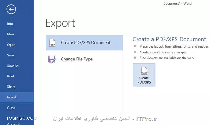 بسیار خوب و جامع، البته در Word 2013 *روش پنجم *را هم میتوان همانند تصویر زیر؛ استفاده از گزینه Export در منوی File و سپس انتخاب آیتمCreate PDF/XPS Document در نظر گرفت:
||http://network.tosinso.com/files/get/5efbb132-0442-4cbd-a44a-85bf09303622||