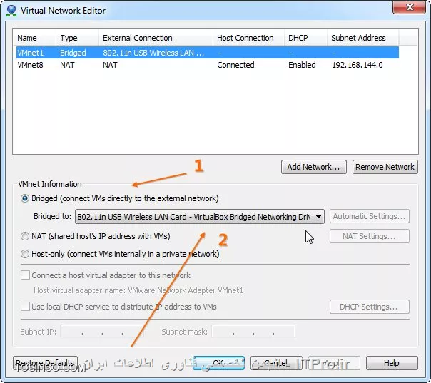 سلام . اگر ارتباط اصلی سیستم شما با اینترنت از طریق کارت وایرلس میباشد و میخواهید ارتباط vm های خود را از این طریق میسر سازید ، کافیست در برنامه vmware workstation وارد بخش virtual network editor شوید : 

||http://network.tosinso.com/files/get/689006b2-69e1-472d-aef3-137c86e6e132||

سپس مانند تصویر زیر گزینه bridge را انتخاب کنید  و سپس از میان کارتهای شبکه سیستم خود ، کارت شبکه ولیرلس ر اانتخاب کنید :

||http://network.tosinso.com/files/get/5f5069ee-9d3e-4370-abd9-5f28a8391ced||

با این کار vm های شما از طریق کارت شبکه وایرلس ( در صورتی که به منبع DHCP متصل باشند ) ip دریافت خواهند نمود ...